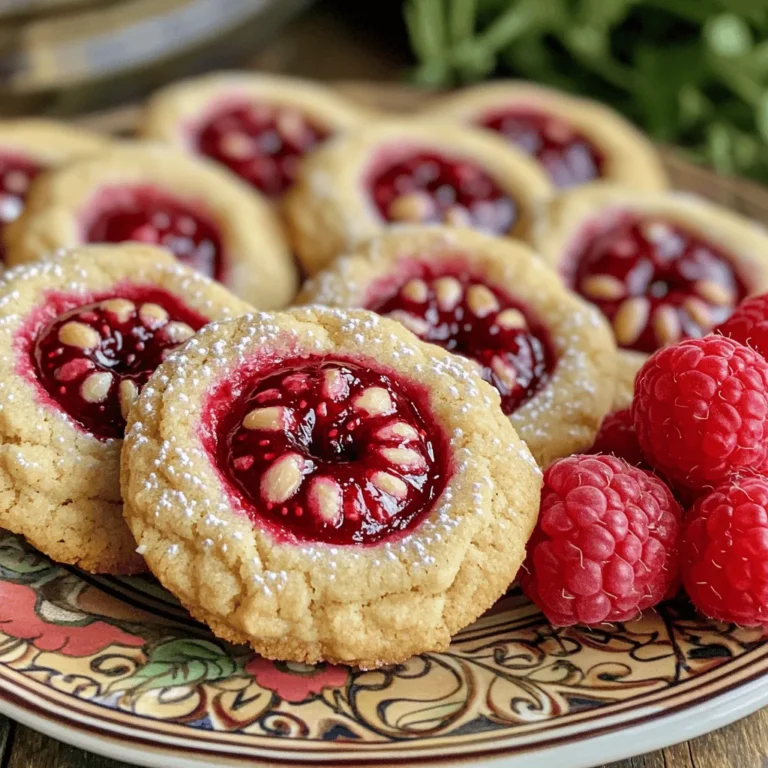 - 1 cup unsalted butter, softened - 3/4 cup granulated sugar - 1/4 cup brown sugar, packed - 1 large egg - 1 teaspoon almond extract - 2 cups all-purpose flour - 1/2 teaspoon baking powder - 1/4 teaspoon salt - 1/2 cup finely chopped almonds - 1/2 cup raspberry jam (or preserves) You can use alternative sweeteners if you want a healthier cookie. Try honey or maple syrup. Different jams also work well. You can use strawberry, apricot, or even lemon curd. If you want a nut-free version, replace almonds with seeds like sunflower or pumpkin. These changes keep the cookie tasty and fun! - Preheat your oven to 350°F (175°C). - Line two baking sheets with parchment paper. Start with a clean kitchen. Preheating the oven helps the cookies bake evenly. Lining the sheets keeps cookies from sticking. - Cream butter, granulated sugar, and brown sugar together. - Incorporate egg and almond extract. Next, grab a large bowl. Beat softened butter with both sugars until light. This takes about 2-3 minutes. Then, add the egg and almond extract. Mix until smooth. This gives the cookies their rich flavor. - Whisk together flour, baking powder, and salt. - Fold in chopped almonds. In another bowl, whisk the flour, baking powder, and salt. This step adds structure to the cookies. Now, gently fold in the chopped almonds. They add a nice crunch. - Scoop and roll dough into balls. - Make indents and fill with raspberry jam. Using a tablespoon, scoop the dough and roll it into balls. Each ball should be about 1 inch wide. Place them on the baking sheets, leaving space in between. Use your thumb to make a small indent in each ball. Fill the indent with raspberry jam. This is where the magic happens! - Bake for 12-15 minutes. - Cooling instructions after baking. Now, pop the trays in the oven. Bake for 12-15 minutes. Look for lightly golden edges. Once baked, let them cool on the sheets for 5 minutes. Then, transfer the cookies to wire racks to cool completely. Enjoy the sweet smell filling your kitchen! To make perfect Raspberry Almond Thumbprint Cookies, start by creaming the butter and sugars well. Use room temperature butter for smooth mixing. Blend them together until fluffy, about 2-3 minutes. This adds air, which helps the cookies rise. Next, when adding flour, don’t overmix. Mix just until you see no dry flour. Overmixing can make cookies tough. After mixing, fold in the finely chopped almonds gently. This keeps the dough light and airy. For the best freshness, store your cookies in an airtight container. This keeps them soft and tasty for days. You can also layer them with parchment paper to avoid sticking. If you want to save cookies for later, freezing is easy. Place baked cookies in a single layer on a baking sheet. Freeze until firm, then transfer to a container. They can last up to three months in the freezer. When ready to eat, just thaw and enjoy! Garnish your cookies with a light dusting of powdered sugar for a lovely touch. Serve them on a decorative plate with fresh raspberries. This makes a beautiful display. If you want to give these cookies as gifts, consider packaging them in clear bags tied with a ribbon. You can also use small boxes lined with tissue paper. This adds a personal touch and makes them feel special. {{image_2}} You can change the flavor by using different jams. Try strawberry, apricot, or blueberry jam. Each jam adds its unique twist. You can also add spices like cinnamon or nutmeg. A pinch of these spices brings warmth and depth to the cookies. Experiment to find your favorite mix! For gluten-free adaptations, swap all-purpose flour with a gluten-free blend. Many blends work well, so you can still enjoy these cookies. If you need vegan substitutions, use plant-based butter and a flax egg. Mix one tablespoon of ground flaxseed with three tablespoons of water. Let it sit for a few minutes until it thickens. This will bind your dough just right! Holiday-themed versions can be fun! Use red and green sprinkles for Christmas, or add peppermint extract for a fresh taste. You can also incorporate seasonal fruits. In fall, try using apple butter instead of jam. In summer, mix in fresh berries for a burst of flavor. These ideas will keep your cookies fresh and exciting all year long! To keep your Raspberry Almond Thumbprint Cookies fresh, use airtight containers. This helps keep them soft and prevents them from drying out. You can store them at room temperature in the pantry. If you want them to last longer, you can place them in the refrigerator. Just remember to let them come to room temperature before enjoying them. Raspberry Almond Thumbprint Cookies last about one week when stored properly. Look for any signs of spoilage. If they feel hard, smell off, or have visible mold, it's time to toss them. Fresh cookies should feel soft and smell sweet. To reheat your cookies without drying them out, use the oven or microwave. For the oven, preheat it to 300°F (150°C) and warm the cookies for about 5 minutes. If you use the microwave, heat them for 10-15 seconds. This way, your cookies will be warm and soft. Serve them warm for the best taste! Can I use different nuts in this recipe? Yes, you can use different nuts! Walnuts or pecans work great. Just chop them finely, like you would with almonds. This will give your cookies a new twist while keeping that crunchy texture. How do I prevent the cookies from spreading too much while baking? To stop the cookies from spreading, chill the dough for 30 minutes before baking. This helps keep their shape in the oven. Also, make sure your butter is softened, not melted. That keeps the dough firm. What to do if the dough is too sticky or dry? If the dough is too sticky, add a little more flour, one tablespoon at a time. Keep mixing until it's easier to handle. If the dough is too dry, add a teaspoon of water or milk and mix again. How can I tell when the cookies are done baking? The cookies are done when the edges are lightly golden. The centers might look a bit soft. They will firm up as they cool. Trust your eyes, but you can also use a toothpick to check! Can I make these cookies ahead of time? Yes, you can! You can make the dough a day ahead. Just wrap it in plastic wrap and store it in the fridge. You can also freeze the shaped cookies for up to three months. Just bake them straight from the freezer; they may need a minute or two extra. What are good drink pairings with these cookies? These cookies pair well with tea, coffee, or even milk! A nice herbal tea, like chamomile, can balance the sweet flavors. If you want something stronger, try a fruity red wine. It complements the raspberry jam nicely. In this blog post, I shared a simple guide to making Raspberry Almond Thumbprint Cookies. We covered the essential and optional ingredients, along with step-by-step instructions. I provided tips for perfecting your cookies, along with storage methods and variations to keep things fresh and exciting. Baking can be fun and rewarding. With these recipes and tips, you can create tasty treats. Enjoy sharing them with friends and family!