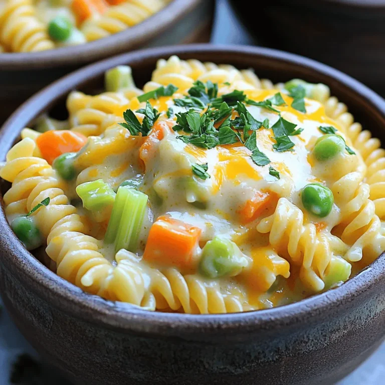 - 8 ounces of pasta (fusilli or rotini) - 1 tablespoon olive oil - 1 onion, diced - 2 carrots, diced - 2 celery stalks, diced - 2 cloves garlic, minced - 1 cup frozen mixed vegetables (peas, corn, green beans) - 1 teaspoon dried thyme - 1 teaspoon dried rosemary - 4 cups vegetable broth - 1 cup heavy cream or plant-based alternative - 1 cup shredded cheddar cheese (optional) - Salt and pepper to taste - Fresh parsley for garnish The main ingredients form the base of this dish. The pasta brings a hearty texture. I love using fusilli or rotini because they hold the sauce well. Olive oil adds richness and helps cook the veggies. Diced onion, carrots, and celery give a sweet and savory flavor. The additional ingredients enhance this dish. Garlic adds a nice aroma. Frozen mixed vegetables give color and nutrients. Thyme and rosemary bring herbal notes. Vegetable broth adds depth and helps cook the pasta. For the creamy components, heavy cream creates a rich sauce. You can use a plant-based option if you prefer. Shredded cheddar cheese adds flavor and creaminess, but it is optional. You can season with salt and pepper to your taste. Finally, fresh parsley makes a lovely garnish and adds a pop of color. All these ingredients come together to make a warm and comforting meal. - Heat 1 tablespoon of olive oil in a large pot over medium heat. - Add 1 diced onion, 2 diced carrots, and 2 diced celery stalks. - Sauté these vegetables for about 5 minutes. You want the onion to turn soft and clear. - Next, stir in 2 minced garlic cloves. Cook this for 1 more minute. - Add 1 cup of frozen mixed vegetables, 1 teaspoon of dried thyme, and 1 teaspoon of dried rosemary. Mix everything well to combine the flavors. - Pour in 4 cups of vegetable broth and bring it to a boil. - When it starts to boil, add 8 ounces of pasta, like fusilli or rotini. - Cover the pot and reduce the heat to low. Let it simmer for 10 to 12 minutes. Stir occasionally to keep the pasta from sticking. - After cooking, remove the pot from heat. - Stir in 1 cup of heavy cream and 1 cup of shredded cheddar cheese, if you want. - Season with salt and pepper to taste. Let it sit for a few minutes to thicken before serving. To get the right texture in your One-Pot Creamy Vegetable Pot Pie Pasta, let it sit for a few minutes after cooking. This time helps the dish thicken. You can also adjust the creaminess. If you want it richer, add more heavy cream. If you prefer it lighter, use less. Pasta can stick to the pot if you're not careful. Stir it occasionally while it cooks. This simple act helps keep the pasta moving and prevents sticking. Also, make sure there is enough liquid in the pot. If the pasta absorbs too much broth, it may clump together. For the best presentation, serve the pasta in deep bowls. This makes it look more inviting. You can enhance the dish's appeal by garnishing it with fresh parsley. A sprinkle of extra cheese on top also adds a nice touch. These small details can turn a simple meal into a delightful dish. {{image_2}} You can change your pasta type for fun. Swap fusilli or rotini for penne or shells. Each shape brings a new texture. Try whole grain or gluten-free pasta too. This keeps the dish fresh and exciting. Want to add protein? Cooked chicken or tofu works great. Chicken adds a hearty bite. Tofu makes it plant-based and filling. You can also use beans or lentils for extra protein. Just mix them in with the vegetables. Use fresh or seasonal veggies based on what you find. Carrots, peas, or zucchini all taste great. You can even add spinach or bell peppers. This keeps the dish colorful and packed with nutrients. Look at your local market for ideas. To keep your One-Pot Creamy Vegetable Pot Pie Pasta fresh, store leftovers in an airtight container. Make sure to let the dish cool down before sealing it up. This method helps lock in moisture and flavor. You can safely refrigerate it for up to three days. If you want to freeze this creamy pasta dish, portion it into freezer-safe containers. Leave some space at the top for expansion. This dish can last in the freezer for up to three months. When you’re ready to enjoy it again, thaw it overnight in the fridge for best results. To reheat the pasta, warm it gently on the stove over low heat. Add a splash of vegetable broth or cream to help maintain its creaminess. Stir often to prevent sticking. You can also use the microwave, but cover it to keep moisture in. Heat in short bursts, stirring in between, until hot. Enjoy your creamy pasta as if it was just made! Yes, you can make this dish vegan. To do this, swap heavy cream with a plant-based cream. There are many options like coconut or almond cream. You can also replace cheddar cheese with vegan cheese. This way, you keep the creamy taste without using dairy. If you don’t have the exact vegetables, don’t worry! You can use any fresh or frozen veggies you like. Zucchini, bell peppers, or even spinach work well. You can also skip the mixed vegetables entirely. The pasta will still taste great. Just be sure to keep the flavors with herbs. This creamy vegetable pot pie pasta lasts about three to four days in the fridge. Store it in an airtight container to keep it fresh. When you’re ready to eat, just reheat it on the stove or in the microwave. You may need to add a splash of broth or cream to restore the creamy texture. This creamy pasta dish combines simple ingredients for a big flavor. You start with sautéed vegetables, then add broth and pasta for a comforting meal. Finish it with cream and cheese for richness. Remember to adjust the cream for your perfect consistency. Feel free to swap ingredients or add protein. Store leftovers properly so they stay fresh. With these tips, you can enjoy this dish any time. Make it your own and share it with others for a wonderful experience.