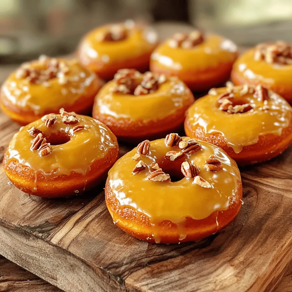 - 1 cup pure pumpkin puree - 2 cups all-purpose flour - 1 cup light brown sugar, packed - 1/2 cup granulated sugar - 2 teaspoons baking powder - 1 teaspoon baking soda - 1 teaspoon ground cinnamon - 1/2 teaspoon ground nutmeg - 1/2 teaspoon ground ginger - 1/2 teaspoon salt - 1/2 cup unsweetened applesauce - 1 large egg - 1/4 cup milk (dairy or non-dairy) - 1 teaspoon vanilla extract - 1 cup powdered sugar - 2 tablespoons pure maple syrup - 2 tablespoons milk (dairy or non-dairy) - A pinch of salt When I make maple glazed pumpkin donuts, I gather all my ingredients first. This helps me stay organized and focused. I love the warm, cozy flavors of pumpkin and spices. The pure pumpkin puree gives the donuts a rich taste and moist texture. The blend of flour, sugars, and baking agents makes a light and fluffy donut. Spices like cinnamon, nutmeg, and ginger add warmth and depth. Applesauce keeps the donuts soft, while the egg binds everything together. For the glaze, I use powdered sugar mixed with maple syrup. This gives a sweet, sticky finish. The glaze adds a shiny touch, making the donuts look extra inviting. A pinch of salt balances the sweetness perfectly. Having these ingredients ready sets the stage for a fun and tasty baking experience. 1. Preheat the oven to 350°F (180°C). 2. Grease a donut pan or line it with liners. 1. In a large mixing bowl, combine the wet ingredients: pumpkin puree, unsweetened applesauce, egg, milk, and vanilla extract. Mix until smooth. 2. In another bowl, mix the dry ingredients: flour, brown sugar, granulated sugar, baking powder, baking soda, ground cinnamon, nutmeg, ginger, and salt. 3. Gradually add the dry mix to the wet mix. Stir carefully until just combined. The batter should be thick but still smooth. 1. Spoon or pipe the batter into the donut pan. Fill each cavity about 2/3 full. 2. Bake for 12-15 minutes. Check if done by inserting a toothpick in the center. It should come out clean. 3. Let the donuts cool in the pan for about 5 minutes. Then, transfer them to a wire rack to cool completely. To get the best donuts, avoid overmixing the batter. Overmixing can make them tough. Mix until the dry and wet ingredients are just combined. The batter should be thick and smooth. The right baking time and temperature is key. Preheat your oven to 350°F (180°C). Bake for 12 to 15 minutes. When done, a toothpick should come out clean. Don’t open the oven too soon. Letting heat escape can ruin your donuts. Achieving a smooth glaze is easy. Mix powdered sugar, maple syrup, milk, and a pinch of salt. Whisk until the mixture is smooth and pourable. Make sure there are no lumps. When dipping the donuts, let them cool first. Dip the tops into the glaze, letting excess drip off. This gives a nice coating. Place them back on a wire rack to set. Serving your donuts can be fun. Arrange them on a rustic wooden board. A decorative platter also works well. For added flair, drizzle any leftover glaze over the donuts. You can also sprinkle chopped pecans or walnuts on top. This adds a nice crunch and looks great. {{image_2}} You can add a fun twist to your donuts. One easy option is adding chocolate chips. Just fold in about 1 cup of mini chocolate chips into the batter before you spoon it into the pan. This gives a nice sweet bite with every donut. Another fun idea is incorporating nuts or dried fruits. Chopped pecans or walnuts add crunch and flavor. If you like dried fruits, try raisins or cranberries for a chewy texture. Just add about 1/2 cup of either to the batter. If you need gluten-free donuts, you can swap all-purpose flour for a gluten-free blend. Many blends work well in a one-to-one ratio. This way, you can enjoy these tasty donuts without worry. For a dairy-free version, use almond milk or oat milk instead of regular milk. You can also replace the egg with a flax egg. Mix 1 tablespoon of ground flaxseed with 2.5 tablespoons of water. Let it sit for five minutes before adding it to your wet mix. This keeps the donuts moist and fluffy. To keep your maple glazed pumpkin donuts fresh, use an airtight container. Line the bottom with a paper towel to absorb moisture. Place the donuts in a single layer. If you have many donuts, add another paper towel and layer them. Store the container at room temperature for up to three days. For longer storage, consider the freezer. You can freeze these donuts for later enjoyment. Allow them to cool completely. Wrap each donut in plastic wrap, then in aluminum foil. Place the wrapped donuts in a freezer-safe bag. They will stay fresh for up to three months. When you want a donut, just pull one from the freezer. To reheat your pumpkin donuts, use the oven for best results. Preheat your oven to 350°F (175°C). Place the donuts on a baking sheet. Heat them for about 5-7 minutes. This warms them while keeping the texture nice. If you prefer, you can also use a microwave. Heat for about 10-15 seconds. But be careful; this can make them a bit soggy. Enjoy your delicious treats! How to make donuts without a donut pan? You can use a muffin pan instead. Fill each muffin cup about halfway with batter. Bake for about 15-18 minutes. The shape will be different, but they will still taste great! Can I use fresh pumpkin instead of puree? Yes, you can use fresh pumpkin. Just cook it, mash it, and strain it until smooth. This adds a nice, fresh flavor to your donuts. How long do pumpkin donuts last? Pumpkin donuts last about 3-5 days if stored in an airtight container. Keep them at room temperature. They may last longer in the fridge. Can I make these donuts ahead of time? Yes! You can make these donuts a day ahead. Just store them in an airtight container. Glaze them right before serving for the best taste. What can I substitute for eggs in this recipe? You can use unsweetened applesauce as an egg substitute. Use 1/4 cup of applesauce for each egg. This keeps the donuts moist and delicious. These pumpkin donuts are easy to make with simple ingredients and steps. You have learned how to prepare the batter, bake, and glaze your donuts. Remember to avoid overmixing and try different flavors or diets. Store them well to keep them fresh. You can even freeze them for later. Making these donuts is fun and rewarding. Enjoy sharing them with friends and family. Your kitchen is ready for a pumpkin treat!