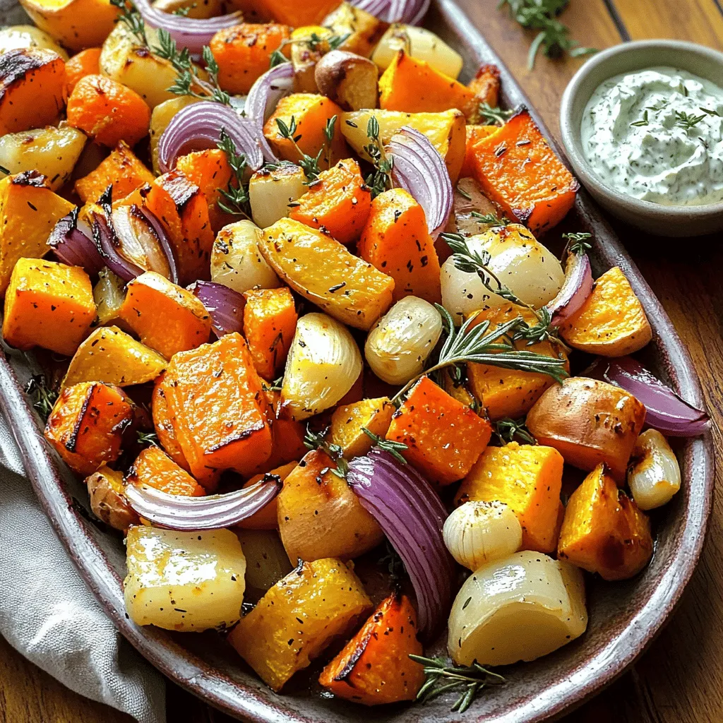 - 4 medium carrots, peeled and cut into chunks - 3 medium parsnips, peeled and cut into chunks - 2 medium sweet potatoes, peeled and cubed - 1 medium red onion, quartered - 4 cloves garlic, whole You need these root vegetables for a great flavor base. Carrots add a sweet crunch, while parsnips bring a nutty taste. Sweet potatoes offer a creamy texture, and red onion adds a nice bite. Garlic gives it a warm, rich flavor. - 3 tablespoons olive oil - 2 teaspoons fresh rosemary, chopped - 2 teaspoons fresh thyme, chopped - 1 teaspoon smoked paprika - Salt and pepper to taste Oil helps the veggies roast well. Olive oil adds a fruity note. Fresh herbs like rosemary and thyme boost the flavor. Smoked paprika gives a hint of heat. Salt and pepper balance everything out. - Mixing bowl - Baking sheet - Oven You will need a large mixing bowl to toss the veggies. A baking sheet helps roast them evenly. Preheat your oven to 400°F (200°C) for the best results. This setup is simple and makes cooking fun! Start by washing your root vegetables. Rinse each one under cold water to remove dirt. Next, peel the carrots, parsnips, and sweet potatoes. I use a vegetable peeler for this. Cut the carrots and parsnips into chunks, about one inch wide. Cube the sweet potatoes into similar sizes. Quarter the red onion and keep the garlic whole. This mix of shapes helps them cook evenly. In a large mixing bowl, add all your chopped vegetables. Drizzle three tablespoons of olive oil over them. This oil helps the veggies roast nicely. Sprinkle in two teaspoons of chopped rosemary and two teaspoons of chopped thyme. Add one teaspoon of smoked paprika, salt, and pepper to taste. Toss everything together until all the pieces are coated in oil and spices. This step brings out the flavors in each vegetable. First, set your oven temperature to 400°F (200°C). While it heats, spread the seasoned vegetables onto a large baking sheet. Make sure they are in a single layer for even roasting. Roast the vegetables for about 30-35 minutes. Stir them halfway through cooking for even browning. Check for doneness by piercing a sweet potato or carrot with a fork. If it goes in easily, they are ready! Once done, let them cool for a few minutes before serving. To get that nice caramel color, follow these steps: - Cut vegetables into uniform sizes. This helps them cook evenly. - Use enough olive oil. It keeps the veggies from drying out. - Don’t overcrowd the baking sheet. This helps air flow and browning. - Stir halfway through cooking. It ensures all sides caramelize well. Try these herbs and spices to boost flavor: - Fresh sage adds a warm, earthy taste. - Thyme pairs nicely with root veggies too. - A pinch of cayenne pepper gives a gentle heat. - Add lemon zest for a bright, fresh note. Here are some fun ways to serve your dish: - Present the veggies on a large, colorful platter. - Sprinkle fresh herbs on top for a pop of color. - Serve with a bowl of tzatziki or yogurt for dipping. - Pair with grilled meats or a hearty grain for a full meal. {{image_2}} You can easily switch up root vegetables in this dish. Beets add a sweet, earthy taste. Turnips bring a nice peppery note. Rutabaga gives a creamy texture. Each vegetable brings its flavor, making the dish unique. Feel free to play with herbs. Oregano and basil give a fresh kick. Dill can add a nice twist. You can also use parsley for bright flavor. Mix and match to find your favorite blend. Want to make this dish more filling? Add protein! Chicken works great. Just cut it into pieces and roast it with the veggies. You can also use beans for a plant-based option. Chickpeas add a nice crunch and are full of protein. These additions keep the meal balanced and hearty. To keep leftover roasted vegetables fresh, use airtight containers. Glass or plastic containers work well. Make sure to let the vegetables cool before sealing. This helps avoid moisture build-up, which can make them soggy. Store the containers in the fridge. They should last about 3 to 5 days. For the best taste, reheat your vegetables in the oven. Preheat it to 350°F (175°C). Place the vegetables on a baking sheet. Heat for about 10 to 15 minutes. This keeps them crispy and tasty. You can also use a microwave for quick reheating. Just cover the bowl to keep moisture in. Heat for 1-2 minutes, stirring halfway through. To freeze roasted root vegetables, let them cool first. Spread them in a single layer on a baking sheet. Place the sheet in the freezer for 1-2 hours. Once frozen, transfer the vegetables to freezer bags. Squeeze out as much air as possible. They can last up to 3 months in the freezer. To thaw, move the bag to the fridge overnight or use the microwave for a quick thaw. Yes, you can use frozen root vegetables. They are easy and quick to prepare. However, frozen veggies may not roast as well as fresh ones. They can become mushy or watery. If you use frozen vegetables, try to thaw them first. Pat them dry to remove excess moisture. This helps them roast better and get crispy. Many herbs work great with root vegetables. Here are some of my favorites: - Rosemary - Thyme - Sage - Parsley - Oregano These herbs add fresh flavor. Rosemary and thyme are my top choices for this dish. They enhance the natural sweetness of the veggies. You can mix and match based on your taste. Making this recipe vegan is simple. Just replace the olive oil with another oil, like avocado or coconut oil. You can skip any dairy-based sauces too. Instead, use a vegan yogurt or tahini sauce for dipping. These choices will keep the dish plant-based while still being tasty. Roasting root vegetables is simple and rewarding. You learned how to choose tasty ingredients, season them well, and roast them for perfect texture. Use fresh herbs and spices to boost flavor and get creative with serving options. Feel free to try different vegetables and add proteins for a more filling dish. Storing leftovers is easy too. Enjoy your delicious creation today or save some for later. Happy roasting!