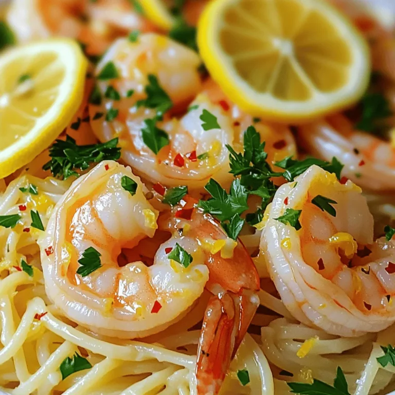 - 1 pound large shrimp, peeled and deveined - 4 tablespoons unsalted butter - 4 tablespoons olive oil - 4 cloves garlic, minced - Zest of 1 lemon - Juice of 2 lemons - 1 teaspoon red pepper flakes (adjust to taste) - Salt and pepper to taste - 1/2 cup fresh parsley, chopped - 8 ounces linguine or spaghetti - Optional: Lemon slices for garnish In this recipe, you need fresh ingredients for the best taste. Start with large shrimp that are already peeled and deveined. This saves time and makes cooking easier. Next, you will need unsalted butter and olive oil. These two fats add richness and flavor to the dish. Garlic is a must, as it brings a warm, fragrant taste. The zest and juice of one lemon will brighten the dish. You can adjust the red pepper flakes based on your spice level. Salt and pepper are vital for seasoning, while fresh parsley adds a nice pop of color. Finally, choose either linguine or spaghetti for the pasta. This will hold the sauce well. If you like, garnish with lemon slices for a lovely finish. Gather these ingredients, and you are ready to make a delicious Lemon Garlic Shrimp Scampi. Enjoy the process! - Bring salted water to a boil in a large pot. - Cook linguine according to the package instructions until al dente. - In a large skillet over medium heat, melt 2 tablespoons of butter and 2 tablespoons of olive oil together. - Season shrimp with salt and pepper before adding them to the skillet. - Sauté 4 cloves of minced garlic and 1 teaspoon of red pepper flakes in the skillet for about 1 minute. This will create a lovely aroma. - Once fragrant, add the shrimp. Cook for 2-3 minutes on each side until they turn pink and opaque. - Combine the shrimp with the zest of 1 lemon and the juice of 2 lemons. This brightens the dish and adds zest. - If the mix feels too dry, splash in some reserved pasta water to loosen it. This method ensures each component shines while maintaining a beautiful balance of flavors. Enjoy the process! For great shrimp, cook them for just 2-3 minutes on each side. They should turn pink and opaque. To check for doneness, cut one open. The inside should be white and firm, not translucent. Overcooking makes shrimp rubbery, so keep an eye on them! Add splashes of reserved pasta water to get a creamy sauce. This water has starch from the pasta, which helps thicken the sauce. If the sauce looks too thin, more water can help. Stir in the butter and olive oil at the end for a rich, smooth texture. Garnish the dish with chopped parsley and lemon slices. This makes the dish look fresh and inviting. Serve it in a large bowl or on plates. The vibrant colors of the shrimp and lemon will catch everyone's eye. Enjoy the beauty of your dish as much as the taste! {{image_2}} If you want to switch things up, try different proteins. Chicken is a great choice. Just cut it into small pieces and cook it like the shrimp. You can also use scallops or lobster. They both add a rich flavor. If you prefer plant-based options, try tofu or tempeh. They soak up all the tasty garlic and lemon. Adding veggies can make this meal more colorful and healthy. Spinach is perfect. Just toss it in the pan at the end until it wilts. Cherry tomatoes add sweetness and color. Cut them in half and add them with the shrimp. Seasonal vegetables are great too. Think bell peppers or zucchini. Just slice them thinly and cook them with the garlic. If you need a gluten-free dish, use gluten-free pasta. Many brands make great options that taste awesome. You can also serve the shrimp over rice or quinoa. This choice keeps the dish light and fresh. Another option is to skip the pasta and serve it as a salad with greens. Add the shrimp on top for a filling meal. To keep your Lemon Garlic Shrimp Scampi fresh, store it in an airtight container. Refrigerate it within two hours of cooking. This helps keep the shrimp juicy and the flavors bright. If you want to freeze your leftovers, place them in a freezer-safe container. Use parchment paper between layers to avoid sticking. Label with the date. This way, you can enjoy it later. The best way to reheat Lemon Garlic Shrimp Scampi is on the stove. Heat a skillet over low to medium heat. Add a splash of olive oil or butter to help restore moisture. Stir often to ensure even heating. Avoid using the microwave, as it can make the shrimp rubbery. If you must use a microwave, do it in short bursts and stir in between. Leftovers can last in the fridge for up to three days. After that, the shrimp may spoil. Look for changes in color or smell. If your dish smells off or the shrimp looks discolored, it's best to toss it. Always prioritize safety when it comes to food! You can add many tasty ingredients to Lemon Garlic Shrimp Scampi. Here are some ideas: - Cherry tomatoes: They add sweetness and color. - Spinach: This offers a nice green touch and extra nutrients. - Mushrooms: They give a rich, earthy flavor. - White wine: A splash enhances the sauce. - Asparagus: This adds crunch and freshness. Feel free to mix and match these options. Each ingredient will bring unique flavors to your dish! Yes, you can prepare this dish ahead of time. Here are some meal prepping tips: - Cook the shrimp and pasta: You can store them in the fridge but keep them separate. - Make the sauce: Prepare the garlic and lemon sauce in advance. Store it in an airtight container. - Reheat before serving: When ready to eat, just combine everything in a pan. Add some pasta water to keep it moist. This dish tastes best fresh, but prepping helps save time on busy nights! Lemon Garlic Shrimp Scampi can be spicy if you want it to be. The red pepper flakes add heat. Here’s how to adjust it: - Add less: Use half a teaspoon if you prefer mild spice. - Skip them: Leave out red pepper flakes for no heat. - Add more: For more spice, increase the amount to your taste. Customize the heat to fit your preference! This blog post covered every step to make Lemon Garlic Shrimp Scampi. You learned the key ingredients, instructions, and plenty of tips. We explored variations for different tastes and storage methods for leftovers. In conclusion, this dish is easy and full of flavor. With just a few simple steps, you can impress at dinner. Don't hesitate to try new ingredients or adjust the spice. Enjoy your cooking and delicious meals ahead!