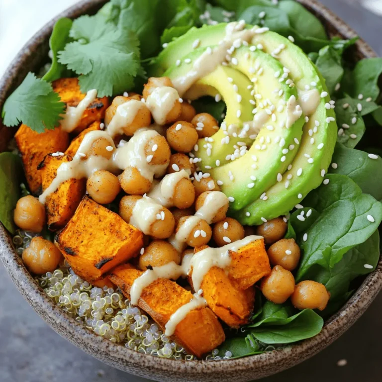 - 2 medium sweet potatoes, cubed - 1 can (15 oz) chickpeas, drained and rinsed - 1 avocado, sliced Sweet potatoes are the star of this bowl. They add natural sweetness and a creamy texture. Chickpeas bring protein and fiber, making the meal filling. Avocado gives a smooth finish and healthy fats. - 1 tablespoon olive oil - 1 teaspoon smoked paprika - ½ teaspoon garlic powder - ½ teaspoon cumin - Salt and pepper, to taste - 2 cups cooked quinoa - ¼ cup tahini - 2 tablespoons lemon juice Olive oil helps roast the sweet potatoes perfectly. The spices bring warmth and flavor. Quinoa serves as a hearty base, while tahini adds creaminess to the dressing. - 1 tablespoon maple syrup (optional for sweetness) - Sesame seeds, for garnish - Fresh cilantro, for garnish Maple syrup can sweeten the tahini dressing. Sesame seeds and cilantro add a fresh touch. Feel free to adjust these add-ins to suit your taste! 1. First, preheat your oven to 400°F (200°C). This helps the sweet potatoes cook well. 2. Next, in a large bowl, toss the cubed sweet potatoes and drained chickpeas. Add 1 tablespoon of olive oil. 3. Sprinkle in 1 teaspoon of smoked paprika, ½ teaspoon of garlic powder, and ½ teaspoon of cumin. 4. Season with salt and pepper to taste. Mix until everything is well-coated. 1. Spread the sweet potato and chickpea mix evenly on a baking sheet lined with parchment paper. 2. Roast in the oven for 20-25 minutes. Stir the mixture halfway through. This ensures even cooking. 3. Look for tender sweet potatoes that are slightly crispy on the edges. This gives a nice texture. 1. While the veggies roast, prepare your dressing. In a bowl, whisk together ¼ cup of tahini, 2 tablespoons of lemon juice, and maple syrup if you want extra sweetness. 2. Add enough water (about 2-4 tablespoons) to reach your desired consistency. Set the dressing aside. 3. In your serving bowls, layer 2 cups of cooked quinoa. Add a handful of baby spinach on top. 4. Next, pile on the roasted sweet potatoes and chickpeas. 5. For creaminess, arrange sliced avocado on top. 6. Drizzle the tahini dressing over the bowl, and sprinkle sesame seeds and fresh cilantro as a final touch. To achieve the perfect roast for your sweet potatoes and chickpeas, follow these steps: - Cut your sweet potatoes into even cubes. This helps them cook at the same rate. - Use a hot oven at 400°F (200°C). This gives them a nice crispy edge. - Spread them out on the baking sheet. This allows hot air to circulate around each piece. - Stir halfway through roasting. This ensures even cooking and browning. For fluffy quinoa, make sure you: - Rinse the quinoa before cooking. This removes the bitter coating. - Use a 2:1 water-to-quinoa ratio. This keeps it light and airy. - Let it rest after cooking. Cover it and let it sit for 5 minutes. Then fluff with a fork. To adjust your tahini dressing texture, keep these tips in mind: - Add water slowly. Start with 2 tablespoons and mix well. - Check the thickness. If it’s too thick, add more water until you reach your desired consistency. For flavor enhancements in your dressing, consider: - Adding garlic or ginger. This will boost the flavor profile. - Mix in herbs like parsley or dill. Fresh herbs add a bright taste. For ideal toppings that add flavor, I suggest: - Sliced almonds or walnuts. They add crunch and nutrition. - Feta cheese or crumbled goat cheese. This adds a creamy, salty bite. To customize this Buddha bowl based on dietary preferences: - Use quinoa or brown rice. Both are great base options. - Add protein sources like lentils or tofu. These can make the meal heartier. - If you prefer it spicy, sprinkle some chili flakes or drizzle hot sauce on top. {{image_2}} You can easily change the protein in your Buddha bowl. Lentils are a great swap for chickpeas. They cook quickly and add a nice texture. You can also use other beans like black beans or kidney beans. Tofu and tempeh are two more options. They soak up flavors well. Just pan-fry or bake them to get a nice crisp. If you want a different grain, try brown rice or farro. These grains bring their own unique flavors and textures. They also make the bowl hearty. Another fun option is to serve your Buddha bowl over greens. Baby spinach or kale can replace grains for a lighter meal. You can mix up the flavors in your Buddha bowl. For a Mediterranean twist, add olives, feta cheese, or sun-dried tomatoes. These ingredients bring bright flavors. If you prefer an Asian vibe, try sesame oil, edamame, or pickled vegetables. Each of these changes creates a new taste experience. To store leftovers, place them in an airtight container. This keeps the sweet potatoes and chickpeas fresh. You should aim to refrigerate them within two hours after cooking to avoid bacteria growth. Use the leftovers within three to four days for best taste. To keep ingredients fresh, store cooked quinoa separately. It can dry out if mixed with other items. Place it in a container with a lid, and it will stay soft. Keeping ingredients separate helps maintain their textures and flavors. You can freeze cooked components like sweet potatoes and chickpeas. First, allow them to cool completely. Then, transfer them to freezer bags. Remove as much air as you can before sealing to prevent freezer burn. When ready to use, take them out and let them defrost in the fridge overnight. You can also reheat them straight from the freezer. Just put them in the oven at 350°F for about 15-20 minutes. In the fridge, the Sweet Potato Chickpea Buddha Bowl can last about three to four days. Beyond that, flavors may fade and textures may change. Look for signs of spoilage. If you see mold or an off smell, it’s time to toss it. Fresh ingredients like avocado can spoil faster, so check those first. Enjoy your meal while it's fresh for the best experience! A Buddha bowl is a colorful, healthy meal in a bowl. It usually has a base like grains or greens. You then add veggies, protein, and a tasty sauce on top. The Sweet Potato Chickpea Buddha Bowl includes roasted sweet potatoes, chickpeas, and quinoa. It’s a balanced meal with flavors and textures. This bowl is great for lunch or dinner. You can customize it with your favorite ingredients. Yes, this recipe is vegan! All the ingredients come from plants. Sweet potatoes, chickpeas, quinoa, and avocado are vegan-friendly. The tahini dressing adds creaminess without any animal products. You can enjoy this bowl knowing it meets vegan standards. To make this recipe gluten-free, use certified gluten-free quinoa. The chickpeas and sweet potatoes are naturally gluten-free, making them safe too. Always check your tahini for gluten-free labels. This way, you can enjoy your Buddha bowl without worrying about gluten. This blog covers a tasty Buddha bowl made with fresh ingredients and pantry staples. You learned how to roast sweet potatoes and chickpeas to perfection. We explored dressing options, cooking tips, and customizations for your bowl. You can mix and match ingredients based on your tastes and dietary needs. Remember to store leftovers properly to keep them fresh. Enjoy your healthy meal that’s good for you and your body!