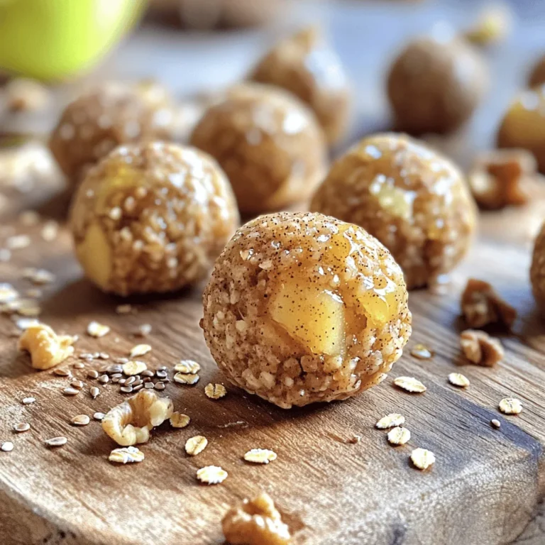 - 1 cup rolled oats - 1 cup almond butter (or your preferred nut butter) - 1/2 cup dried apples, chopped - 1/4 cup honey or maple syrup - 1 teaspoon cinnamon - 1/2 teaspoon vanilla extract - 1/4 cup ground flaxseed - 1/4 cup chopped walnuts or pecans (optional) - Pinch of sea salt What are the health benefits of oats? Oats are great for your heart. They help lower cholesterol. They also have fiber, which keeps you full longer. This can help with weight control. What are the advantages of almond butter? Almond butter is packed with good fats. It gives you energy and keeps you going. It also has protein, which helps build muscles. Why are dried fruits and nuts important? Dried fruits like apples add natural sweetness. They also give vitamins and minerals. Nuts, like walnuts or pecans, add crunch and healthy fats. They are great for brain health too. These ingredients come together to make a tasty and healthy snack. You can enjoy these energy bites anytime for a quick boost! To start, gather a large mixing bowl. Add these dry and wet ingredients: - 1 cup rolled oats - 1 cup almond butter (or any nut butter of choice) - 1/2 cup dried apples, chopped - 1/4 cup honey or maple syrup - 1 teaspoon cinnamon - 1/2 teaspoon vanilla extract - 1/4 cup ground flaxseed - 1/4 cup chopped walnuts or pecans (optional) - Pinch of sea salt Mixing is key. I like to use my hands to blend well. This ensures all flavors come together. You want a sticky, cohesive mixture. If it feels dry, add a bit more nut butter. Now, it’s time to shape the bites. Use a tablespoon or a small cookie scoop. Form the mixture into balls about 1 inch wide. This size makes them easy to eat. Place the shaped bites on a parchment-lined baking sheet or a plate. For evenness, try to keep them all the same size. Once shaped, refrigerate the energy bites for at least 30 minutes. This helps them firm up nicely. After chilling, transfer them to an airtight container. They will stay fresh in the fridge for up to a week. You can also freeze them for a month. Enjoy these bites as a quick snack or energy boost! To get the best texture in your energy bites, follow these tips: - Use rolled oats instead of quick oats. They give a chewy bite. - Mix the almond butter well with dry ingredients. This helps bind everything. - If you want a softer bite, add a bit more almond butter. - For a firmer bite, add a touch more ground flaxseed. - Adjust the sweetness by adding more honey or maple syrup if needed. Watch out for these common mistakes: - Overmixing can turn your mixture too wet. Keep it just combined. - Under-mixing can leave dry pockets of oats. You want a uniform mix. - Don’t add too much moisture. Excess liquid makes them sticky and hard to shape. Here are some fun ways to enjoy your energy bites: - Pair them with yogurt for a quick breakfast. - Crumble them on top of oatmeal for extra flavor. - Use them as a sweet treat after a workout. - Try them as a snack with apple slices or cheese. {{image_2}} You can change the flavor of your energy bites easily. Try using different nut butters, like peanut or cashew. Each nut butter gives a new taste and texture. You can also add cocoa powder for a chocolate twist. Chocolate chips work well too. They add sweetness and richness to the bites. If you need gluten-free options, use gluten-free oats. This keeps the bites safe for all diets. For sweeteners, consider using agave syrup instead of honey or maple syrup. This makes the recipe vegan-friendly. You can enjoy the bites while meeting your dietary needs. To match the seasons, add fall spices like nutmeg or ginger. They give a warm flavor that is perfect for autumn. You can also mix in fresh fruit like berries in summer. This keeps the energy bites light and refreshing. Enjoy these fun twists all year round! To keep your Apple Cinnamon Energy Bites fresh, use an airtight container. This helps lock in flavor and moisture. You can store them in the refrigerator for up to a week. If you want them to last longer, freeze them for up to a month. Just remember to label the container with the date! If you freeze your energy bites, they might lose some texture. To fix this, let them sit at room temp for a while. This will soften them back up. You can also chop them into pieces and mix them into yogurt or oatmeal for a tasty snack. They work well in smoothies too! Always check your energy bites for signs of spoilage. If they smell off or look discolored, it’s best to toss them. Look for any mold or unusual textures. Regularly check the ingredients, especially if you used dried fruits or nuts, as these can spoil faster. Keeping an eye on freshness will ensure you enjoy your snacks safely! Apple Cinnamon Energy Bites last about one week in the fridge. You can keep them in an airtight container. If you freeze them, they stay good for up to one month. Just remember to thaw them in the fridge before enjoying. Yes, you can make these energy bites nut-free. Simply swap out almond butter for sunflower seed butter. This change keeps the bites tasty while avoiding nuts. You can use different sweeteners for these bites. Consider agave syrup, maple syrup, or brown rice syrup. Each option offers a unique flavor but keeps the bites sweet. Absolutely! You can double the recipe to make more bites. Just remember to adjust your mixing bowl size. More bites mean more energy for your day. Serve energy bites as a fun snack for kids. You can add colorful fruit or yogurt on the side. You can also let them help shape the bites for extra fun in the kitchen. You now have a clear path to make tasty Apple Cinnamon Energy Bites. We covered essential ingredients, their health benefits, and easy steps to prepare them. Remember to chill and store your bites correctly for the best results. Use our tips to avoid mistakes and discover fun variations. These bites are not only good for you but also flexible to match your tastes. Enjoy making and sharing this simple, nutritious snack that kids will love. Get ready to keep your energy up!