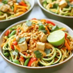 - 2 medium zucchinis, spiralized into zoodles - 1 cup bell peppers, sliced (mixed colors) - 1 cup snap peas, trimmed I love using fresh, colorful veggies in this dish. Zucchini makes a great noodle base. It adds crunch and a slight sweetness. Bell peppers bring a pop of color and flavor. Snap peas add a nice snap when you bite into them. - 1 cup cooked chicken, cubed - 1 cup tofu, cubed You can choose between chicken or tofu. Chicken adds protein and flavor. Tofu is a great choice for a vegetarian meal. It absorbs the sauce well. Both options work great in this stir fry. - 3 tablespoons creamy peanut butter - 2 tablespoons soy sauce (or tamari for gluten-free) - 1 tablespoon sesame oil - 1 tablespoon honey or maple syrup The sauce is the star of this dish. Creamy peanut butter gives it richness. Soy sauce adds saltiness. Sesame oil brings a nutty flavor. Honey or maple syrup adds a touch of sweetness. This blend makes every bite delicious. First, I heat a large skillet over medium heat. I add 1 tablespoon of sesame oil to the pan. Once the oil is hot, I toss in 2 cloves of minced garlic and 1 teaspoon of grated ginger. I sauté them for about 30 seconds. The kitchen fills with a lovely aroma. Next, I add 1 cup of sliced bell peppers, 1 cup of trimmed snap peas, and 1 small julienned carrot to the skillet. I stir-fry these veggies for 2-3 minutes. They start to soften but still keep some crunch. Then, I add 1 cup of cubed cooked chicken or tofu. I stir everything together and cook for an additional 2 minutes. While the veggies cook, I prepare the sauce. In a small bowl, I mix 3 tablespoons of creamy peanut butter, 2 tablespoons of soy sauce, 1 tablespoon of honey or maple syrup, and 1 tablespoon of lime juice. I stir until the mixture is smooth. If the sauce is too thick, I add a tablespoon of water. This helps me reach the right consistency. Now, I pour the peanut sauce over the stir-fry in the skillet. I make sure to coat all the veggies and protein evenly. Then, I add 2 medium spiralized zucchinis, or zoodles, to the mix. I gently toss everything together for another minute. I want the zoodles to be heated through but still crunchy. Finally, I season with salt and pepper to taste. I remove the skillet from heat and garnish with chopped cilantro and crushed peanuts. - To keep zoodles crunchy, cook them last. Add them to the skillet for just one minute. This helps them stay firm and keep their texture. - Avoid soggy zoodles by not overcooking them. If you cook them too long, they will release water and become mushy. - You can add many different vegetables. Try broccoli, mushrooms, or bok choy for extra color and nutrition. - If you want to switch proteins, use shrimp, beef, or chickpeas. For a vegan option, tofu works great and absorbs flavors well. - Adding garnishes like lime wedges or chili flakes gives a fresh kick. They make the dish look nice too! - If you want more sauce, just mix extra peanut butter and soy sauce. This can make your stir fry richer and even more delicious. {{image_2}} To keep your Thai Peanut Zoodle Stir Fry fresh, store it in the fridge. Use an airtight container to lock in flavors and moisture. It’s best to separate the zoodles from the veggies and protein if you can. This keeps the zoodles crunchy longer. When reheating, I recommend using a skillet over medium heat. This method helps maintain the texture and flavor of your dish. Stir gently to warm everything evenly without overcooking. Avoid using the microwave, as it can make the zoodles soggy. If needed, add a splash of water to help steam without losing that crunch. This recipe makes 2 to 3 servings. Each serving has around 300 calories. This dish packs a punch of nutrients. Zucchini is low in calories and high in water. It helps keep you hydrated. Bell peppers add vitamin C and fiber. Snap peas bring crunchy sweetness and more fiber. The protein source, like chicken or tofu, boosts your energy. Peanut butter adds healthy fats and protein. The honey or maple syrup gives a touch of sweetness without being overpowering. Overall, this meal is balanced and satisfying. This dish can easily fit many diets. To make it gluten-free, use tamari instead of soy sauce. That way, you can still enjoy the same great taste. For vegan options, tofu works well as the protein source. If you want to add more protein, consider using chickpeas or edamame. They blend well with the flavors. You can also skip the honey and use maple syrup for a fully vegan dish. This recipe is flexible, making it fit for everyone! Yes, you can make this recipe ahead of time. Here are some tips for preparing it in advance: - Prep your veggies: Spiralize the zucchinis and chop the bell peppers and carrots. Keep them in airtight containers in the fridge. - Cook the protein: You can cook chicken or tofu a day before. Store it in the fridge too. - Make the sauce: Mix the peanut sauce ahead and store it separately. This keeps the flavors fresh. When you're ready, just stir-fry the veggies and add everything together quickly. If you need a different nut or seed butter, here are some great options: - Almond butter: It has a nice flavor and works well. - Sunflower seed butter: This is a good choice for nut-free diets. - Cashew butter: This offers a rich and creamy texture. These alternatives will give you a tasty sauce. Just swap them in the same amount as peanut butter. To add some heat to your stir fry, try these suggestions: - Red pepper flakes: Sprinkle them in while cooking for a mild kick. - Sriracha: Mix a teaspoon or two into the sauce for a bold flavor. - Fresh chili peppers: Slice them and add them to the stir fry as it cooks. Adjust the spice level to suit your taste. Yes, you can freeze this dish! Follow these guidelines for freezing: - Cool it down: Let the stir fry cool before packing it. - Use airtight containers: This helps keep the flavors intact. - Label and date: Mark your containers so you know what you have. When you're ready to eat, thaw it in the fridge overnight. Reheat it on the stove for the best texture. This blog post covered how to make a delicious zoodle stir fry with veggies and protein options. You learned about the ingredients, cooking steps, and tips for perfecting your dish. Remember to store leftovers properly and reheat them carefully to keep the flavors bright. You can customize this recipe to suit your taste. Try different veggies or protein sources for variety. Cooking can be fun and easy, so enjoy your next meal!