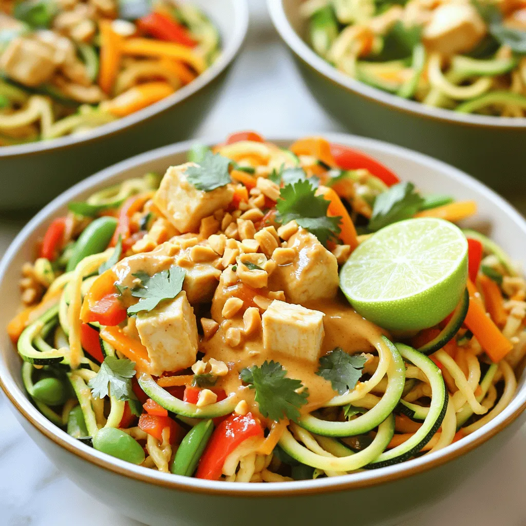 - 2 medium zucchinis, spiralized into zoodles - 1 cup bell peppers, sliced (mixed colors) - 1 cup snap peas, trimmed I love using fresh, colorful veggies in this dish. Zucchini makes a great noodle base. It adds crunch and a slight sweetness. Bell peppers bring a pop of color and flavor. Snap peas add a nice snap when you bite into them. - 1 cup cooked chicken, cubed - 1 cup tofu, cubed You can choose between chicken or tofu. Chicken adds protein and flavor. Tofu is a great choice for a vegetarian meal. It absorbs the sauce well. Both options work great in this stir fry. - 3 tablespoons creamy peanut butter - 2 tablespoons soy sauce (or tamari for gluten-free) - 1 tablespoon sesame oil - 1 tablespoon honey or maple syrup The sauce is the star of this dish. Creamy peanut butter gives it richness. Soy sauce adds saltiness. Sesame oil brings a nutty flavor. Honey or maple syrup adds a touch of sweetness. This blend makes every bite delicious. First, I heat a large skillet over medium heat. I add 1 tablespoon of sesame oil to the pan. Once the oil is hot, I toss in 2 cloves of minced garlic and 1 teaspoon of grated ginger. I sauté them for about 30 seconds. The kitchen fills with a lovely aroma. Next, I add 1 cup of sliced bell peppers, 1 cup of trimmed snap peas, and 1 small julienned carrot to the skillet. I stir-fry these veggies for 2-3 minutes. They start to soften but still keep some crunch. Then, I add 1 cup of cubed cooked chicken or tofu. I stir everything together and cook for an additional 2 minutes. While the veggies cook, I prepare the sauce. In a small bowl, I mix 3 tablespoons of creamy peanut butter, 2 tablespoons of soy sauce, 1 tablespoon of honey or maple syrup, and 1 tablespoon of lime juice. I stir until the mixture is smooth. If the sauce is too thick, I add a tablespoon of water. This helps me reach the right consistency. Now, I pour the peanut sauce over the stir-fry in the skillet. I make sure to coat all the veggies and protein evenly. Then, I add 2 medium spiralized zucchinis, or zoodles, to the mix. I gently toss everything together for another minute. I want the zoodles to be heated through but still crunchy. Finally, I season with salt and pepper to taste. I remove the skillet from heat and garnish with chopped cilantro and crushed peanuts. - To keep zoodles crunchy, cook them last. Add them to the skillet for just one minute. This helps them stay firm and keep their texture. - Avoid soggy zoodles by not overcooking them. If you cook them too long, they will release water and become mushy. - You can add many different vegetables. Try broccoli, mushrooms, or bok choy for extra color and nutrition. - If you want to switch proteins, use shrimp, beef, or chickpeas. For a vegan option, tofu works great and absorbs flavors well. - Adding garnishes like lime wedges or chili flakes gives a fresh kick. They make the dish look nice too! - If you want more sauce, just mix extra peanut butter and soy sauce. This can make your stir fry richer and even more delicious. {{image_2}} To keep your Thai Peanut Zoodle Stir Fry fresh, store it in the fridge. Use an airtight container to lock in flavors and moisture. It’s best to separate the zoodles from the veggies and protein if you can. This keeps the zoodles crunchy longer. When reheating, I recommend using a skillet over medium heat. This method helps maintain the texture and flavor of your dish. Stir gently to warm everything evenly without overcooking. Avoid using the microwave, as it can make the zoodles soggy. If needed, add a splash of water to help steam without losing that crunch. This recipe makes 2 to 3 servings. Each serving has around 300 calories. This dish packs a punch of nutrients. Zucchini is low in calories and high in water. It helps keep you hydrated. Bell peppers add vitamin C and fiber. Snap peas bring crunchy sweetness and more fiber. The protein source, like chicken or tofu, boosts your energy. Peanut butter adds healthy fats and protein. The honey or maple syrup gives a touch of sweetness without being overpowering. Overall, this meal is balanced and satisfying. This dish can easily fit many diets. To make it gluten-free, use tamari instead of soy sauce. That way, you can still enjoy the same great taste. For vegan options, tofu works well as the protein source. If you want to add more protein, consider using chickpeas or edamame. They blend well with the flavors. You can also skip the honey and use maple syrup for a fully vegan dish. This recipe is flexible, making it fit for everyone! Yes, you can make this recipe ahead of time. Here are some tips for preparing it in advance: - Prep your veggies: Spiralize the zucchinis and chop the bell peppers and carrots. Keep them in airtight containers in the fridge. - Cook the protein: You can cook chicken or tofu a day before. Store it in the fridge too. - Make the sauce: Mix the peanut sauce ahead and store it separately. This keeps the flavors fresh. When you're ready, just stir-fry the veggies and add everything together quickly. If you need a different nut or seed butter, here are some great options: - Almond butter: It has a nice flavor and works well. - Sunflower seed butter: This is a good choice for nut-free diets. - Cashew butter: This offers a rich and creamy texture. These alternatives will give you a tasty sauce. Just swap them in the same amount as peanut butter. To add some heat to your stir fry, try these suggestions: - Red pepper flakes: Sprinkle them in while cooking for a mild kick. - Sriracha: Mix a teaspoon or two into the sauce for a bold flavor. - Fresh chili peppers: Slice them and add them to the stir fry as it cooks. Adjust the spice level to suit your taste. Yes, you can freeze this dish! Follow these guidelines for freezing: - Cool it down: Let the stir fry cool before packing it. - Use airtight containers: This helps keep the flavors intact. - Label and date: Mark your containers so you know what you have. When you're ready to eat, thaw it in the fridge overnight. Reheat it on the stove for the best texture. This blog post covered how to make a delicious zoodle stir fry with veggies and protein options. You learned about the ingredients, cooking steps, and tips for perfecting your dish. Remember to store leftovers properly and reheat them carefully to keep the flavors bright. You can customize this recipe to suit your taste. Try different veggies or protein sources for variety. Cooking can be fun and easy, so enjoy your next meal!