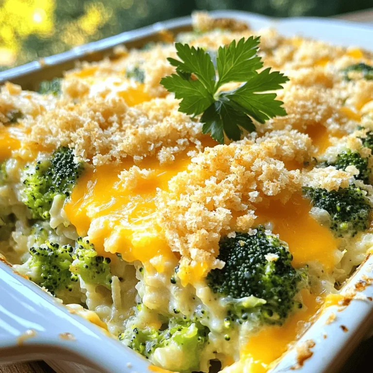 To make a great Cheesy Broccoli Rice Casserole, you need: - 2 cups cooked white rice - 3 cups fresh broccoli florets - 1 cup shredded sharp cheddar cheese - 1 cup cream of mushroom soup - 1/2 cup milk - 1/2 teaspoon garlic powder - 1/2 teaspoon onion powder - 1/2 teaspoon black pepper - 1/2 teaspoon salt - 1/2 cup breadcrumbs - 2 tablespoons melted butter These ingredients work together to create a creamy and cheesy dish that your family will love. Using quality brands can enhance your dish. I suggest: - Cheddar Cheese: Look for Cabot or Tillamook for sharp flavor. - Cream of Mushroom Soup: Campbell’s is a classic choice. - Breadcrumbs: Use Progresso for a crisp topping. These brands offer great taste and texture, making your casserole shine. If you don’t have an ingredient, try these swaps: - Cooked White Rice: Use brown rice for more fiber. - Cream of Mushroom Soup: Make your own with sautéed mushrooms and cream. - Milk: Almond milk works if you want a dairy-free option. - Cheddar Cheese: Gouda or Monterey Jack can add a twist. These substitutes can keep your casserole delicious while working with what you have. To start, gather your ingredients. This dish needs: - 2 cups cooked white rice - 3 cups fresh broccoli florets - 1 cup shredded sharp cheddar cheese - 1 cup cream of mushroom soup - 1/2 cup milk - 1/2 teaspoon garlic powder - 1/2 teaspoon onion powder - 1/2 teaspoon black pepper - 1/2 teaspoon salt - 1/2 cup breadcrumbs - 2 tablespoons melted butter First, cook your rice if you haven't done so. Next, bring water to a boil in a large pot. Add the broccoli florets and blanch them for about 2 minutes. This step makes the broccoli bright and tender. Drain the broccoli and set it aside to cool. In a large mixing bowl, combine the cooked rice and blanched broccoli. Add the cream of mushroom soup and milk to the bowl. Then, mix in garlic powder, onion powder, black pepper, and salt. Stir until everything is well blended. Now, fold in half of the cheddar cheese into the mixture. Make sure it gets evenly spread. Next, transfer this mixture into a greased 9x13 inch baking dish. Spread it out so that it fills the dish evenly. Sprinkle the remaining cheddar cheese over the top. In a small bowl, mix the breadcrumbs with melted butter. Make sure the breadcrumbs are coated well. Evenly sprinkle this mix over the cheese layer on the casserole. Now it’s time to bake! Place the casserole in a preheated oven at 350°F (175°C). Bake for 25 to 30 minutes. Look for a golden-brown top and bubbling edges. This means your casserole is ready. When it finishes baking, take it out and let it cool for a few minutes. This helps it set up nicely. Serve warm, and watch your family enjoy this cheesy delight! To make your casserole pop with flavor, use seasonings wisely. I love adding garlic powder and onion powder for depth. You can also sprinkle in a bit of paprika or cayenne for some heat. Fresh herbs like parsley or thyme can brighten up the dish too. Mix these in with the rice and broccoli for a tasty blend. Texture is key to a great casserole. You want it creamy but not runny. Use cooked rice that is fluffy, not mushy. Blanching the broccoli keeps it tender-crisp, adding a nice bite. When you mix in the cheese, fold it gently to keep that fluffy feel. The breadcrumb topping gives a nice crunch, especially when mixed with melted butter. Avoid overcooking the broccoli. It should be bright green and slightly firm. Cooking it too long makes it mushy in the casserole. Another mistake is not letting the casserole cool before serving. This helps it set up nicely. Lastly, don't skip the butter on the breadcrumbs. It adds flavor and helps them brown perfectly. {{image_2}} You can make Cheesy Broccoli Rice Casserole heartier by adding protein. Cooked chicken or turkey works well. Simply shred or chop it into small pieces. You can mix in about 2 cups of cooked meat before baking. If you prefer a plant-based option, use tofu. Press and cube firm tofu, then sauté until golden. Add about 1 to 1.5 cups of tofu to your mixture. This adds protein and makes the dish more filling for everyone. For a dairy-free or vegan version, swap the cheese and cream of mushroom soup. Use dairy-free cheese made from nuts or soy. There are many brands that melt well. For the soup, you can blend soaked cashews with vegetable broth. Add some nutritional yeast for a cheesy flavor. You can also use a plant-based milk, like almond or oat milk, to keep it creamy. This way, you can enjoy a delicious casserole without the dairy. To enhance the flavor of your casserole, consider adding herbs and spices. Fresh herbs like thyme or parsley can add brightness. Dried herbs like oregano or basil also work well. A pinch of red pepper flakes can add a nice kick, if you want some heat. Mix these into your rice and broccoli before baking. This small step makes a big difference in taste. Your family will love the added depth of flavor in every bite! After enjoying Cheesy Broccoli Rice Casserole, store leftovers in an airtight container. This keeps it fresh for later meals. Make sure to cool the casserole to room temperature before sealing it. This will help prevent sogginess. You can keep it in the fridge for up to three days. If you want to keep it longer, consider freezing it. To reheat, preheat your oven to 350°F (175°C). Place the casserole in an oven-safe dish. Cover it with foil to keep it moist. Heat for about 20 minutes or until warm. You can also microwave individual portions. Just cover them with a damp paper towel. This helps avoid dry spots. Heat in short bursts, stirring in between. If you want to freeze your casserole, use a freezer-safe container. Cut the casserole into portions for easy thawing. Wrap each piece tightly in plastic wrap, then in foil. This will help prevent freezer burn. You can freeze it for up to three months. When ready to eat, thaw overnight in the fridge. Then, reheat as mentioned above. Yes, you can use frozen broccoli. It is quick and easy. Just thaw it first. Drain any extra water. This helps keep your casserole from getting soggy. The taste will still be great! Your casserole will last about 3 to 5 days in the fridge. Make sure to store it in an airtight container. This keeps it fresh and tasty for your next meal! This casserole pairs well with many sides. A fresh salad adds crunch and color. Grilled chicken or fish adds protein. You can also serve it with garlic bread for a fun twist! In this post, we covered how to make Cheesy Broccoli Rice Casserole. We discussed key ingredients and recommended brands. You learned about cooking steps for a golden top and tips for great flavor and texture. Plus, we explored variations and storage tips. Try these tips to make your casserole shine. Enjoy each bite, and get creative with your mix-ins!