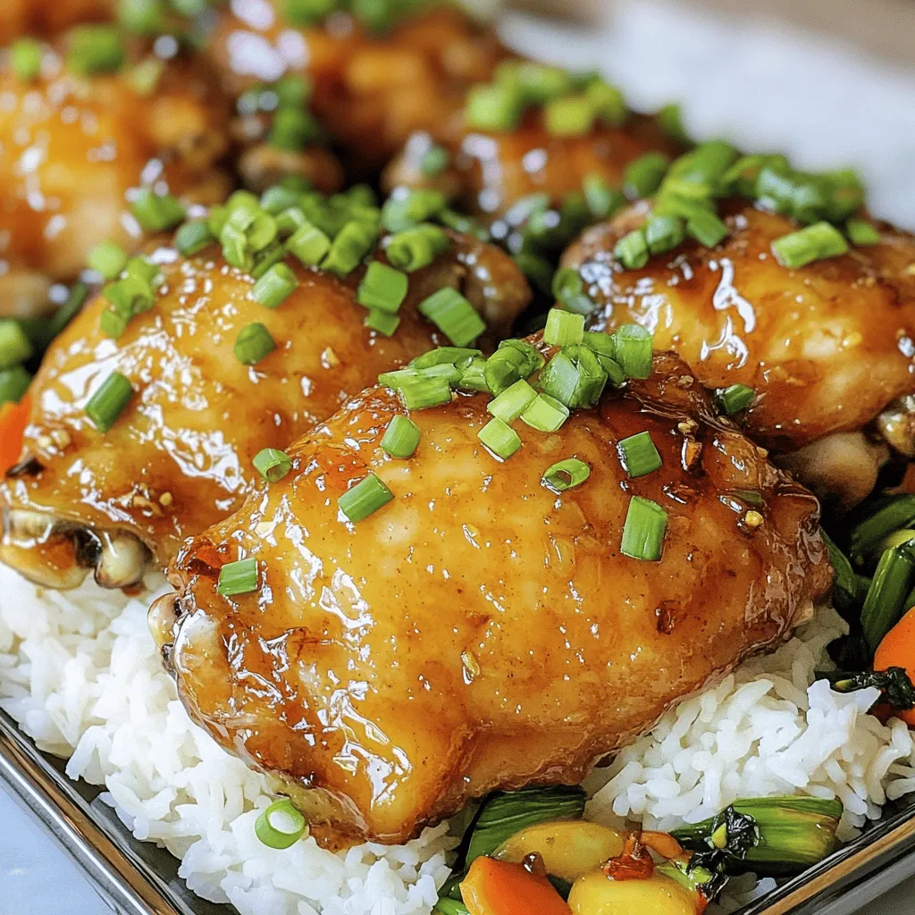- 4 boneless, skinless chicken thighs - 1/4 cup brown sugar - 4 cloves garlic, minced - 1 tablespoon soy sauce - 1 tablespoon apple cider vinegar - 1 tablespoon olive oil - 1 teaspoon freshly grated ginger - 1/2 teaspoon red pepper flakes (optional for heat) - Salt and pepper to taste - Chopped green onions for garnish Gather these ingredients to make a quick and tasty Brown Sugar Garlic Chicken. The chicken thighs are juicy and cook well with sweet and savory flavors. Brown sugar adds a nice sweetness, while garlic brings depth. The soy sauce and apple cider vinegar balance the dish. Olive oil keeps the chicken moist. Fresh ginger adds a zing, and red pepper flakes give a kick if you choose. For serving, sprinkle chopped green onions on top. They add color and a fresh taste. Salt and pepper help season the dish. This recipe works well for a family meal or a quick dinner. Enjoy your cooking and the tasty results! In a medium bowl, I whisk together the sauce ingredients. I combine 1/4 cup of brown sugar, 4 cloves of minced garlic, 1 tablespoon of soy sauce, 1 tablespoon of apple cider vinegar, and 1 tablespoon of olive oil. I also add 1 teaspoon of freshly grated ginger and 1/2 teaspoon of red pepper flakes if I want some heat. Finally, I season with salt and pepper to taste. Marinating is key for great flavor. I let the chicken sit in this mixture for at least 30 minutes. If I have more time, I keep it in the fridge for up to 2 hours. This longer marinating time boosts the taste. Next, I preheat my oven to 400°F (200°C). While the oven heats, I line a baking sheet with parchment paper or aluminum foil. This makes cleanup a breeze. Once the oven is ready, I take the chicken thighs from the marinade and place them on the sheet. I reserve the marinade for later. I bake the chicken for 20-25 minutes. It’s done when the inside reaches 165°F (75°C) and looks golden brown. While the chicken bakes, I pour the reserved marinade into a small saucepan. I bring it to a boil and then lower the heat to simmer for about 5 minutes. This thickens the sauce nicely. After baking, I remove the chicken from the oven. I drizzle the thickened marinade over the top. I let the chicken rest for a few minutes before slicing it. This helps keep it juicy and tender. To make your Brown Sugar Garlic Chicken shine, marinate it well. Marinating adds a burst of flavor and makes the chicken tender. I recommend at least 30 minutes, but two hours gives the best taste. Adjust the spice levels by adding more or less red pepper flakes. If you prefer a sweeter dish, add more brown sugar. You can cook this chicken in different ways. Baking is easy, but grilling adds a nice char. If you use a stovetop, cook on medium heat. No matter how you cook, ensure the chicken stays moist. Cook it until it reaches 165°F (75°C). This keeps it juicy and safe to eat. Serving is just as fun as cooking! Place the chicken on a platter and drizzle it with glaze. Sprinkle chopped green onions on top for color. Pair the chicken with steamed rice or sautéed vegetables. This makes your dish look great and taste even better. Use a large white plate for a classic look that highlights your meal. {{image_2}} You can switch up the sweeteners. Honey or maple syrup works well in place of brown sugar. Both options add a unique taste that pairs nicely with garlic. If you want a different protein, try pork or tofu. Pork will give a rich flavor. Tofu absorbs the marinade well for a tasty vegetarian option. To make your dish pop, add extra spices or herbs. A pinch of paprika or thyme can enhance the taste. You can also try herbs like basil or cilantro for a fresh twist. If you like heat, adjust the red pepper flakes. Add more for a spicy kick or leave them out for a milder dish. Tailor the heat to suit your family’s taste. Changing up the side dishes can elevate your meal. Serve it with steamed rice, mashed potatoes, or sautéed veggies. A fresh salad can balance the sweet and savory flavors perfectly. You can also transform the dish into a stir-fry. Just chop the chicken into smaller pieces and cook it with colorful veggies. Or, slice the chicken for a salad, adding greens and nuts for crunch. To store leftovers safely, place the chicken in an airtight container. Make sure to cool it first before sealing. This keeps it fresh for your next meal. For best quality, eat the chicken within three to four days. This way, you enjoy the flavor and texture at its best. To freeze the chicken, let it cool completely. Then, place it in a freezer-safe bag. Remove as much air as you can before sealing. Label the bag with the date. Frozen chicken will stay good for up to three months. When you're ready to eat, thaw it overnight in the fridge. You can reheat the chicken in several ways. Try using the oven, microwave, or stovetop. If using the oven, preheat it to 350°F (175°C). Bake the chicken for about 15-20 minutes. In the microwave, heat in 30-second intervals until warm. Stovetop reheating is quick, too. Just add a splash of water in a pan, cover, and heat gently. This helps keep the chicken moist and flavorful. Enjoy your delicious leftovers! To add some heat to your dish, try these tips: - Use more red pepper flakes. Start with 1 teaspoon. - Add fresh chopped chili peppers for a stronger kick. - Include a splash of hot sauce in the marinade. - Experiment with spicy mustard or ginger for warmth. These options will enhance the dish's flavor while keeping it delicious. Yes, you can make the marinade ahead of time! Here’s how: - Mix all the marinade ingredients in a bowl. - Store it in an airtight container in the fridge for up to three days. - Marinate the chicken for at least 30 minutes before cooking. - For stronger flavor, marinate for up to 2 hours. This makes meal prep a breeze and saves time on busy days. Here are a few tasty side dishes to pair with your chicken: - Steamed rice is a classic choice. - Sautéed vegetables add color and crunch. - A fresh salad brightens up the plate. - Mashed potatoes complement the sweet glaze. These sides will create a well-rounded meal that’s sure to impress! This blog post covered a tasty Brown Sugar Garlic Chicken recipe. We discussed the main ingredients, including chicken thighs and garlic, along with flavorings like soy sauce and honey. The step-by-step guide walked you through marinating, baking, and finishing touches. I also shared tips for flavor and presentation, plus storage advice. Try different variations to keep it exciting. With simple steps, you can create a meal that impresses. Enjoy making this dish and sharing it with family and friends!