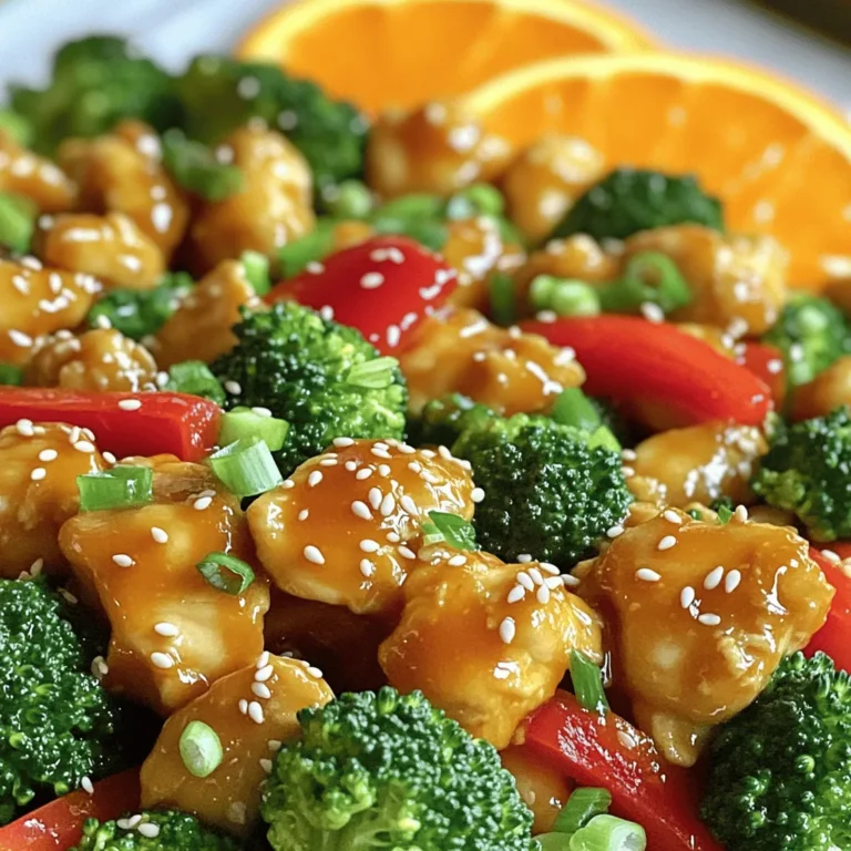 - 1 lb chicken breast, cut into bite-sized pieces - 2 tablespoons sesame oil - 1 red bell pepper, sliced - 1 cup broccoli florets - 1 carrot, julienned - 2 cloves garlic, minced - 1 inch ginger, minced - 1/4 cup soy sauce - 1/4 cup fresh orange juice - 1 tablespoon orange zest - 1 tablespoon honey - 1 tablespoon cornstarch mixed with 2 tablespoons water (slurry) - 2 tablespoons sesame seeds - Green onions, chopped (for garnish) This dish shines with its fresh and vibrant ingredients. You need chicken breast as the main protein. Cut it into bite-sized pieces to cook evenly. Fresh vegetables bring color and crunch. The red bell pepper, broccoli, and carrot add both taste and health. Aromatics like minced garlic and ginger boost the flavor. For the sauce, mix soy sauce, fresh orange juice, zest, and honey. This mix gives the dish a sweet and tangy kick. The cornstarch slurry is key for thickening the sauce, making it cling to the chicken and veggies perfectly. Finally, sprinkle sesame seeds for a nutty finish. Don’t forget the green onions for a fresh touch on top. These ingredients make your Orange Sesame Chicken Stir Fry both tasty and fun to eat! 1. Preparing chicken and vegetable ingredients Start with 1 pound of chicken breast. Cut it into bite-sized pieces. This helps it cook evenly. Next, wash and slice 1 red bell pepper. Cut it into thin strips. Then, take 1 cup of broccoli florets and 1 carrot. Julienne the carrot into thin matchsticks. Set these veggies aside. This mix adds color and crunch to your dish. 2. Preparing the sauce mix In a small bowl, mix 1/4 cup of soy sauce and 1/4 cup of fresh orange juice. Add 1 tablespoon of orange zest and 1 tablespoon of honey. This mix gives your stir fry a sweet and tangy flavor. Finally, whisk in 1 tablespoon of cornstarch mixed with 2 tablespoons of water. This slurry will help thicken your sauce later. 1. Stir-frying the chicken Heat 2 tablespoons of sesame oil in a large skillet or wok over medium-high heat. Once hot, add the chicken pieces. Cook for about 5 to 6 minutes. Stir often until the chicken is golden brown and cooked through. When done, remove the chicken from the pan and set it aside. 2. Cooking the vegetables In the same skillet, add the sliced bell pepper, broccoli florets, julienned carrot, 2 cloves of minced garlic, and 1 inch of minced ginger. Stir-fry these for about 4 to 5 minutes. You want the veggies to be tender but still crisp. This keeps them bright and fresh. 3. Combining the chicken with the sauce and vegetables Return the cooked chicken to the skillet with the vegetables. Pour the orange sauce over everything. Stir well to coat all the ingredients evenly. Cook for another 2 to 3 minutes. This allows the flavors to blend nicely. 1. Thickening the sauce Keep cooking until the sauce thickens slightly. You’ll know it’s ready when it coats the chicken and veggies well. This adds a nice gloss and richness to the dish. 2. Garnishing the dish Once done, sprinkle sesame seeds over the stir-fry. Mix well to distribute the seeds. For a fresh touch, garnish with chopped green onions. This adds a pop of color and flavor. Serve hot and enjoy your delicious creation! - Optimal cooking temperatures: Heat your skillet or wok to medium-high. This helps the chicken sear nicely. - Timing for chicken and vegetables: Cook the chicken for 5-6 minutes. Then, stir-fry the veggies for 4-5 minutes. This keeps them crisp. - Suggested spices and seasonings: Try adding crushed red pepper for some heat. A dash of black pepper also boosts flavor. - Alternative sweeteners: If you want less sugar, use maple syrup or agave. They add a nice touch without being too sweet. - Plating ideas for visual appeal: Serve the stir-fry in a bowl, topped with green onions. Use a colorful plate to make the dish pop. - Suggested side dishes to serve: Pair it with steamed rice or quinoa. They soak up the sauce well and balance the meal. {{image_2}} You can swap chicken for tofu or shrimp. Tofu works well for a vegetarian choice. It absorbs flavors and adds protein. For shrimp, use peeled and deveined shrimp. They cook quickly and add a nice texture. Feel free to change up the veggies. Try seasonal options like snap peas or zucchini. You can add or remove ingredients based on your taste. Want more crunch? Add water chestnuts. Prefer fewer carbs? Omit the carrots. You can adjust the sauce to suit your taste. If you like heat, add chili sauce for spice. For a less sweet version, cut back on honey. This way, you can create a sauce that's just right for you. To keep your Orange Sesame Chicken Stir Fry fresh, follow these steps: - Refrigeration: Place leftovers in an airtight container. Store them in the fridge for up to 3 days. This keeps the chicken juicy and the veggies crisp. - Freezing: If you want to save it for later, freeze the stir fry. Use a freezer-safe container or bag. It can last for up to 3 months. Thaw it overnight in the fridge before reheating. When it's time to enjoy your leftovers, here’s how to reheat them: - Stovetop Method: Heat a skillet over medium heat. Add a splash of water or oil to prevent sticking. Stir gently for about 5-7 minutes until heated through. - Microwave Method: Place in a microwave-safe dish. Cover with a lid or damp paper towel. Heat for 1-2 minutes, stirring halfway. Safety Tips: Always check that the chicken is hot all the way through. It should reach an internal temperature of 165°F (74°C). Enjoy your meal safely! What can I substitute for soy sauce? You can use tamari for a gluten-free option. Coconut aminos is another good choice. Both options give a nice flavor without soy. Can I make this dish gluten-free? Yes, just use tamari instead of soy sauce. Make sure other ingredients do not contain gluten. How long does Orange Sesame Chicken Stir Fry last in the fridge? It lasts about 3 to 4 days in the fridge. Store it in an airtight container for best results. Can I make the sauce ahead of time? Yes, you can mix the sauce and store it in the fridge. This saves time when cooking. What’s the best way to cut chicken for stir fry? Cut the chicken into bite-sized pieces. This ensures even cooking and easy eating. What to serve with Orange Sesame Chicken Stir Fry? Serve it with rice or noodles for a complete meal. Steamed veggies also pair well. Can I serve this dish cold? Yes, you can serve it cold. It makes a great salad topping or lunch option. In this article, we explored how to make Orange Sesame Chicken Stir Fry. We covered all the ingredients, from chicken and veggies to the sauce mix. I shared step-by-step cooking instructions and tips for the best results. We also discussed variations, storage tips, and answered common questions. Now, you can create a delicious, customizable dish. Enjoy experimenting with flavors and ingredients. Make this meal your own, and savor every bite. Cooking should be fun and tasty!