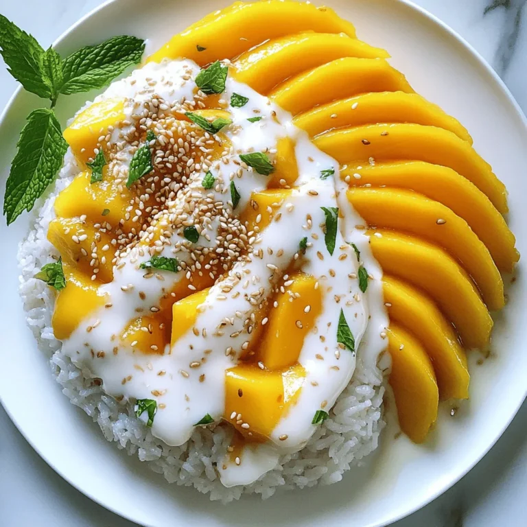 - 1 cup sticky rice (glutinous rice) - 1 ½ cups coconut milk - ½ cup sugar - ½ teaspoon salt - 2 ripe mangoes, peeled and sliced - Toasted sesame seeds or mung beans for garnish (optional) - Fresh mint leaves for garnish (optional) For this recipe, you need precise amounts. Use 1 cup of sticky rice. Measure 1 ½ cups of coconut milk. Add ½ cup of sugar and ½ teaspoon of salt. You’ll need 2 ripe mangoes for sweetness. Optional garnishes are toasted sesame seeds and fresh mint leaves. If you can't find sticky rice, you can use jasmine rice. For dairy-free options, replace coconut milk with almond milk. Use honey instead of sugar if you want a natural sweetener. If you don’t have fresh mangoes, try using canned mango slices. They work well too! First, rinse the sticky rice in cold water. Keep rinsing until the water is clear. This step removes extra starch. Next, soak the rice in water for 4 hours or overnight. Soaking makes the rice soft and chewy. After soaking, drain the rice. Then, place it in a steamer basket lined with cheesecloth or a clean towel. Steam the rice over boiling water for 30 to 40 minutes. The rice should be tender and translucent when done. While the rice cooks, grab a small saucepan. Combine the coconut milk, sugar, and salt in it. Warm this mixture over medium heat. Stir constantly until the sugar dissolves. Be careful not to let it boil. Set aside ¼ cup of the mixture for later. This will be used to drizzle over the dish. Once the rice is cooked, transfer it to a mixing bowl. Pour the remaining coconut milk mixture over the rice. Stir gently until the rice is well coated. Let it sit for 15 minutes to absorb the flavors. To serve, mold the sticky rice using a cup or small bowl. Place it on a serving plate beside the sliced mangoes. Drizzle the reserved coconut milk mixture over the rice. If you like, sprinkle toasted sesame seeds or mung beans on top. Finish by garnishing with fresh mint leaves for a pop of color. To make sticky rice, start by rinsing it well. Rinse the rice until the water is clear. This removes excess starch. Next, soak the rice for at least four hours or overnight. Soaking helps the rice cook evenly. When ready, drain it and use a steamer basket lined with cheesecloth. Steam the rice for about 30 to 40 minutes. The rice should be tender and look slightly translucent. This method gives you that perfect chewy texture. One common mistake is not soaking the rice long enough. This can lead to uneven cooking. Another error is cooking the rice without rinsing it first. This can make the rice too sticky. Avoid using too much water during steaming. You only need enough steam for cooking. Lastly, do not skip letting the rice absorb the coconut milk. This step is key to getting great flavor. To boost flavor, add a little more salt to the coconut milk mix. This helps balance the sweetness of the mango. Drizzling the reserved coconut milk on top adds a nice touch. You can also sprinkle toasted sesame seeds or mung beans for crunch. For a pop of color, garnish with fresh mint leaves. These small details make your dish look beautiful and taste even better. {{image_2}} You can easily make mango sticky rice vegan. Use coconut milk as your only liquid. The sugar you choose should be plant-based. Most sugar works, but check the label to be sure. This way, everyone can enjoy this sweet treat. Mango sticky rice is naturally gluten-free. The sticky rice and coconut milk have no gluten. Always check any added ingredients, like sugar, to ensure they are gluten-free. This dessert fits well in a gluten-free diet. Get creative with how you serve this dish! You can layer sticky rice and mango in cups for a fun look. Try adding a scoop of ice cream on top for a twist. You can also sprinkle some toasted coconut for extra texture. Use fresh mint leaves to make your plate pop with color. Each time, you can create a new look! To keep leftover mango sticky rice fresh, let it cool first. Place it in a container with a lid. Store it in the fridge. It will stay good for about 2-3 days. If you want to keep it longer, consider freezing it. Just remember, the texture may change when thawed. I suggest using airtight containers to store your mango sticky rice. Glass containers work great. They help keep moisture in and prevent odors. If you use plastic, choose BPA-free containers. Always seal them well. This keeps your dessert fresh and tasty. When you’re ready to enjoy your mango sticky rice, reheat it gently. You can use a microwave for this. Place the rice in a bowl and add a splash of coconut milk. Cover the bowl with a damp paper towel to keep it moist. Heat it in short bursts, stirring in between. You can also reheat it on the stove with a little coconut milk. This method keeps the rice soft and delicious. Mango sticky rice is a Thai dessert. It features sweet sticky rice topped with ripe mango. The dish gets its creaminess from coconut milk. It balances sweetness, saltiness, and freshness. Each bite is a delight of flavor and texture. Yes, you can make mango sticky rice ahead of time. Prepare the sticky rice and coconut milk mixture in advance. Store them separately in the fridge. Assemble the dish just before serving for the best taste. You can find authentic mango sticky rice at Thai restaurants. Look for places that focus on traditional Thai food. Street vendors in Thailand also serve great versions. They often use fresh, ripe mangoes for added flavor. You can use many fruits in this recipe. Try bananas, strawberries, or jackfruit. Kiwi and pineapple also work well. Be creative and mix your favorite fruits for a unique twist! In this post, we covered how to make delicious mango sticky rice. We discussed the key ingredients, detailed step-by-step cooking instructions, and shared tips for perfecting the dish. You learned about variations, storage tips, and answered common questions. Remember, with the right ingredients and techniques, making this dessert is easy. Don’t be afraid to experiment with your favorite fruits. Enjoy each bite of your homemade creation!