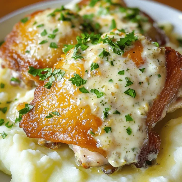- 4 bone-in chicken thighs, skin-on - 2 tablespoons olive oil - 4 cloves garlic, minced - 1 cup heavy cream - 1 cup chicken broth - 1 tablespoon Dijon mustard - 1 teaspoon dried thyme - 1 teaspoon dried rosemary - Salt and pepper to taste - Fresh parsley, chopped (for garnish) - Chicken Thighs: Bone-in thighs give rich flavor and stay juicy. - Olive Oil: This oil helps to sear and adds depth. - Garlic: Minced garlic adds a strong, savory taste. - Heavy Cream: It creates a rich and smooth sauce. - Chicken Broth: This adds moisture and enhances flavor. - Dijon Mustard: It gives a slight tang that brightens the dish. - Dried Thyme and Rosemary: These herbs offer aromatic notes and warmth. - Salt and Pepper: Basic seasonings that bring out all the flavors. - Fresh Parsley: Chopped parsley adds color and freshness to the dish. - Chicken Thighs: You can use chicken breasts, but they may dry out more. - Olive Oil: Vegetable oil or butter can work as alternatives. - Heavy Cream: Use half-and-half for a lighter sauce, but it may be less creamy. - Dijon Mustard: Whole grain mustard adds texture and flavor. - Dried Herbs: Fresh herbs can replace dried ones; just use more. - Chicken Broth: Vegetable broth can be a lighter option. These ingredients come together for a delightful dish. Each one plays a special role. First, you need to prepare the chicken thighs. Start by patting them dry with paper towels. This step helps the skin get crispy later. Next, season both sides of the chicken generously with salt and pepper. This adds flavor to the meat. Now, it's time to sear the chicken. Heat two tablespoons of olive oil in a large skillet over medium-high heat. Once the oil is hot, add the chicken thighs, skin side down. Cook them for about 5 to 7 minutes. You want the skin to be golden brown. When the time is up, flip the chicken and cook for another 5 minutes. After that, remove the chicken from the skillet and set it aside. In the same skillet, lower the heat to medium. Add four minced garlic cloves and sauté them for about 30 seconds. Be careful, as you don’t want to burn the garlic. Once it’s fragrant, pour in one cup of chicken broth. Scrape any brown bits off the bottom of the skillet. This adds flavor to your sauce. Next, stir in one cup of heavy cream and one tablespoon of Dijon mustard. Mix well until everything is combined. Now, it’s time to season the sauce. Add one teaspoon of dried thyme and one teaspoon of dried rosemary. You can also add more salt and pepper to taste. Bring this mixture to a gentle simmer. Once it simmers, place the chicken thighs back into the skillet, skin side up. Cover the skillet and let it simmer on low heat for 25 to 30 minutes. This allows the chicken to cook through and reach an internal temperature of 165°F. After cooking, remove the skillet from the heat. Let the chicken rest for a few minutes. Garnish with freshly chopped parsley before serving. Enjoy! Start with dry chicken thighs. Use paper towels to pat them dry. This helps the skin get crisp. Heat olive oil in your skillet over medium-high heat. Place the chicken skin-side down. Cook for 5-7 minutes until golden brown. This step creates flavor. Flip the chicken and cook for another 5 minutes. If you see smoke, lower the heat a bit. Remove the chicken and set it aside. Fresh herbs add a lovely taste. Use parsley, thyme, or rosemary. Chop them finely before adding. You can mix dried herbs in the sauce, but fresh makes it pop. Add the fresh herbs at the end. This keeps their flavor bright. Don’t skip this step! The herbs make your dish stand out. If your chicken is too dry, try cooking it for less time. You want juicy chicken. If the sauce is too thick, add a bit of chicken broth. Stir it well to mix. If the sauce tastes bland, add more salt or herbs. Always taste before serving! If you burn the garlic, it can make the sauce bitter. Keep an eye on it while cooking. Remember, cooking is about having fun and learning! {{image_2}} You can swap chicken thighs for other proteins. Try chicken breasts for a leaner option. If you love beef, use thin cuts of steak. Pork chops also work well with this creamy sauce. For a plant-based twist, try firm tofu or seitan. Just cook the tofu until it’s golden brown. Adjust cooking time based on the protein you choose. Adding veggies makes this dish more colorful and nutritious. You can toss in spinach or kale for a fresh touch. Mushrooms add an earthy flavor, while broccoli brings a nice crunch. To include veggies, sauté them before adding the sauce. Cook until tender, then pour the creamy sauce over them. This way, you get a complete meal in one pan. To make this dish dairy-free, use coconut cream instead of heavy cream. It gives a rich texture without dairy. For a lighter option, substitute heavy cream with low-fat milk or unsweetened almond milk. You might need to thicken the sauce with a bit of cornstarch. This keeps the sauce creamy while cutting calories. To keep your creamy garlic herb chicken thighs fresh, store leftovers in an airtight container. Make sure to let the chicken cool before sealing. Place it in the fridge for up to 3 days. This helps keep the flavors intact and the chicken juicy. When you're ready to enjoy the leftovers, reheat them carefully. You can use a skillet on medium heat. Add a splash of chicken broth or cream to keep it moist. Heat until warm, about 5-7 minutes. Alternatively, use a microwave. Cover the chicken with a damp paper towel. Heat for 1-2 minutes or until hot. If you want to save some for later, freezing is a great option. Place the cooled chicken in a freezer-safe bag. Remove as much air as possible before sealing. It can stay in the freezer for up to 3 months. When you're ready to eat, thaw it in the fridge overnight before reheating. Cook chicken thighs for about 25-30 minutes on low heat. This helps keep them juicy. Use a meat thermometer to check for 165°F. It ensures the chicken is safe to eat. Yes, you can use boneless chicken thighs. They will cook faster, around 15-20 minutes. Keep an eye on them to avoid overcooking. The sauce will still be creamy and delicious. Serve the chicken with mashed potatoes or rice. You can also add sautéed veggies on the side. A fresh salad adds a nice crunch too. Drizzle some sauce over everything for extra flavor. You can prepare the chicken and sauce ahead. Cook it, let it cool, and store it in the fridge. Reheat gently on the stove before serving. The flavors will blend well, making it even tastier! In this blog post, we explored tasty chicken thigh recipes. We covered each ingredient, its role, and swap options. You learned how to prepare, sear, and make a creamy sauce. I shared tips for perfecting flavor and fixing common issues. We also discussed fun variations and storage tips. Cooking can be fun and simple with the right steps. I hope you try these recipes and enjoy every bite!