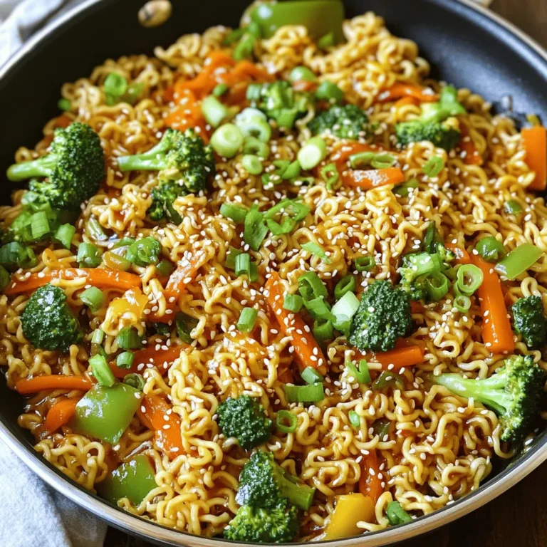 - 2 packs of instant ramen noodles - 1 cup shredded carrots - 1 cup broccoli florets - 1 bell pepper (any color), sliced - 1 small red onion, sliced - 2 cloves garlic, minced - 2 tablespoons soy sauce - 1 tablespoon sesame oil - 1 tablespoon olive oil - 2 green onions, chopped - 1 tablespoon toasted sesame seeds - Optional: Sriracha or chili flakes for heat To make TikTok Ramen Stir Fry, you need simple and fresh ingredients. First, grab two packs of instant ramen noodles. You will discard the seasoning packets. Next, gather one cup of shredded carrots and one cup of broccoli florets. Add one bell pepper, any color you like, sliced into strips. You will also need a small red onion, sliced thin. Don't forget two cloves of garlic, minced for flavor. You will use two tablespoons of soy sauce and one tablespoon each of sesame oil and olive oil. To finish, chop two green onions and sprinkle one tablespoon of toasted sesame seeds on top. If you like heat, consider adding Sriracha or chili flakes. These ingredients create a colorful and tasty dish, perfect for a quick meal. Each element adds flavor and nutrition, making it a well-rounded choice. Enjoy cooking! - Prepare ramen noodles according to package instructions. - Drain noodles and set aside. - Heat olive oil in a skillet or wok over medium-high heat. - Add minced garlic and sliced red onion. Sauté until fragrant, about 1-2 minutes. - Incorporate shredded carrots, broccoli florets, and bell pepper slices. Stir-fry for 3-4 minutes until they soften but stay crunchy. - Increase heat to high and add the cooked ramen to the skillet. - Pour soy sauce and sesame oil over the noodles and vegetables. Toss to coat well. - Cook for another 2-3 minutes, stirring often, until everything is heated through. - Taste and adjust seasoning if needed. Add Sriracha or chili flakes for heat if you like. - Remove from heat and garnish with chopped green onions and toasted sesame seeds before serving. To get that perfect crunch in your vegetables, follow these tips: - Cut vegetables into similar sizes. This helps them cook evenly. - Stir-fry quickly over high heat. This keeps them crisp and bright. - Add harder veggies first, like carrots and broccoli, then softer ones later. For the noodles, you can adjust cooking times. Cook them for just 1-2 minutes less than the pack suggests. This keeps them firm and prevents mushiness. When you toss them with the veggies and sauce, they will soak up flavor without losing their bite. To boost the flavor of your stir fry, consider these toppings and seasonings: - Add chopped nuts for crunch. Peanuts or cashews work great. - Try a sprinkle of fresh herbs, like cilantro or basil, for freshness. - For a zesty kick, add a squeeze of lime or lemon juice. If you like heat, customize the spice level. Sriracha adds a nice kick, but you can control how much you use. Start with a small amount, and taste as you go. Chili flakes are another option; they mix well with the sauce and give a nice warmth without overpowering. {{image_2}} You can easily make TikTok Ramen Stir Fry vegetarian. Swap the vegetables based on what you like. Try adding zucchini, mushrooms, or snap peas. These options add great color and flavor. You can also use plant-based protein like tofu. Just cube the tofu and sauté it until golden. This adds a nice texture to your meal. If you want to add more protein, chicken, beef, or shrimp work well. For chicken, slice it thin and cook it first in the skillet. Make sure it's fully cooked before adding other ingredients. If you choose beef, use thin strips and cook them quickly. Shrimp needs just a few minutes until they turn pink. Add the proteins before the vegetables for the best flavor. To keep your TikTok Ramen Stir Fry fresh, store it in an airtight container. Let it cool first, then seal it. Place the container in the fridge. This method helps keep the flavors locked in and prevents spills. When you’re ready to eat, you have a few options to reheat. You can use a microwave. Place the portion in a bowl, cover it with a damp paper towel, and heat for 1-2 minutes. Stir halfway through. You can also use a skillet. Add a splash of water or broth to prevent sticking, and heat over medium until warm. When stored properly, your stir fry will last about 3-4 days in the fridge. The flavors will still be good during this time. After that, the taste may change. Look for signs that tell you if it’s gone bad. If it smells sour or looks discolored, it’s best to toss it. If the noodles feel mushy or slimy, that’s another red flag. Always trust your senses to stay safe. You can use several options if you want to swap instant ramen. Here are some alternatives: - Udon noodles - Soba noodles - Rice noodles - Zucchini noodles All these options work well in stir fry. Just cook them according to package instructions. Yes, you can meal prep TikTok Ramen Stir Fry. Here are some tips: - Cook the ramen noodles and veggies, then cool them. - Store in airtight containers in the fridge for up to three days. - Reheat in a skillet or microwave before serving. This saves time for busy days! You can easily adjust the heat level. Here are some options: - Add Sriracha sauce for a spicy kick. - Use chili flakes for a milder heat. - Start with a little and taste as you go. This way, you can find the perfect spice for your taste! This blog post shared a simple recipe for TikTok Ramen Stir Fry. You learned about the ingredients, steps, and ways to customize your dish. I offered tips on cooking time and storage, ensuring your ramen stays fresh. Don’t forget, you can add proteins or adjust spice levels to fit your taste. Enjoy making this fast and tasty meal. It’s fun to experiment and find your favorite version! Happy cooking!