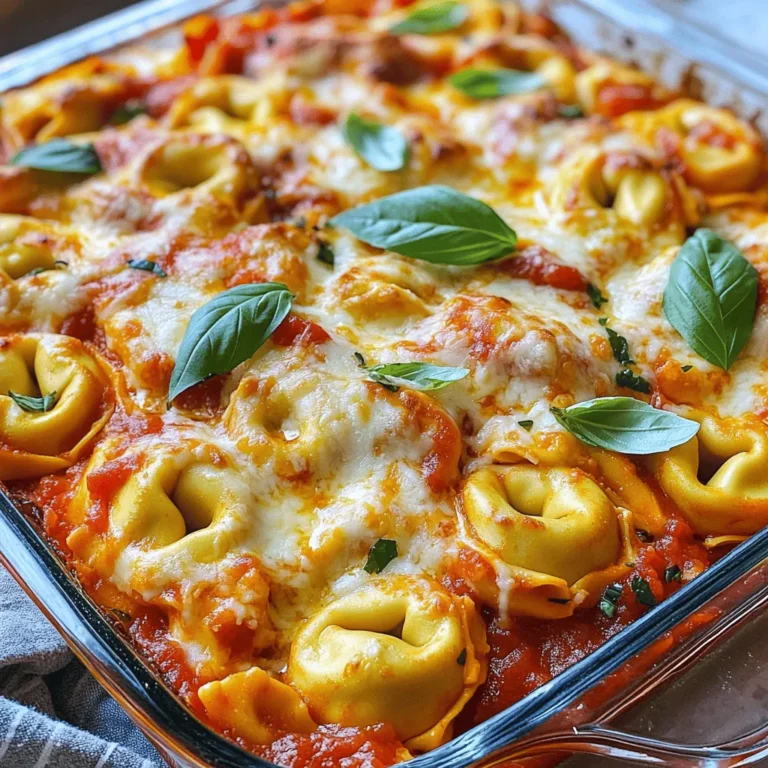 - 1 package (9-10 oz) cheese tortellini - 2 cups marinara sauce - 1 cup ricotta cheese The main ingredients form the heart of this dish. The cheese tortellini brings a soft, chewy texture. Marinara sauce adds rich, tomato flavor. Ricotta cheese gives it a creamy touch. - 1 cup shredded mozzarella cheese - 1/2 cup grated Parmesan cheese These dairy components create a golden, bubbly top. Mozzarella melts beautifully, while Parmesan adds a sharp taste. Together, they elevate the flavors and texture of this casserole. - 1 teaspoon dried Italian herbs (oregano, basil, thyme) - 2 cloves garlic, minced - 1 tablespoon olive oil - Salt and pepper to taste Seasonings and add-ins enhance the dish. Italian herbs provide warmth and depth. Garlic adds a fragrant note. Olive oil adds richness. Salt and pepper balance the flavors, making each bite delicious. - Preheat the Oven Start by preheating your oven to 375°F (190°C). This step is key for even cooking. - Cook the Cheese Tortellini Bring a pot of water to a boil. Add 1 package (9-10 oz) of cheese tortellini. Cook it according to the package instructions until it is al dente. Drain the tortellini and set it aside. - Sautéing Garlic In a large skillet, heat 1 tablespoon of olive oil over medium heat. Add 2 cloves of minced garlic. Sauté the garlic until it becomes fragrant, which should take about 1 minute. - Adding Marinara and Herbs Next, stir in 2 cups of marinara sauce and 1 teaspoon of dried Italian herbs. Let the sauce simmer for about 5 minutes. This will let the flavors blend nicely. - Mixing Cheese and Tortellini In a large mixing bowl, combine the cooked tortellini with 1 cup of ricotta cheese, half of the shredded mozzarella cheese, and 1/2 cup of grated Parmesan cheese. Season this mixture with salt and pepper to taste. - Transferring to Baking Dish Pour the marinara sauce into the tortellini and cheese mixture. Stir gently to combine everything. Transfer this mixture into a greased 9x13 inch baking dish. Sprinkle the remaining mozzarella cheese on top. - Cover with Foil Cover the baking dish with aluminum foil. Bake it in the preheated oven for 20 minutes. This helps cook the dish evenly. - Removing Foil for Golden Finish After 20 minutes, remove the foil. Bake for an additional 10-15 minutes, until the cheese is bubbling and golden brown. This step gives you that delicious, crispy top. To make the best cheesy baked tortellini casserole, focus on cooking the tortellini just right. You want them al dente, which means firm but cooked. Follow the package instructions closely. If you overcook them, they will become mushy in the oven. For the cheese, balance is key. Use both ricotta and mozzarella for creaminess. Mixing them with the tortellini creates a delicious texture. Add a bit of Parmesan for extra flavor. This combo gives you that gooey, cheesy consistency everyone loves. Pair your casserole with fresh salad or garlic bread. A crisp green salad offers a nice contrast to the richness of the dish. Garlic bread adds a warm, buttery touch. Both sides make your meal feel complete. For garnishes, fresh basil leaves brighten the dish. Just sprinkle a few on top before serving. They add color and a fresh taste that makes it even better. After your meal, store leftovers in an airtight container. Place it in the fridge for up to three days. Make sure it cools down before sealing it up. This helps keep the flavors fresh. When reheating, use the oven for best results. Preheat to 350°F (175°C). Cover the dish with foil to keep it moist. Heat for about 20 minutes or until it's warm all the way through. Enjoy your cozy meal again! {{image_2}} Using Meats like Chicken or Sausage You can add meats to this dish for extra taste. Cooked chicken or sausage works well. Just chop them into small pieces. Mix them in with the tortellini and cheese. This swap adds protein and makes it heartier. Adding Vegetables for Extra Nutrition Adding veggies boosts nutrition and flavor. Try spinach, zucchini, or bell peppers. Sauté the veggies until soft, then mix them in. This swap makes the dish colorful and healthy. Incorporating Spices or Hot Sauce Want to spice things up? Add red pepper flakes or hot sauce. Just a pinch can add a nice kick. Mix in your favorite spices to create a unique taste. Using Different Cheese Types Experiment with different cheeses for new flavors. Gouda, cheddar, or feta can all work. Just remember to keep the same amounts. Mixing cheeses can make your casserole even creamier. Gluten-Free Options For a gluten-free meal, use gluten-free tortellini. Many brands offer great options now. You can still enjoy the same cheesy goodness without the gluten. Vegan Modifications To make this dish vegan, swap out the cheese. Use vegan cheese or make a cashew cream. You can also replace the ricotta with tofu. These swaps keep the dish creamy and delicious. - 1 package (9-10 oz) cheese tortellini - 2 cups marinara sauce - 1 cup ricotta cheese - 1 cup shredded mozzarella cheese - 1/2 cup grated Parmesan cheese - 1 teaspoon dried Italian herbs (oregano, basil, thyme) - 2 cloves garlic, minced - 1 tablespoon olive oil - Salt and pepper to taste - Fresh basil leaves for garnish 1. Preheat the oven to 375°F (190°C). 2. Cook the cheese tortellini as the package directs. Drain and set aside. 3. Heat olive oil in a large skillet over medium heat. 4. Add minced garlic and sauté for about 1 minute. 5. Stir in marinara sauce and Italian herbs. Simmer for 5 minutes. 6. In a large bowl, mix the cooked tortellini, ricotta cheese, half the mozzarella, and Parmesan. 7. Season with salt and pepper. 8. Pour the sauce into the tortellini mixture and stir gently. 9. Transfer the mixture to a greased 9x13 inch baking dish. 10. Sprinkle the remaining mozzarella cheese on top. 11. Cover with foil and bake for 20 minutes. 12. Remove the foil and bake for another 10-15 minutes until golden brown. 13. Let cool for a few minutes. Garnish with fresh basil leaves before serving. - Prep Time: 20 minutes - Cook Time: 30 minutes - Total Time: 50 minutes - Servings: 4-6 Yes, you can use fresh tortellini. Fresh tortellini cooks faster than frozen. If you use fresh, reduce boiling time to just 2-3 minutes. Check the package for any specific instructions. Fresh tortellini has a softer texture, which may change the casserole’s final feel. The taste remains delicious. To store leftovers, let the casserole cool completely. Then, cover it tightly with plastic wrap or foil. You can also use an airtight container. Place it in the fridge. Leftovers last up to four days. Make sure to reheat thoroughly before serving. Yes, you can prepare this casserole ahead. Assemble the dish but do not bake it. Cover it tightly and store it in the fridge for up to 24 hours. When ready to bake, just take it out and follow the baking instructions. This method is great for busy days. This blog post provided a clear guide on making a cheese tortellini casserole. We discussed key ingredients like cheese, marinara sauce, and seasonings. You learned step-by-step instructions for preparation, cooking, and baking. I also shared tips for the best textures and serving ideas. In the end, feel free to get creative with ingredient swaps and variations. Cooking should be fun, and this casserole is easy to customize! Enjoy making this dish and sharing it with family and friends.