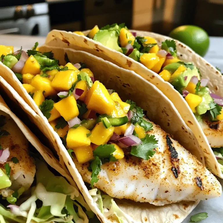 - 1 lb white fish fillets (such as tilapia or cod) - 1 tablespoon olive oil - 1 teaspoon chili powder - 1 teaspoon cumin - Salt and pepper to taste - 8 small corn tortillas - 1 ripe mango, diced - 1 small red onion, finely chopped - 1 jalapeño, minced (seeds removed) - 1/4 cup fresh cilantro, chopped - Juice of 1 lime - 1 avocado, sliced - 1 cup shredded cabbage - Optional: lime wedges for serving Gathering these ingredients is the first step to making tasty mango salsa fish tacos. You want to use fresh items to get the best flavor. A ripe mango adds sweetness. Fresh cilantro gives a nice burst. The fish should be flaky and tender, either tilapia or cod works great. Make sure your spices are fresh too. Chili powder and cumin add warmth and depth to the fish. Don't forget lime juice; it adds a zesty kick. For the tortillas, choose small corn ones. They hold everything well. You can add avocado and shredded cabbage for creaminess and crunch. If you like it spicy, use a jalapeño. These simple ingredients come together to create a dish that is bright and flavorful. You will enjoy every bite of your tacos! First, preheat your grill or a skillet to medium heat. This step is key for even cooking. Next, drizzle one tablespoon of olive oil over the fish fillets. I usually use tilapia or cod for this recipe. Then, season the fillets with one teaspoon of chili powder, one teaspoon of cumin, and some salt and pepper. This blend adds great flavor. Place the seasoned fish on the grill or in the skillet. Cook each side for about 3 to 4 minutes. You want to check for doneness by gently flaking the fish with a fork. When it flakes easily, it is ready. Once done, take the fish off the heat and let it rest for a few minutes. In a medium bowl, combine the diced mango, finely chopped red onion, minced jalapeño, chopped cilantro, and juice from one lime. Mix the ingredients gently to avoid mashing the mango. Add salt to taste. This salsa gives a fresh kick to the tacos. To warm the tortillas, use a separate pan over medium heat. Place each tortilla in the pan for about 30 seconds on each side. This makes them soft and pliable. Keep them warm in a clean kitchen towel to maintain softness. Now it’s time to build your tacos! On each warm tortilla, layer a slice of avocado first. Next, add a portion of the cooked fish. Top it off with a generous spoonful of mango salsa and a handful of shredded cabbage. For a nice touch, you can arrange the tacos on a plate for a pretty presentation. These tacos pair well with sides like rice or beans. You can also add lime wedges for an extra burst of flavor. Consider garnishing with more cilantro or some extra jalapeños if you like heat. Enjoy your meal! To make the fish shine, follow these tips: - Use fresh fish to enhance taste. - Pat the fish dry before seasoning. - Rub olive oil on both sides of the fillets. - Use a mix of chili powder and cumin for a warm flavor. - Add salt and pepper for balance. For cooking, you can grill or pan-sear the fish. Each method has its perks. Grilling adds a smoky flavor. Pan-searing gives a nice crust. Cook the fish for 3-4 minutes on each side. It’s done when it flakes easily. To boost your mango salsa, try these ideas: - Add diced bell peppers for crunch. - Stir in a pinch of cayenne for heat. - Mix in a bit of garlic for depth. If you want to switch things up, use different fruits. Pineapple or peach can add a sweet twist. You can replace cilantro with fresh mint for a unique taste. Choosing the right tortilla is key. I recommend small corn tortillas for their flavor. They are soft and easy to fold. You can make your own tortillas at home. This adds a personal touch. Store-bought tortillas are great for convenience. Just warm them before serving. This keeps them soft and tasty. {{image_2}} You can switch the white fish for shrimp or chicken. Shrimp cooks fast and adds a sweet taste. Just season and grill them the same way. For chicken, use boneless, skinless thighs or breasts. Cook until they are juicy and tender. You can also try vegetarian options with tofu. Firm tofu soaks up flavors well. Season and grill it until golden for a tasty twist. Mango salsa can change with the seasons. In summer, add fresh peaches or pineapple for sweetness. In fall, try apples or pears for a crisp bite. You can also adjust the salsa for your climate. If it’s hot, keep it light and fresh. On cooler days, add spices like cumin or smoked paprika for warmth. Taco bowls offer a fun way to enjoy these flavors. Use a bowl instead of tortillas and layer all the ingredients. This makes it easy to serve at parties. You can also create finger food adaptations. Mini tacos are perfect for gatherings. Just use smaller tortillas, and fill them with the same tasty ingredients. To store your leftover tacos, keep the fish and toppings separate. This helps keep the tortillas crisp. Place the fish in an airtight container. Use plastic wrap or foil to cover the tortillas. Store everything in the fridge. Consume leftover fish tacos within two days for the best taste. To keep fish fresh, make sure it cools before storing. This prevents moisture buildup. Always check for any off smells or changes in texture before eating leftovers. If you see any signs of spoilage, it's best to toss it out. You can prepare some parts of this dish ahead of time. For example, make the mango salsa a few hours before serving. It tastes even better after sitting for a bit. Just store it in the fridge in an airtight container. When you are ready to eat, warm the tortillas. You can do this in a skillet or microwave. If using the microwave, cover the tortillas with a damp paper towel. Heat for about 20-30 seconds. This keeps them soft and ready for filling. To check if your fish is cooked, look for a few signs: - The fish should be opaque and white. - It should flake easily with a fork. - The internal temperature should reach 145°F. If you see these signs, your fish is ready to eat. Yes, you can make mango salsa ahead of time! Here’s how: - Chop all the ingredients and mix them in a bowl. - Store the salsa in an airtight container in the fridge. - For best flavor, use it within 1-2 days. This makes meal prep easy and quick. For fish tacos, I recommend using: - Tilapia - Cod - Mahi-mahi These fish have a mild flavor and cook well. They will soak up the spices nicely. You can add your special touch to fish tacos by trying: - Different toppings like radishes or pickled onions. - Spicy sauces or creamy dressings for extra flavor. - Using different types of fish or even shrimp. Make it your own! Yes, grilling tacos is a fun option! Here are some tips: - Use a grill basket to keep small ingredients from falling through. - Warm the tortillas on the grill for a smoky flavor. - Carefully flip them to avoid tearing. Grilled tacos add a nice char and taste! You learned how to make delicious fish tacos using simple ingredients. We covered fish preparation, making mango salsa, and assembling the tacos. You can customize this dish with different proteins and sides. Whether you grill or use a skillet, these tacos are a fun meal. Remember to store leftovers properly or prep in advance for busy days. Enjoy creating your own tasty fish tacos that everyone will love!