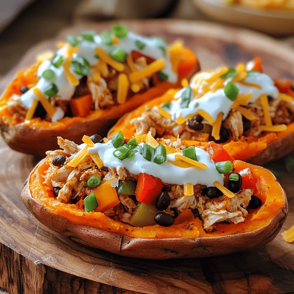 - 4 medium sweet potatoes - 2 cups cooked chicken, shredded - 2 tablespoons Cajun seasoning - 1 cup bell peppers (red and green), diced - 1/2 cup red onion, diced - 1 cup corn (canned or frozen) - 1 cup black beans, rinsed and drained The sweet potatoes form the base of this dish. Their natural sweetness balances the spicy Cajun chicken. You want medium sweet potatoes that are firm and smooth. Next, use cooked chicken. Shredded chicken works best here, as it mixes easily with the spices. The Cajun seasoning adds that bold kick. You also need fresh vegetables. The bell peppers bring color and crunch. Red onion adds a nice sweetness. Corn and black beans provide texture and nutrition. Together, these ingredients make the filling hearty and fun. - 1 cup shredded cheddar cheese - 1/4 cup sour cream - Chopped green onions, for garnish Cheese is key for flavor and texture. Shredded cheddar melts beautifully over the stuffed potatoes. You can also use pepper jack for extra spice. Sour cream adds creaminess and balances heat. For garnish, sprinkle chopped green onions over each potato. This fresh touch makes the dish pop. - 2 tablespoons olive oil - Salt and pepper to taste Olive oil is vital for cooking the veggies. It helps them sauté nicely. Salt and pepper enhance all the flavors. Use them to taste, making sure the dish is well-seasoned. With these ingredients, you're set to create a flavorful delight. 1. Preheating the oven: Start by setting your oven to 400°F (200°C). This ensures a perfect bake. 2. Baking process: Wash your sweet potatoes well. Pierce each one with a fork several times. This step helps steam escape. Place the sweet potatoes on a baking sheet. Bake for 45-60 minutes. They should feel soft when you poke them with a fork. 1. Sautéing vegetables: In a large skillet, heat 2 tablespoons of olive oil over medium heat. Add 1/2 cup of diced red onion and 1 cup of diced bell peppers. Cook these for 5-7 minutes until they soften. 2. Combining ingredients: Stir in 2 cups of shredded cooked chicken and 2 tablespoons of Cajun seasoning. Add 1 cup of corn and 1 cup of rinsed black beans. Cook this mix for another 5-7 minutes until heated through. Season with salt and pepper to taste. 1. Stuffing the sweet potatoes: Once your sweet potatoes are done, slice them open carefully. Fluff the insides with a fork. Spoon the Cajun chicken mixture into each potato. 2. Melting the cheese: Top each stuffed sweet potato with 1 cup of shredded cheddar cheese. Place them back in the oven for 5-7 minutes, or until the cheese is melted and bubbly. Now your flavorful Cajun chicken stuffed sweet potatoes are ready to enjoy! To make great stuffed sweet potatoes, start by selecting the right sweet potatoes. Look for medium-sized ones that feel firm and smooth. If they have bruises or soft spots, skip them. You want sweet potatoes that are uniform in size so they cook evenly. Next, balance the flavors. The sweet and savory mix is key. The sweetness of the potatoes pairs well with the spicy Cajun chicken filling. Taste as you cook and adjust seasoning. This ensures each bite is tasty. Adjusting Cajun seasoning can elevate your dish. If you like it spicy, add more seasoning. For less heat, use a lighter hand. You can also mix in garlic powder or onion powder for depth. Try alternative toppings for fun. You can add avocado slices or fresh cilantro for a twist. A squeeze of lime juice adds brightness too. These small changes can make your meal unique. When plating, use a large platter for the stuffed sweet potatoes. This allows each potato to shine. Arrange them neatly for a beautiful display. Garnish for aesthetics is important too. A sprinkle of extra Cajun seasoning on top adds color. Chopped green onions give a fresh look and taste. These small touches make the dish inviting and fun to eat. {{image_2}} You can switch up the protein in this dish. If you want a lighter option, use shredded turkey instead of chicken. Turkey pairs well with the Cajun flavors and keeps it tasty. For a vegetarian choice, try using chickpeas or lentils. These legumes add protein and fiber while soaking up the spices. To change the flavor profile, mix up the seasonings. For a spicy kick, add more Cajun seasoning or toss in some cayenne pepper. If you prefer a milder dish, use herbs like thyme and oregano. These herbs bring a fresh taste without too much heat. Don’t be afraid to experiment and find what you love. Feel free to add or swap in different vegetables. Zucchini, spinach, or even mushrooms can enhance your dish. Seasonal changes also give you options. In summer, add fresh corn or tomatoes. In fall, consider using roasted Brussels sprouts. The key is to choose vegetables that you enjoy and that fit the season. After you enjoy your Cajun chicken stuffed sweet potatoes, store the leftovers right. Let them cool to room temperature. Then, wrap each potato in plastic wrap or place them in an airtight container. This keeps moisture in and flavors fresh. Store them in the fridge for up to four days. You can reheat these tasty potatoes in two ways: the microwave or the oven. The microwave is quick but can make the potatoes a bit soggy. Heat them for about 2-3 minutes. The oven is slower but keeps them crisp. Preheat the oven to 350°F (175°C) and warm them for about 15-20 minutes. To restore freshness, add a little olive oil on top before reheating. If you want to save some for later, freezing works well. Use freezer-safe containers or heavy-duty foil. Wrap each potato tightly to avoid freezer burn. They can last up to three months in the freezer. To thaw, move them to the fridge overnight. You can also reheat from frozen, but add extra time in the oven. Enjoy your meal whenever you like! Yes, you can use regular potatoes. However, the flavor and texture will differ. Sweet potatoes are sweet and creamy. Regular potatoes are more starchy and have a neutral taste. This change will affect the overall dish. If you choose regular potatoes, consider using Yukon Gold for a buttery flavor. To add heat, try these methods: - Increase the Cajun seasoning. - Add diced jalapeños to the chicken mix. - Use hot sauce on top of the stuffed potatoes. - Try spicy cheese, like pepper jack, for an extra kick. Here are some side dishes that pair well: - A fresh green salad with a light vinaigrette. - Grilled corn on the cob for a sweet crunch. - Roasted vegetables for added flavor and color. - A simple coleslaw to balance the dish with some crunch. You learned how to make delicious stuffed sweet potatoes. We covered the best ingredients, like sweet potatoes, chicken, and cheese. I shared tips for cooking and assembling your dish. You can swap proteins and seasonings to change things up. Lastly, I provided storage tips for your leftovers. Enjoy crafting your own tasty meals! This recipe is fun and perfect for sharing with family and friends.