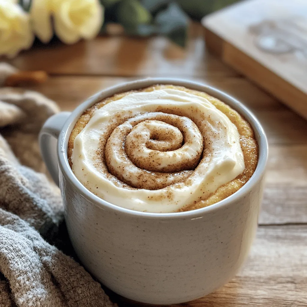 - 4 tablespoons all-purpose flour - 1 tablespoon granulated sugar - 1/4 teaspoon baking powder - 1/4 teaspoon ground cinnamon - Pinch of salt - 3 tablespoons milk - 1 tablespoon vegetable oil - 1/4 teaspoon vanilla extract - 1 tablespoon brown sugar - 1/2 teaspoon ground cinnamon (for swirl) - Optional: Cream cheese frosting for topping Gathering the right ingredients is key. Each one plays an important role in the flavor and texture of your cinnamon roll mug cake. Start with the flour. It gives structure to the cake. Sugar adds sweetness, while baking powder helps the cake rise. Ground cinnamon is what makes this treat taste like a warm cinnamon roll. A pinch of salt balances the sweetness. For the wet ingredients, you will need milk, vegetable oil, and vanilla extract. The milk keeps the cake moist. The oil adds richness, while vanilla gives a nice aroma. The brown sugar and extra cinnamon are for the swirl. They create that classic cinnamon roll flavor we all love. Lastly, cream cheese frosting is optional but highly recommended. It adds an extra layer of sweetness and creaminess. With these ingredients ready, you are set to create a delightful treat! First, grab your microwave-safe mug. Add 4 tablespoons of all-purpose flour. Next, add 1 tablespoon of granulated sugar. Then, mix in 1/4 teaspoon of baking powder, 1/4 teaspoon of ground cinnamon, and a pinch of salt. Stir these dry ingredients well until they blend together nicely. Now, it’s time to add the wet ingredients. Pour in 3 tablespoons of milk. Add 1 tablespoon of vegetable oil, and 1/4 teaspoon of vanilla extract. Stir all these together until the batter is smooth. Make sure there are no lumps left. In a small bowl, mix 1 tablespoon of brown sugar with 1/2 teaspoon of ground cinnamon. This will be your delicious cinnamon swirl. Make sure to mix it well so every part has that sweet cinnamon flavor. Spoon half of the batter into the mug. Now, sprinkle half of the cinnamon swirl mixture on top. Pour the rest of the batter into the mug. Then, add the remaining cinnamon swirl mixture. Use a toothpick or fork to gently swirl the cinnamon into the batter. This creates that classic cinnamon roll look. Place your mug in the microwave. Cook it on high for about 1 minute and 30 seconds. Keep an eye on it, as microwaves can cook differently. It’s done when the cake rises and feels firm to the touch. Let it cool for a minute before topping it with cream cheese frosting if you want that extra treat. Cooking times can change based on your microwave's wattage. Most microwaves range from 600 to 1200 watts. For lower wattage, you may need to add extra time. Start with 1 minute and 30 seconds. If it’s not firm, cook in 10-second bursts until it sets. Always watch closely to avoid overcooking. To make a light and fluffy mug cake, mix well to remove lumps. Stir gently when adding wet ingredients. Overmixing can cause the cake to be dense. Letting the batter rest for a minute can also help. This allows the baking powder to activate, leading to a fluffier texture. A great topping can make your mug cake even better. Cream cheese frosting adds a rich sweetness. You can easily make it by mixing cream cheese with powdered sugar. For a lighter option, use whipped cream. A sprinkle of cinnamon on top will enhance the flavor, making each bite even more delightful. {{image_2}} You can make this mug cake a chocolate treat! Just add 1 tablespoon of cocoa powder to the dry mix. This simple step turns your cinnamon roll into a rich chocolate delight. Mix it well with the flour and other dry ingredients. The cocoa adds a deep flavor that pairs perfectly with cinnamon. For a nutty twist, add chopped nuts or a spoonful of nut butter. Walnuts or pecans work great. Stir them into the batter after mixing the wet ingredients. Nuts add a nice crunch and boost the flavor. You can also top it with a drizzle of nut butter for extra creaminess. Want to add some fruit? Fresh or dried fruits can take this mug cake to the next level. Try adding chopped apples, berries, or even raisins. Mix the fruits into the batter before cooking. They add sweetness and moisture, making each bite even more enjoyable. To store any leftover mug cake, let it cool first. Place it in an airtight container. This helps keep it fresh. You can store it at room temperature for one day. If you need more time, keep it in the fridge for up to three days. When you're ready to enjoy it again, reheat the mug cake in the microwave. Use a low setting for 10 to 15 seconds. Check if it’s warm enough. The goal is to keep the cake soft and moist, not dry. If needed, add a splash of milk before reheating for extra moisture. You can freeze a mug cake, but it’s best to eat it fresh. If you freeze it, wrap it tightly in plastic wrap. Then, place it in a freezer bag. It can last up to a month in the freezer. When you want to eat it, thaw it in the fridge overnight. Then, reheat as mentioned above. Cooking a cinnamon roll mug cake takes about 1 minute and 30 seconds in the microwave. Keep an eye on it, as microwave strength varies. The cake is done when it rises and feels firm to the touch. You can prep the dry ingredients in advance. Just mix the flour, sugar, baking powder, cinnamon, and salt and store them. When you are ready to eat, add the wet ingredients and cook. This way, you save time for a quick treat! If you need a non-dairy option, use almond milk, soy milk, or oat milk. You can even use water in a pinch. These options work well and keep the mug cake moist. Yes, you can double the recipe. Just mix all the ingredients in a larger bowl. You will need to cook it longer, about 3 to 4 minutes. Check it often to avoid overcooking. Enjoy sharing this treat! In this post, we covered a simple recipe for a delicious cinnamon roll mug cake. We started with the key ingredients, the mixing steps, and cooking tips. We explored fun variations, storage methods, and answered common questions. Now, you have everything you need to bake your own mug cake. Enjoy experimenting with flavors and toppings. Each bite will be a sweet treat. Happy baking!