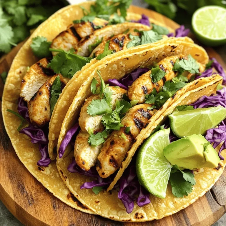 - 1 lb chicken breast, sliced - 2 tablespoons chipotle peppers in adobo sauce, minced - 8 small corn tortillas - 2 tablespoons olive oil - 2 tablespoons fresh lime juice - 1 cup purple cabbage, shredded - 1 avocado, sliced - Fresh cilantro, for garnish - Lime wedges, for serving Gathering the right ingredients is key to making delicious Chipotle Lime Chicken Tacos. Start with fresh chicken breast. I like using about one pound. This gives you enough for four servings. Next, you need chipotle peppers in adobo sauce. The minced peppers add a smoky kick. You can find them in most grocery stores. Use small corn tortillas for a classic taco feel. They are soft and easy to fold. For the extra flavor, olive oil and lime juice help marinate the chicken. They make it juicy and tasty. Shredded purple cabbage adds a nice crunch and color to your tacos. Finally, for garnishes, slice an avocado for creaminess and sprinkle fresh cilantro on top. Lime wedges finish the dish. They bring a bright zest when squeezed over the tacos. Now you have all the ingredients ready. Let’s move on to cooking! - First, mix together 2 tablespoons of olive oil, 2 tablespoons of minced chipotle peppers, and 2 tablespoons of fresh lime juice. Add 1 teaspoon of garlic powder, 1 teaspoon of onion powder, and 1/2 teaspoon of cumin. Season with salt and black pepper to taste. This mixture creates a flavorful marinade. - Next, add the sliced chicken breast to the marinade. Make sure each piece is well coated. Cover the bowl and refrigerate it for at least 30 minutes. For even more flavor, marinate for up to 2 hours. - Heat your grill or grill pan over medium-high heat. Once it's hot, add the marinated chicken pieces. Grill each piece for about 7-8 minutes. Turn them occasionally to get nice grill marks and ensure they cook evenly. The chicken is done when it is no longer pink inside. - While the chicken cooks, take 8 small corn tortillas and warm them in a separate skillet. Heat each tortilla for about 30 seconds on both sides until they become soft and pliable. - After cooking, let the chicken rest for a few minutes. Then, slice it into thin strips. This makes it easier to eat in tacos. - To build your tacos, place a few slices of the grilled chicken on each warm tortilla. Top with a handful of shredded purple cabbage and slices of avocado. - Finally, add fresh cilantro as a garnish. Serve your tacos with lime wedges on the side for that extra pop of zesty flavor. Enjoy your delicious Chipotle Lime Chicken Tacos! How long to marinate for best flavor? I recommend marinating the chicken for at least 30 minutes. If you want a stronger taste, let it sit for up to 2 hours. This time allows the flavors to soak into the chicken, making it juicy and tasty. Substitutions for chipotle peppers? If you cannot find chipotle peppers, use smoked paprika or cayenne pepper. These options give a nice smoky heat. Adjust the amount to your spice level. Ensuring chicken is properly cooked? Make sure the chicken reaches an internal temperature of 165°F. Use a meat thermometer for best results. This keeps the chicken safe to eat and ensures it stays moist. Ideal grilling temperature? Preheat your grill to medium-high heat, around 400°F. This gives a nice sear and helps the chicken cook evenly. Avoid low heat, as this can dry out the chicken. Serving ideas for parties? Arrange the tacos on a big platter. Add lime wedges around the tacos for a fresh look. You can also serve with a side of extra chipotle sauce for dipping. Drizzling chipotle sauce for extra flavor? For a special touch, drizzle some extra chipotle sauce over the tacos just before serving. This adds color and a burst of flavor. Everyone will love that extra kick! {{image_2}} You can switch up the protein in these tacos. Shrimp works well for a seafood twist. It cooks fast and absorbs flavors easily. Beef is another option. Use skirt steak for a rich taste. If you want a vegetarian choice, try jackfruit. It has a meaty texture and soaks up marinades nicely. You can also use black beans as a filling. They are hearty and packed with protein. Spice it up by adding more heat. Try adding cayenne pepper or red pepper flakes. These will give your tacos a nice kick. You can also mix in fruits for a sweet touch. Pineapple or mango adds brightness and contrast to the smoky chicken. Just chop them up and toss them in. Tortilla choice matters. Flour tortillas are soft and chewy, perfect for wrap-style tacos. Corn tortillas are traditional and add a great flavor. They are also gluten-free. For a low-carb option, try lettuce wraps. Use big leaves like romaine or butter lettuce. They hold fillings well and add a fresh crunch. To store leftover tacos, wrap them tightly in plastic wrap or place them in an airtight container. Make sure to keep the chicken, tortillas, and toppings separate if possible. This helps maintain taste and texture. You can store the tacos in the fridge for up to three days. After that, the chicken may taste less fresh. You can freeze grilled chicken for later use. Place the cooled chicken in a freezer-safe bag, squeezing out as much air as you can. It will stay good for up to three months. When you are ready to eat, thaw the chicken in the fridge overnight. Reheat it in a skillet over medium heat until warm. If you freeze the whole taco, wrap it tightly in foil before freezing. Prepping ingredients ahead of time makes weeknight dinners easy. You can marinate the chicken the night before. Slice the cabbage and avocado earlier in the day. Keep these items in separate containers. When it’s time to eat, just warm the tortillas and assemble the tacos quickly. This way, you save time and still enjoy a tasty meal. You can add extra heat with spices and sauces. Use cayenne pepper for a kick. Add more chipotle peppers in adobo sauce for rich flavor. A dash of hot sauce works great too. Mix in jalapeños or serrano peppers for fresh spice. Yes, you can prep this dish early. Marinate the chicken for up to two hours for great flavor. Store the marinated chicken in the fridge until you're ready to grill. You can also grill the chicken a day ahead. Just store it in the fridge and slice when needed. These tacos pair well with many sides. Consider serving with Mexican rice or black beans. A fresh corn salad adds sweetness and crunch. Chips with salsa or guacamole are also a hit. Don't forget a cool drink like limeade for a tasty combo! You learned how to make delicious Chipotle Lime Chicken Tacos. Start with key ingredients like chicken, chipotle peppers, and tortillas. Follow the step-by-step guide for marinating, cooking, and assembling. Use tips for the best flavor and great presentation. Explore variations for proteins and taco shells. Store leftovers properly for future meals. Remember, these tacos can fit any occasion. Enjoy crafting your own tasty version with the ideas we've shared. Happy cooking!