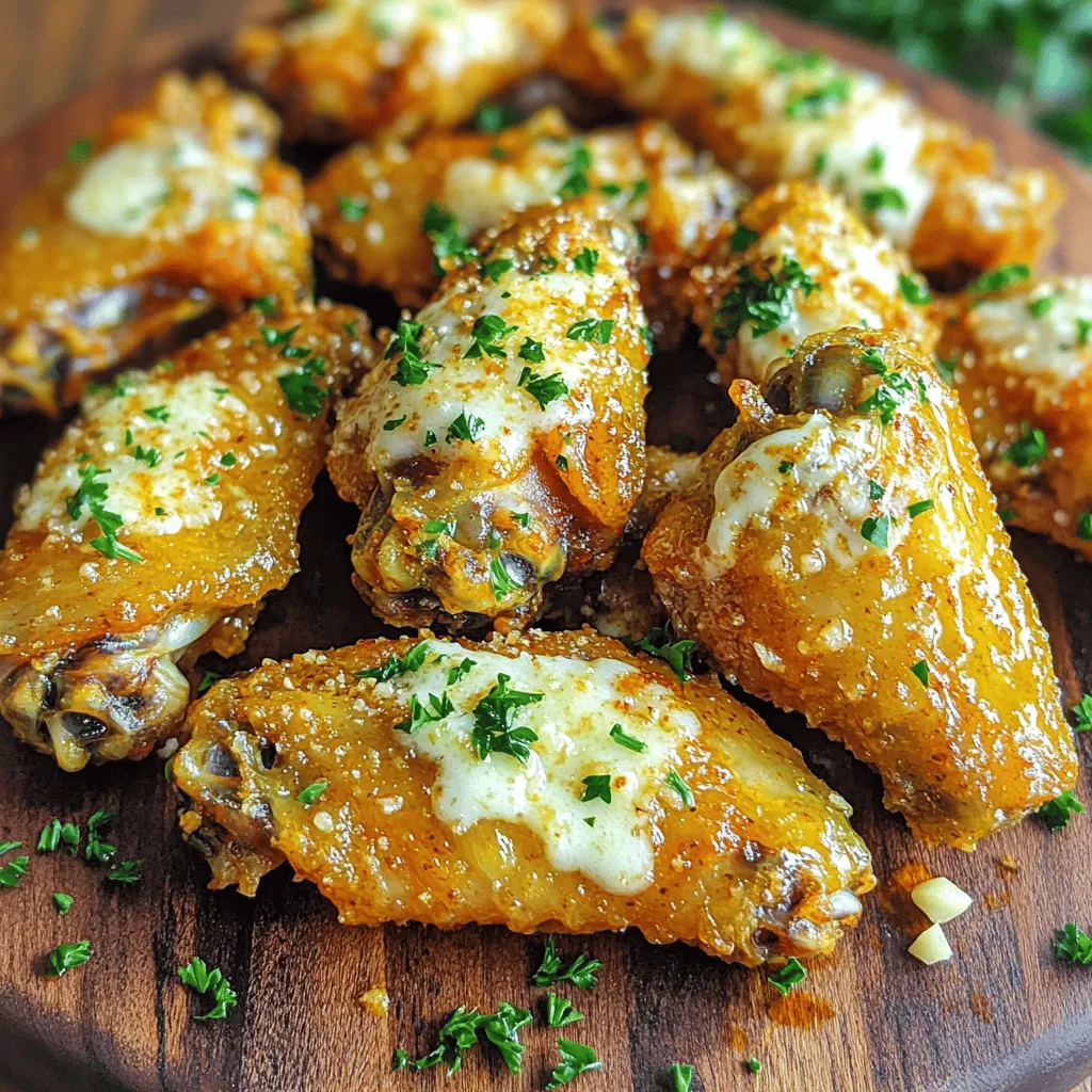 - 2 lbs chicken wings - 4 tablespoons olive oil - 6 cloves garlic, minced The main stars of this dish are the chicken wings, olive oil, and garlic. I love using fresh ingredients. They make a big difference in flavor. Chicken wings provide that perfect canvas for our tasty mix. Olive oil helps the wings crisp up nicely in the air fryer. Minced garlic adds a bold, savory punch. - 1 cup grated Parmesan cheese - 1 teaspoon dried oregano - 1 teaspoon dried thyme - 1/2 teaspoon black pepper - Salt to taste Now, we move to the seasonings. Parmesan cheese gives a rich, cheesy flavor. Dried oregano and thyme bring earthy notes. I always add black pepper and salt to enhance the taste. These ingredients blend well together and make the wings extra tasty. - Fresh parsley, chopped (for garnish) While not a must, fresh parsley adds a lovely touch. It brightens the dish and adds color. A sprinkle of parsley can make your wings look even more appealing. It’s a simple way to elevate your dish. First, rinse the chicken wings under cold water. This helps clean them well. After rinsing, use paper towels to pat them dry. Drying the wings is very important. It helps them become crispy when cooked. If the wings are wet, they will steam instead of fry. Now, let’s mix the marinade. In a large bowl, combine olive oil, minced garlic, oregano, thyme, black pepper, and salt. Stir it well until the mixture is smooth. Next, add the chicken wings to the bowl. Toss the wings in the marinade until they are well-coated. This step adds amazing flavor to the wings. After coating, cover the bowl with plastic wrap. Place it in the fridge for at least 30 minutes. If you want even more flavor, let them marinate for up to 2 hours. While the wings marinate, preheat your air fryer. Set it to 400°F (200°C) and let it heat for about 5 minutes. This step ensures even cooking. After preheating, place the marinated wings in a single layer in the air fryer basket. You may need to cook them in batches. If you overcrowd the basket, they won’t cook well. Air fry the wings for 25-30 minutes. Flip them halfway through to ensure they cook evenly. Once they are golden brown and crispy, take them out. Immediately toss the hot wings with grated Parmesan cheese. This step adds a rich, cheesy flavor. Enjoy your Garlic Parmesan Air Fryer Wings! To get crispy wings, start by drying them well. Use paper towels to pat the wings dry. Dry wings help them crisp up in the air fryer. Good air circulation also matters. Make sure to cook the wings in a single layer. If you crowd the basket, they won’t get crispy. Cooking in batches is key. This lets each wing get the hot air needed for that perfect crunch. For more flavor, consider marinating the wings longer. A marination time of at least two hours works wonders. This extra time lets the spices seep into the meat. You can also add more spices to the mix. Try adding cayenne pepper for heat or smoked paprika for depth. A touch of lemon zest can brighten the flavor too. When serving, pair the wings with tasty dipping sauces. Ranch and blue cheese work well. You can also serve them with fresh veggies like celery or carrots. For sides, consider a crisp salad or some crispy fries. These options balance the rich flavor of the wings. Garnish with fresh parsley for color and freshness. {{image_2}} You can spice up your wings in fun ways. For a spicy version, add cayenne pepper or your favorite hot sauce. Just a pinch can give a nice kick. If you want a fresh herb twist, try using rosemary or basil. Both herbs bring a lovely aroma and flavor. You can mix and match to create your perfect wing experience. Not everyone has an air fryer, and that’s okay! You can make these wings in the oven. Preheat your oven to 425°F. Place the wings on a baking sheet and cook for 40–45 minutes. Flip them halfway for even cooking. You can also grill them for a smoky flavor. Just preheat your grill and cook the wings for about 20–25 minutes, flipping often. When serving, make it fun! You can arrange the wings on a big platter or in small baskets. Serve them with colorful sides like carrot and celery sticks. For garnishes, think beyond parsley. You can use lemon wedges or even sliced green onions for a fresh touch. Get creative, and enjoy your delicious wings! To keep your wings fresh, place them in an airtight container. Make sure they cool down first. This helps avoid sogginess. They stay good for up to three days in the fridge. Always check for any signs of spoilage before eating. For reheating, I recommend using the air fryer. It keeps the wings crispy. Just set it to 350°F (175°C) and heat for about 10 minutes. You can also use a microwave, but this may make them soft. If you choose the microwave, heat in short bursts, so they don’t overcook. To freeze wings, let them cool completely. Then, place them in a freezer bag. Remove as much air as possible before sealing. They can last up to three months in the freezer. When you're ready to eat them, take the wings out and thaw them in the fridge overnight. This keeps them juicy and ready for reheating. You should marinate the wings for at least 30 minutes. This time allows the flavors to soak in. If you have more time, try to marinate for up to 2 hours. Longer marination adds even more flavor to your wings. Yes, you can use frozen wings. If you start with frozen wings, thaw them first. Place them in the fridge overnight or run them under cold water. Once thawed, follow the same steps for marinating and cooking. Cooking time may need slight adjustment, so check for doneness. Garlic Parmesan wings taste great with ranch dressing or blue cheese dressing. Both add a creamy touch to the crispy wings. You can also try a spicy sauce if you like heat. Honey mustard is another tasty option for a sweet twist. This blog post gives you all you need for perfect Garlic Parmesan chicken wings. We covered key ingredients like chicken wings, olive oil, and garlic. The step-by-step instructions make preparation easy. I shared tips for crispy wings and fun flavor ideas. You can even customize how you cook them. Take these tips to make wings everyone will love. Enjoy your cooking, and get ready to impress your friends and family with tasty meals!