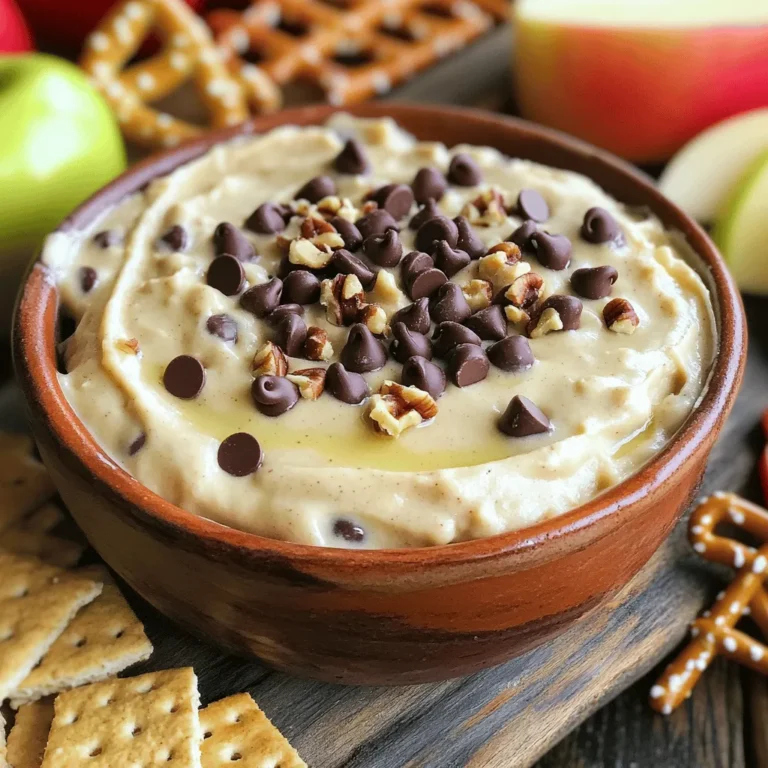 To make this tasty chocolate chip cookie dough dip, gather these simple ingredients: - 1 cup all-purpose flour (heat-treated for safety) - 1/2 cup unsalted butter, softened - 3/4 cup brown sugar, packed - 2 tablespoons granulated sugar - 2 teaspoons vanilla extract - 1/4 teaspoon salt - 1/2 cup cream cheese, softened - 1/2 cup powdered sugar - 1 cup semi-sweet chocolate chips - 1/4 cup chopped walnuts or pecans (optional) - Assorted dippers: graham crackers, pretzels, apple slices, or cookies Using raw flour can be unsafe due to bacteria. To avoid any risks, heat-treat your flour. Here’s how: 1. Measure out 1 cup of flour. 2. Place it in a microwave-safe bowl. 3. Microwave it on high for 1 minute. 4. Let it cool before mixing it into your dip. This step makes your dip safe to eat and just as delicious! The right dippers can make your dip even better! Here are some fun options: - Graham crackers provide a sweet crunch. - Pretzels add a salty twist. - Apple slices offer a fresh contrast. - Cookies are great for a double treat. Feel free to mix and match! Each dipper pairs well with the sweet cookie dough flavor. Enjoy your dip with your favorite dippers! First, we need to prepare the flour. Raw flour can carry germs. To make it safe, heat the all-purpose flour. Microwave it on high for 1 minute. Let it cool completely before using it. This step is key for a safe dip. Next, grab a mixing bowl. Add 1/2 cup of softened butter, 3/4 cup of brown sugar, and 2 tablespoons of granulated sugar. Beat them together with an electric mixer. Mix until it looks light and fluffy, about 2-3 minutes. Then, add 1/2 cup of softened cream cheese. Keep mixing until it blends smooth. After that, pour in 2 teaspoons of vanilla extract and 1/4 teaspoon of salt. Mix again until everything is well combined. Now, it’s time to add the dry ingredients. Gradually mix in the heat-treated flour and 1/2 cup of powdered sugar. Stir until it forms a dough-like texture. To finish, fold in 1 cup of semi-sweet chocolate chips. If you like, add 1/4 cup of chopped walnuts or pecans. Once combined, you can chill the dip for 30 minutes. This makes it firmer. Finally, serve it in a bowl with your favorite dippers. Enjoy every bite! To get the best texture for your dip, start by creaming the butter and sugars well. This step adds air and makes your dip light. Mix until it looks fluffy and pale. Then, add the cream cheese slowly. Beat it in until smooth. The flour should be added little by little. This helps create a dough-like texture. If you want it firmer, chill the dip for 30 minutes before serving. This dip is great for any fun event. For parties, serve it in a large bowl. Use fun dippers like graham crackers, pretzels, apple slices, or cookies. You can even set up a dip bar. Let guests pick their dippers. For movie nights, serve it with chocolate-covered pretzels. It adds a sweet touch to your snack table. One mistake is not heat-treating the flour. This step is key for safety. Always microwave it for one minute before use. Another mistake is overmixing after adding the flour. Mix just until combined to keep the dip creamy. Lastly, don’t forget to chill the dip if you want it firmer. These tips will help you make the best chocolate chip cookie dough dip! {{image_2}} You can make this dip even better. One great way is to add peanut butter. Mix in 1/2 cup of creamy peanut butter for a nutty twist. This change gives you a rich flavor. It also adds protein, making it a bit more filling. You can also try almond or cashew butter if you want different tastes. Get creative with mix-ins! You can add dried fruits like raisins or cranberries. These add sweetness and chewiness. You can also try coconut flakes for a tropical vibe. If you like crunch, add chopped nuts like almonds or pecans. They pair well with chocolate chips and add texture. Want to make this dip gluten-free? Just swap the all-purpose flour for a gluten-free blend. Many brands offer great options that work well in this recipe. If you need a dairy-free version, try using vegan cream cheese. Ensure all other ingredients are dairy-free too. These swaps let everyone enjoy this treat! After you enjoy your Chocolate Chip Cookie Dough Dip, store the leftovers in an airtight container. This keeps the dip fresh. Make sure to refrigerate it right away. If the dip sits out too long, it may spoil. Leftovers should last for about five days in the fridge. To make your dip last longer, consider freezing it. Place the dip in a freezer-safe container and seal it tightly. You can freeze it for up to three months. When you are ready to use it, let it thaw in the fridge overnight. This helps to keep the flavor intact. If you want to serve the dip warm, gently heat it in the microwave. Start with 15-second intervals, stirring in between. This helps to avoid overheating. If the dip seems too thick after refrigerating, mix in a little cream cheese to bring back its creamy texture. Yes, you can eat cookie dough dip raw. The dip uses heat-treated flour, making it safe. This means you can enjoy the dip without worry. Remember, the dip is meant to be a treat. It tastes great with dippers like graham crackers or apple slices. Chocolate Chip Cookie Dough Dip lasts about 3 to 5 days in the fridge. Make sure to store it in an airtight container. This helps keep it fresh and tasty. If you want to enjoy it longer, you can freeze it. Just thaw it in the fridge before serving. If you want to skip cream cheese, you have options. You can use Greek yogurt for a tangy flavor. Silken tofu is another great choice for a dairy-free option. Both alternatives keep the dip creamy and delicious. Yes, you can make a low-sugar version of this dip. Use less brown sugar and granulated sugar. You can also switch to sugar substitutes, like stevia or monk fruit. This way, you still enjoy the sweet taste with fewer calories. Making this dip vegan-friendly is easy. Use vegan butter instead of regular butter. Replace cream cheese with vegan cream cheese or silken tofu. Lastly, check that your chocolate chips are dairy-free. These changes will keep the dip delicious and plant-based. This blog post covered how to make delicious Chocolate Chip Cookie Dough Dip. We discussed key ingredients, including safe flour use and tasty dippers. Followed by simple steps for mixing and serving. I shared tips for perfect texture and common mistakes to avoid. You can even alter the dip for different flavors and dietary needs. With these guidelines, you can create a fun treat for any event. Enjoy making it your own!