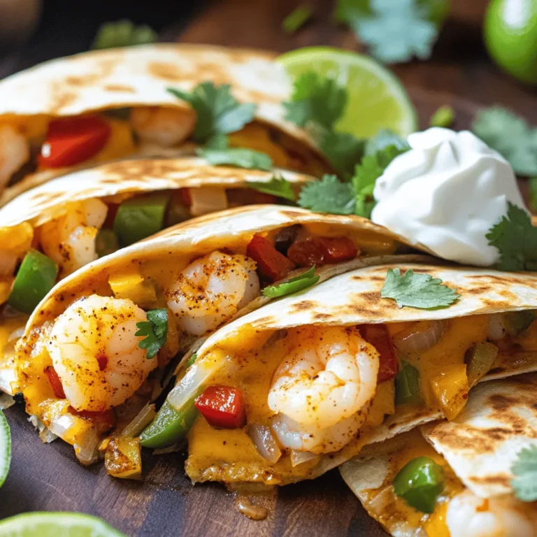 - 1 lb shrimp, peeled and deveined - 1 tablespoon Cajun seasoning - 4 large flour tortillas The key to this dish is fresh shrimp. I love using shrimp that is peeled and deveined. It makes cooking easier and faster. The Cajun seasoning adds a kick that makes each bite exciting. Flour tortillas are perfect for holding all the tasty filling. - 1 small red bell pepper, diced - 1 small green bell pepper, diced - 1 small onion, diced I often use both red and green bell peppers for color and taste. They add sweet crunch. Onions bring a nice flavor when sautéed. Together, these veggies make the filling fresh and vibrant. - 1 cup shredded cheese (cheddar or Monterey Jack) - 1/4 cup sour cream (for serving) - Fresh cilantro, chopped (for garnish) - Lime wedges (for serving) Cheese is a must! I like using cheddar or Monterey Jack because they melt well. After cooking, I top the quesadillas with sour cream, cilantro, and fresh lime. These add brightness and balance to the spicy filling. To prepare the shrimp, start by placing them in a large bowl. Add one tablespoon of Cajun seasoning. Mix well to coat the shrimp evenly. Let the shrimp marinate for about 10 minutes. This short time allows the flavors to soak in without overpowering the shrimp. Next, heat one tablespoon of olive oil in a large skillet over medium heat. Add the diced onion and bell peppers to the pan. Sauté them for about 5 minutes. You want them to soften but not lose their crunch. Stir often to prevent sticking. Now, it’s time to assemble your quesadillas. Wipe the skillet clean and lower the heat to medium-low. Place one large flour tortilla in the skillet. On one half, layer some of the shrimp mixture and a handful of shredded cheese. Fold the tortilla over the filling. Cook for about 3-4 minutes on each side. You want the tortilla to be golden brown and the cheese to melt. Repeat this process with the remaining tortillas and filling. Cut the quesadillas into wedges and serve warm with sour cream, fresh cilantro, and lime wedges. To make great quesadillas, start with the right heat. The ideal cooking temperature is medium-low. This helps the cheese melt without burning the tortilla. If it's too hot, the outside cooks fast while the inside stays cold. Avoid filling spillage by folding the tortilla carefully. Use just enough filling to close it, but not too much. This way, you keep all the flavors inside. You can adjust the spice levels to fit your taste. If you like it hotter, add more Cajun seasoning. If you prefer milder flavors, cut back on the spice. You can also try different seasonings. Add garlic powder for extra depth or smoked paprika for a rich taste. Experiment with what you enjoy most! Pair your quesadillas with sides for a complete meal. Fresh salsa or guacamole works well. You can also serve them with a simple salad. For presentation, cut the quesadillas into wedges and arrange them nicely on a plate. Add a dollop of sour cream in the center and sprinkle some cilantro on top. Lime wedges add a bright touch. {{image_2}} You can switch shrimp for chicken. Use the same Cajun seasoning. Cook it until it's done. Chicken needs a bit longer than shrimp. Tofu is a great choice too. Press it to remove extra water. Cut it into cubes and season it just like shrimp. Sauté until crispy for a tasty vegetarian option. If you need a cheese substitute, try pepper jack. It adds a nice kick. You can even mix cheeses for more flavor. Combine sharp cheddar with creamy Monterey Jack. This mix gives your quesadillas a rich taste. For a gluten-free version, use gluten-free tortillas. They are easy to find at most stores. Just make sure to check the labels for any hidden gluten. You can also try other diet-friendly adaptations. Use lettuce wraps instead of tortillas. This keeps it fresh and light. Enjoy your Spicy Cajun Shrimp Quesadillas in a new way! Store leftover quesadillas in an airtight container. Place parchment paper between layers to keep them crisp. Refrigerate them within two hours of cooking. They can last up to three days in the fridge. For longer storage, freeze the quesadillas. Wrap each one in plastic wrap and then in foil. This will help keep them fresh. They can last up to three months in the freezer. To reheat quesadillas, use a skillet over medium heat. This method keeps them crispy. Heat each side for about three minutes. You can also use an oven. Preheat it to 350°F (175°C) and bake for 10-15 minutes. If you want to use a microwave, add a damp paper towel on top. This will help prevent sogginess. However, the skillet or oven is best for keeping the crispiness. In the fridge, your quesadillas will last about three days. In the freezer, they can last up to three months. Be sure to label your containers. This way, you can track how long they have been stored. Always check for any signs of spoilage before eating. If the quesadillas look or smell off, it’s best to throw them away. Yes, you can make quesadillas in advance. Start by cooking the shrimp and veggies as usual. Let them cool. Then, layer the filling inside the tortillas and stack them carefully. Wrap them in plastic wrap or foil. Store them in the fridge for up to a day. You can also freeze them for longer storage. Just remember to separate layers with parchment paper to avoid sticking. When you’re ready to eat, cook from frozen or thaw in the fridge. You have many tasty options for sides. Here are some ideas: - Mexican rice: The spices pair well with the quesadillas. - Black beans: They add protein and fiber. - Guacamole: Creamy and delicious with a kick. - Corn salsa: Refreshing and brightens the dish. - Mixed green salad: A light side to balance the flavors. Look for a few signs to tell if the shrimp is done. Cooked shrimp turns pink and opaque. They should curl into a tight "C" shape. If they curl into an "O," they may be overcooked. Another sign is firmness; they should feel springy when you press them. Cooking shrimp takes just a few minutes, so watch them closely! In this blog post, I covered how to make spicy Cajun shrimp quesadillas. We explored key ingredients like shrimp, vegetables, and cheeses. I shared steps for marinating shrimp, cooking veggies, and assembling perfect quesadillas. Tips for customizing flavors and storage info help you enjoy leftovers. Making quesadillas is fun and easy. With practice, you will create delicious meals. Enjoy your cooking journey and impress your friends and family!