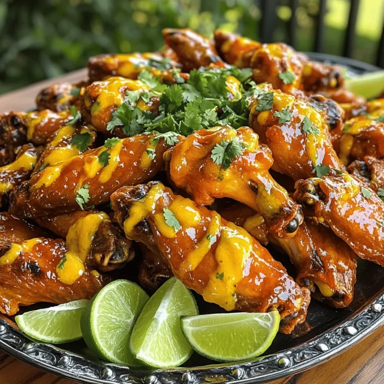 To make these tasty wings, you need: - 2 pounds chicken wings - 1 ripe mango, diced - 1 habanero pepper, finely chopped (remove seeds for less heat) - 3 tablespoons honey - 2 tablespoons soy sauce - 1 tablespoon lime juice - 1 teaspoon garlic powder - 1 teaspoon onion powder - Salt and pepper to taste These ingredients blend well to create a sweet and spicy flavor. The mango adds a fruity twist, while the habanero gives a nice kick. You will need a few tools to cook these wings perfectly: - Oven - Baking sheet - Aluminum foil or parchment paper - Blender or food processor - Large mixing bowl - Paper towels These items help you prepare and cook the wings. The blender mixes the sauce, and the baking sheet makes cleanup easy. For a great finishing touch, consider these garnishes: - Fresh cilantro, chopped Chopped cilantro adds color and freshness to the wings. You can also serve lime wedges for an extra zesty flavor. These small touches make your dish shine! Start by preheating your oven to 400°F (200°C). This step helps cook the wings evenly. While the oven heats, line a baking sheet with aluminum foil or parchment paper. This makes cleanup easy and keeps your wings from sticking. Next, we will make the spicy mango sauce. Gather these ingredients: - 1 ripe mango, diced - 1 habanero pepper, finely chopped (remove seeds for less heat) - 3 tablespoons honey - 2 tablespoons soy sauce - 1 tablespoon lime juice - 1 teaspoon garlic powder - 1 teaspoon onion powder - Salt and pepper to taste Combine all these ingredients in a blender. Blend until smooth. This sauce is the star of the dish, bringing sweet and spicy flavors to your wings. Now, it’s time to prepare the chicken wings. Rinse 2 pounds of wings under cold water. Pat them dry with paper towels. Dry wings cook better and turn crispy. In a large bowl, add the wings and half of the spicy mango sauce. Toss the wings until they are well-coated. Keep the other half of the sauce for basting later. Lay the coated wings in a single layer on your baking sheet. Bake them in your preheated oven for 40-45 minutes. Flip the wings halfway through cooking. This ensures they cook evenly. In the last 5-10 minutes, baste the wings with the reserved sauce. This adds extra flavor and keeps them moist. Once golden brown and crispy, take them out and let them rest for a few minutes. Enjoy your wings with a sprinkle of cilantro on top! To get crispy chicken wings, start by drying them well. Rinse them under cold water, then pat them dry with paper towels. This step removes moisture, which helps the skin crisp up nicely. When you bake the wings, lay them out in a single layer on the baking sheet. Flip them halfway through baking to cook evenly. If you like less heat, remove the seeds from the habanero pepper. You can also use less habanero or swap it for a milder pepper, like a jalapeño. For more spice, keep the seeds or add extra habanero. Taste the sauce before coating the wings. This way, you can tweak the spice to fit your taste. To make the wings look great, use fresh cilantro as a garnish. Chop it finely and sprinkle it on top just before serving. Serve the wings on a large platter for a nice presentation. Adding lime wedges to the side can give a pop of color and a zesty flavor. This simple touch makes your dish even more inviting and fun. {{image_2}} You can swap the spicy mango sauce for others. Try a barbecue sauce for a smoky taste. A honey mustard sauce adds sweetness and tang. If you like garlic, go for a garlic parmesan sauce. Each sauce gives the wings a unique flavor. Be creative and mix flavors that you enjoy! Wings are great, but you can use drumsticks or tenders too. Drumsticks give you more meat and are easy to eat. Tenders cook quickly and stay juicy. Just adjust the cooking time based on the size. Smaller cuts may need less time, while larger ones need more. You can cook these wings in an oven or air fryer. An air fryer makes wings extra crispy with less oil. Cook them for about 25-30 minutes at 400°F. If you prefer the oven, follow the original recipe. Both methods create delicious wings, so choose what works for you! You can store leftover spicy mango habanero wings in an airtight container. Let them cool to room temperature first. Place them in the fridge if you plan to eat them within three days. If longer storage is needed, consider freezing. To reheat wings, use the oven for the best texture. Preheat your oven to 350°F (175°C). Place the wings on a baking sheet. Heat for about 15 to 20 minutes until they are warm and crispy. You can also use an air fryer if you have one. This keeps the wings crunchy. To freeze wings, wrap them tightly in plastic wrap and then foil. Make sure to remove as much air as possible. Label the package with the date. They will last about three months in the freezer. When you want to eat them, thaw in the fridge overnight before reheating. You can serve these wings with fresh veggies. Carrot sticks and celery are great choices. They add a nice crunch. Pair the wings with a cool dip like ranch or blue cheese. A side of rice or a light salad works well too. You can even serve them with lime wedges for a zesty touch. Yes, you can make these wings ahead of time. Cook the wings, then let them cool. Store them in an airtight container in the fridge. When ready to serve, reheat in the oven at 350°F for about 10-15 minutes. This keeps them crispy and tasty. To make this recipe gluten-free, use gluten-free soy sauce. There are many brands available that taste great. Check the label to ensure it fits your needs. The other ingredients are naturally gluten-free, so you’re all set! You can adjust the sweetness by adding more or less honey. If you prefer a less sweet sauce, start with less honey. Taste as you mix, and add more if needed. You can also balance the sweetness with extra lime juice. The habanero adds a unique spice and flavor. If you don’t like heat, you can skip it. For a milder flavor, try using a bell pepper or a jalapeño. Just remember, the more spice you add, the more flavor you get! You learned how to make spicy mango habanero wings with ease. We covered the main ingredients, essential tools, and optional garnishes. I shared steps for preparing the wings and tips for perfecting crispiness. You can also explore variations, storage tips, and frequently asked questions. Now, you can impress your friends and family with these tasty wings. Enjoy experimenting with flavors and cooking methods. The key is to have fun while you cook!