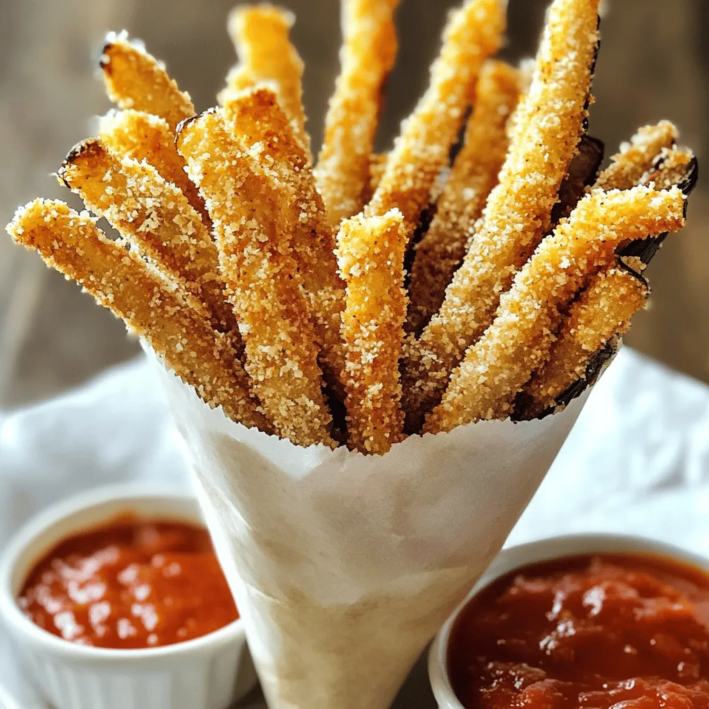 To make crispy Parmesan eggplant fries, you will need: - 1 large eggplant - 1 cup all-purpose flour - 2 large eggs - 1 cup breadcrumbs (preferably panko for extra crispiness) - 1 cup grated Parmesan cheese - 1 teaspoon garlic powder - 1 teaspoon onion powder - 1 teaspoon dried Italian herbs (or mixed herbs) - Salt and pepper to taste - Olive oil spray or vegetable oil for frying If you don’t have an ingredient, don’t worry! Here are some swaps: - Eggplant: You can use zucchini or sweet potatoes. - Panko breadcrumbs: Regular breadcrumbs work too, but panko is crunchier. - Parmesan cheese: Try using nutritional yeast for a dairy-free option. - Garlic and onion powder: Fresh garlic and onion can add great flavor if you prefer. These fries shine with tasty dips. Try these: - Marinara sauce: Classic and tangy, a perfect match. - Garlic aioli: Creamy and rich, it adds a nice kick. - Ranch dressing: Cool and creamy, it balances the fry's crunch. - Sprinkle of fresh herbs: Add parsley or basil for a fresh touch. Start by preheating your oven to 425°F (220°C). This step is key for crispiness. Next, wash your large eggplant and slice it into fry-shaped sticks, about 1/4 inch thick. Place these slices in a colander. Sprinkle them with salt and let them sit for 20-30 minutes. This will pull out some moisture and make them less bitter. After that, rinse the eggplant under cold water and dry them with paper towels. Now it’s time to set up your breading station. You’ll need three shallow dishes. In the first dish, add 1 cup of all-purpose flour. Season it with salt and pepper. In the second dish, crack open 2 large eggs and whisk them until well beaten. For the third dish, mix 1 cup of breadcrumbs, 1 cup of grated Parmesan cheese, 1 teaspoon of garlic powder, 1 teaspoon of onion powder, and 1 teaspoon of dried Italian herbs. Mix that well until it’s all combined. Dredge each eggplant fry in the flour, shaking off any extra. Then dip it into the egg wash, making sure it’s fully coated. Next, roll it in the breadcrumb mix, pressing gently to make sure it sticks. Place the coated fries on your prepared baking sheet. Lightly spray the top with olive oil to help them crisp up in the oven. Bake for 25-30 minutes until they are golden brown. Flip them halfway through for even cooking. Once they are done, let them cool for a couple of minutes before serving. Enjoy your crispy fries with your favorite dipping sauce! To get your eggplant fries crispy, you need to remove moisture. After cutting the eggplant, sprinkle salt and let it sit for 20-30 minutes. This step helps draw out water and bitterness. Rinse the slices well, then dry them with paper towels. When breading, use panko breadcrumbs for that extra crunch. Lightly spray the fries with olive oil before baking. This boosts their crispiness and gives a golden finish. One big mistake is skipping the salting step. If you don’t salt the eggplant, your fries may be soggy and bitter. Also, avoid overcrowding the baking sheet. If the fries are too close, they will steam instead of bake. Lastly, do not skip flipping them halfway. This ensures both sides get evenly crispy. Serve your crispy fries in a fun way! Use a cone made of parchment paper. This makes them easy to grab. Pair them with dips like marinara sauce or garlic aioli. You can also sprinkle fresh herbs for added flavor. These fries make a great snack or appetizer for any gathering. {{image_2}} You can spice up your eggplant fries with a few tweaks. Add paprika or cayenne to the breadcrumb mix for heat. You can also try smoked paprika for a smoky flavor. Mixing in some chili powder gives a nice kick, too. These spices will make your fries pop with flavor. You can even sprinkle some fresh herbs, like parsley or basil, after baking for freshness. Want to make these fries dairy-free? No problem! Instead of Parmesan cheese, use nutritional yeast. It gives a similar cheesy flavor without dairy. You can also use almond flour or crushed nuts in the breadcrumb mix for added crunch. Just ensure your breadcrumbs are dairy-free. This way, everyone can enjoy these crispy treats. If you prefer a quicker method, try using an air fryer. Preheat your air fryer to 400°F (200°C). Follow the same steps for prepping and breading the eggplant. Place the fries in the air fryer basket in a single layer. Cook for about 15-20 minutes, flipping halfway through. This method gives you crispy fries with less oil. Enjoy a healthier version without losing that crunch! To store your leftover crispy Parmesan eggplant fries, let them cool first. Then, place them in an airtight container. They will keep well in the fridge for up to three days. If you want to keep them longer, freezing is a great option. Make sure to separate layers with parchment paper to avoid sticking. When you are ready to enjoy your leftover fries, reheating them properly is key. Preheat your oven to 375°F (190°C). Lay the fries on a baking sheet in a single layer. Bake for about 10-15 minutes or until they are crispy again. Avoid microwaving, as this can make them soggy. If you want to freeze your eggplant fries, it's best to do this before baking. After breading the fries, place them in a single layer on a baking sheet. Freeze until solid, then transfer them to a freezer bag. They will last for up to three months. When you are ready to cook them, bake them straight from the freezer, adding a few extra minutes to the cooking time. Yes, you can use other types of eggplant. The smaller ones, like Japanese or Chinese eggplant, work well. They are tender and have fewer seeds. Their skin is also thinner, leading to a better texture when cooked. If you use these varieties, cut them into sticks like regular eggplant. The cooking time may be slightly less since they are smaller. To make eggplant less bitter, follow these simple steps. First, slice the eggplant and sprinkle it with salt. Let it sit in a colander for 20-30 minutes. This process draws out moisture and bitterness. After that, rinse the slices under cold water. Pat them dry with paper towels. Now, your eggplant will taste much better and be ready for frying! Crispy Parmesan Eggplant Fries can be a healthy snack. Eggplant is low in calories and high in fiber. Plus, it contains vitamins and minerals that are good for you. Using olive oil spray helps keep the fat content lower than deep frying. If you want to make it even healthier, serve with a fresh salsa or a yogurt dip instead of heavy sauces. Enjoy your tasty snack without guilt! We explored the key ingredients for eggplant fries, including helpful substitutions and tasty toppings. I walked you through the prep process, set up your breading station, and shared cooking tips. You learned how to avoid common mistakes and achieve the perfect crispiness. I also shared fun variations, storage tips, and answers to frequently asked questions. Now, you have all the tools to make delicious, crispy eggplant fries. Enjoy your cooking journey!