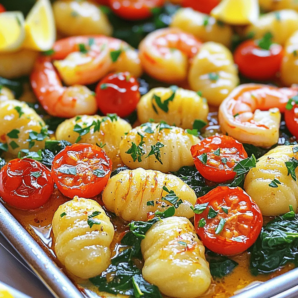 To make this tasty dish, you will need: - 1 pound shrimp, peeled and deveined - 1 pound potato gnocchi - 4 tablespoons unsalted butter - 6 cloves garlic, minced - 1 teaspoon smoked paprika - 1 teaspoon dried oregano - 1/2 teaspoon red pepper flakes (optional) - 1 cup cherry tomatoes, halved - 3 cups fresh spinach - Salt and pepper to taste - Fresh parsley, chopped for garnish - Lemon wedges for serving These ingredients work well together. The shrimp and gnocchi create a lovely base. The garlic butter adds rich flavor. Cherry tomatoes bring freshness, while spinach adds color and nutrients. You can change this recipe based on what you have. For instance: - Use olive oil instead of butter for a lighter taste. - Swap shrimp for chicken or tofu for a different protein. - Try other veggies like bell peppers or zucchini. These options let you customize your meal. You can make it your own while keeping it easy. Fresh shrimp is often best for flavor and texture. However, frozen shrimp works well too. If using frozen shrimp, thaw them first. You can do this by placing them in cold water. This will help keep your shrimp juicy. Both fresh and frozen shrimp will cook well in this dish. Choose what fits your schedule and budget. Enjoy the cooking process! Start by preheating your oven to 425°F (220°C). This helps cook the shrimp and gnocchi evenly. Next, grab a large baking sheet and line it with parchment paper. This makes cleanup easy and prevents sticking. In a large bowl, melt 4 tablespoons of unsalted butter. You can do this in the microwave or on the stovetop. Once melted, add 6 cloves of minced garlic, 1 teaspoon of smoked paprika, 1 teaspoon of dried oregano, and 1/2 teaspoon of red pepper flakes if you want a little heat. Mix in salt and pepper to taste. Stir until all the ingredients blend well, creating a rich garlic butter sauce. Now, add 1 pound of peeled and deveined shrimp and 1 pound of potato gnocchi to the bowl with the garlic butter. Toss everything together until the shrimp and gnocchi are fully coated. This step ensures that every bite is packed with flavor. Spread the shrimp and gnocchi mixture evenly on the prepared baking sheet. Make sure not to overcrowd it; this will help everything bake properly. Scatter 1 cup of halved cherry tomatoes over the top and drizzle with a little olive oil if you like. Bake in the preheated oven for 15-20 minutes. The shrimp should turn pink and the gnocchi should be golden and slightly crispy. In the last 5 minutes, add 3 cups of fresh spinach to the sheet. Spread it over the top, and let it wilt in the oven. Once done, remove it and sprinkle with chopped parsley. Don’t forget to serve with lemon wedges for a fresh, zesty flavor! To get tender shrimp, start with fresh, high-quality shrimp. Peel and devein them before cooking. Cook them quickly on high heat. This keeps them juicy. If they overcook, they become rubbery. Bake them for 15-20 minutes at 425°F. Watch closely until they turn pink and opaque. This is the best sign they are ready. For crispy gnocchi, use a baking sheet lined with parchment paper. Toss the gnocchi with garlic butter to coat them well. Spread them out in a single layer on the sheet. This allows heat to circulate. Bake them alongside the shrimp. The hot oven will crisp them nicely in 15-20 minutes. You can boost flavor by adding fresh herbs. Try basil or thyme for a new twist. A squeeze of lemon juice brightens the dish. You can also mix in some capers for a salty kick. If you love heat, add more red pepper flakes. For a smoky touch, try smoked paprika. Experimenting can lead to delightful surprises. {{image_2}} You can easily make this dish vegetarian. Swap shrimp for firm tofu or tempeh. Both options soak up flavor well. Use the same garlic butter mix. Toss in your gnocchi and let it bake. Add veggies like bell peppers or zucchini for a colorful touch. Want a seafood mix? You can add scallops or fish. Scallops cook quickly, so add them at the same time as shrimp. For fish, choose firm types like salmon or cod. Cut them into bite-sized pieces. Mix them in the garlic butter blend, then bake as usual. You'll get a rich and tasty dish. Try different sauce bases for a twist. You can use pesto instead of garlic butter. Just toss your shrimp and gnocchi in the pesto before baking. For a creamy option, mix in Alfredo sauce. This will make your dish rich and savory. No matter the base, you can create your own unique flavor. To keep your Sheet-Pan Garlic Butter Shrimp and Gnocchi fresh, store leftovers in an airtight container. Make sure to cool the dish to room temperature first. This helps prevent moisture build-up. Place the container in the fridge. Your leftovers will last about 3 days. If you want to keep it longer, consider freezing. When it's time to reheat, I recommend using the oven. Preheat it to 350°F (175°C). Place the dish in a baking pan and cover it with foil. This keeps the shrimp and gnocchi moist. Heat for about 15-20 minutes. You can also microwave small portions. Just cover them with a damp paper towel to keep them from drying out. For freezing, pack the cooled dish in a freezer-safe container. Make sure it’s airtight to prevent freezer burn. Label it with the date. It can freeze well for up to 2 months. To thaw, move it to the fridge overnight. If you’re in a hurry, you can use the microwave on defrost. After thawing, reheat as mentioned above for the best taste. It takes about 30 minutes to make this dish. You will spend 10 minutes prepping. The cooking time is around 15 to 20 minutes. This quick recipe makes it easy to enjoy a tasty meal on busy nights. Yes, you can use store-bought garlic butter. It saves time and adds flavor. Just make sure it has good quality. This way, your meal stays simple and quick. If you like, you can add extra garlic for a stronger taste. You can serve this dish with a fresh salad or crusty bread. A light green salad pairs well with the rich flavors. Crusty bread is great for soaking up extra sauce. You might also enjoy a glass of white wine for a special touch. In this post, we covered how to make Sheet-Pan Garlic Butter Shrimp and Gnocchi. You learned about the ingredient list and helpful tips for baking. I shared ways to vary the recipe and how to store leftovers. Remember to use fresh shrimp for the best taste. Experiment with toppings to find your favorite flavor. Cooking should be fun and tasty! Enjoy your meal and share it with friends or family.