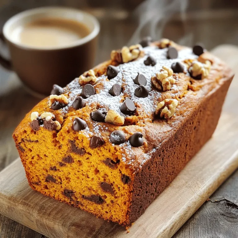 To make the best chocolate chip pumpkin bread, gather these simple ingredients: - 1 cup canned pumpkin puree - 1/2 cup vegetable oil - 3/4 cup brown sugar, packed - 1/4 cup granulated sugar - 2 large eggs - 1 teaspoon vanilla extract - 2 cups all-purpose flour - 1 teaspoon baking soda - 1/2 teaspoon baking powder - 1 teaspoon ground cinnamon - 1/2 teaspoon ground nutmeg - 1/2 teaspoon salt - 1 cup semi-sweet chocolate chips - 1/2 cup chopped walnuts (optional) These ingredients combine to create a moist and flavorful bread. The pumpkin puree adds natural sweetness and moisture. The blend of spices brings warmth and depth. The chocolate chips offer a delightful surprise in every bite. If you love nuts, add walnuts for crunch. This mix of ingredients makes every slice a true fall treat! - Preheat your oven to 350°F (175°C). - Grease or line the loaf pan with parchment paper. This will help with easy removal. - In a large bowl, mix the pumpkin puree, vegetable oil, brown sugar, and granulated sugar. - Add the eggs and vanilla extract. Whisk until smooth. - In another bowl, whisk together the flour, baking soda, baking powder, cinnamon, nutmeg, and salt. This helps to blend the dry items. - Gradually add the dry ingredients to the wet mixture. Stir gently until just mixed. - Fold in the semi-sweet chocolate chips and walnuts if you like them. - Pour the batter into the prepared loaf pan. Spread it evenly. - Bake for 55 to 65 minutes. Check doneness with a toothpick. It should come out clean when done. To make the best chocolate chip pumpkin bread, avoid overmixing the batter. Mix just until you see no dry flour. Overmixing can make the bread tough. Always use a toothpick to test doneness. Insert it in the center. If it comes out clean, your bread is ready! Serve your bread warm or at room temperature for the best taste. A light dusting of powdered sugar makes it look nice. You can also spread cream cheese on top for a rich flavor. These simple touches make a big difference! Want to boost the flavor? Try adding spices like ginger or cloves. These spices add warmth and depth. You can also mix in some chopped nuts for crunch. This makes every bite exciting and flavorful! {{image_2}} If you need a gluten-free treat, this bread can easily fit your needs. Simply swap out the all-purpose flour for a gluten-free flour blend. Make sure the blend you choose is good for baking. Your bread will still taste fantastic, and the texture will be delightful. Want to make this bread vegan? No problem! Just use flax eggs instead of regular eggs. To make a flax egg, mix one tablespoon of ground flaxseed with three tablespoons of water. Let it sit for five minutes until it thickens. Also, choose a plant-based oil like coconut or olive oil. You'll enjoy a tasty bread that everyone can love. If you have nut allergies, you can skip the walnuts. Instead, you might want to use seeds like sunflower or pumpkin seeds. These will add a nice crunch without the nuts. Your bread will still be yummy and safe for everyone at the table. You can keep your chocolate chip pumpkin bread at room temperature for 1-2 days. Place it in an airtight container. This helps keep the bread fresh and moist. For longer storage, refrigerate your bread for up to a week. If you want to store it even longer, freeze it for up to 3 months. Just make sure to wrap it well. Use plastic wrap or a freezer bag to prevent freezer burn. When you're ready to enjoy your bread again, simply warm slices in the microwave or toaster oven. This brings back its soft texture and rich flavors. Yes, but ensure it is well-pureed and cooked thoroughly. Fresh pumpkin can add a nice taste. To use fresh pumpkin, first, cook it until soft. Then, scoop out the flesh and blend it until smooth. This gives you a great flavor that works well in chocolate chip pumpkin bread. The spoon and level method is recommended for accuracy. This method prevents too much flour in your mix. Here’s how to do it: take a spoon and scoop flour into a measuring cup. Then, level it off with a knife. This way, your bread will turn out just right. Yes, options like dried cranberries or nuts are great additions. You can use walnuts, pecans, or even chocolate chunks. Mix-ins make your bread even more fun and tasty. Just be sure not to add too many, so the bread stays moist. This recipe for pumpkin bread is simple and fun. We covered the ingredients, step-by-step instructions, and helpful tips. You can even try variations to fit your needs. Remember to store your bread right to keep it fresh. Whether you are baking for yourself or sharing with friends, this treat is sure to delight. Enjoy making this tasty pumpkin bread and feel free to add your favorite mix-ins! Happy baking!