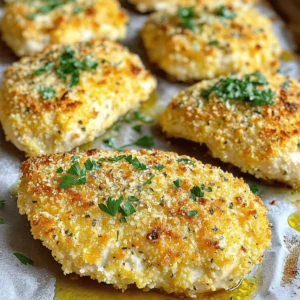 - 4 boneless, skinless chicken breasts - 1 cup grated Parmesan cheese - 1 cup breadcrumbs (preferably panko) - 1 teaspoon garlic powder - 1 teaspoon onion powder - 1 teaspoon Italian seasoning - 2 tablespoons olive oil - 1 large egg, beaten - Salt and pepper, to taste - Optional garnish: 2 tablespoons fresh parsley, chopped These ingredients create a tasty and simple dish. The chicken breasts serve as a lean protein source. The Parmesan cheese adds a rich flavor. Panko breadcrumbs give a crunchy texture. Garlic powder, onion powder, and Italian seasoning enhance the taste. Olive oil helps the coating stick and adds moisture. The beaten egg acts as glue for the crumbs. I like to use fresh parsley as a garnish. It adds a nice touch of color and freshness. This meal is not just good; it looks great too. Each ingredient plays a role in making this chicken dish delicious and fun to cook. - Preheat oven to 400°F (200°C). - Prepare a baking sheet lined with parchment paper. Starting with a hot oven helps the chicken cook evenly. Lining the baking sheet with parchment paper makes cleaning easy. You can focus on your chicken without worrying about a messy pan. - Mix Parmesan, breadcrumbs, and spices in one bowl. - Beat egg and mix with olive oil in another bowl. In the first bowl, combine the grated Parmesan cheese, breadcrumbs, garlic powder, onion powder, Italian seasoning, salt, and pepper. This mix gives the chicken its tasty crust. In the second bowl, beat the egg and add the olive oil. This mixture helps the breadcrumbs stick to the chicken. - Dip chicken in egg mixture then coat with breadcrumb mixture. - Bake for 25-30 minutes until golden and cooked through. Take each chicken breast and dip it into the egg mixture. Let any extra drip off. Then, coat the chicken in the breadcrumb mix. Make sure it's covered on all sides. Place the coated chicken on the prepared baking sheet. Bake it for 25 to 30 minutes. The chicken should be golden, crispy, and reach an internal temperature of 165°F (75°C). To get that perfect crunch, I always use panko breadcrumbs. They add a nice texture. It’s key to coat your chicken evenly. Make sure every side is covered in the breadcrumb mix. This helps create a golden crust as it bakes. The best internal temperature for this chicken is 165°F (75°C). Use a meat thermometer to check. This ensures your chicken is safe to eat and cooked well. Once cooked, let the chicken rest for a few minutes. This step keeps it juicy and tender. If you slice it too soon, you lose that moisture. For a complete meal, pair your chicken with side dishes. Roasted vegetables or a fresh salad work great. You can also try sauces or dips like marinara or a garlic aioli. These add extra flavor and make the meal fun. {{image_2}} You can boost the flavor of your Baked Parmesan Crusted Chicken easily. Try adding lemon zest to the breadcrumb mix. This gives a fresh, zesty taste that brightens the dish. You can also add fresh herbs like parsley or thyme. They add a nice touch of flavor. Another fun option is to experiment with different cheese types. Cheddar can give a sharp, bold flavor. Romano cheese adds a unique nutty taste. Mix and match to find your favorite combo! If you want to cook your chicken differently, try using an air fryer. It cooks the chicken quickly and gives it a nice crispy crust. Just follow the same coating steps. Set the air fryer to 375°F (190°C) and cook for about 15-20 minutes. You can also cook the chicken in a skillet. Heat a little olive oil over medium heat. Cook the chicken for about 5-7 minutes on each side until it gets golden brown. This method keeps it juicy and adds depth to the flavor. For those with dietary needs, there are great options. You can make this dish gluten-free by using almond flour or gluten-free breadcrumbs. Both work well while keeping that tasty crunch. If you are following a low-carb diet, you can also use crushed pork rinds instead of breadcrumbs. This keeps the crispy texture while lowering the carbs. Enjoy your meal without worrying about your diet! After enjoying your Baked Parmesan Crusted Chicken, let the leftovers cool down. This step helps keep the chicken juicy. Once cooled, place the chicken in airtight containers. Glass or plastic containers work well. Make sure to store them in the fridge. They will stay fresh for up to three days. To reheat your chicken, the oven is the best choice. Preheat your oven to 350°F (175°C). Place the chicken on a baking sheet and cover it with foil. This method keeps the crust crisp. It usually takes about 15-20 minutes to heat through. The microwave is quicker but might not keep the crust crispy. If you use the microwave, heat it on medium power for 1-2 minutes at a time. Check often to avoid drying it out. If you want to save your chicken for later, freezing is a great option. Wrap each piece tightly in plastic wrap. Then place them in a freezer-safe bag or container. Make sure to remove as much air as possible. This helps prevent freezer burn. When you’re ready to enjoy it, thaw the chicken in the fridge overnight. After thawing, you can reheat it in the oven for the best results. If you need it fast, you can use the microwave, but the oven is better for taste and texture. Yes, you can prepare this dish in advance. For best results, follow these steps: - Prep the Chicken: Coat the chicken breasts with the egg and breadcrumb mixture. - Chill: Place the coated chicken on a baking sheet and cover it. Refrigerate for up to 24 hours. - Bake When Ready: Bake straight from the fridge. Just add a few extra minutes to the cooking time. Prepping ahead makes dinner easy. You can enjoy the meal without the rush. Using a meat thermometer is the best way to check doneness. Here’s how: - Insert Thermometer: Place the thermometer in the thickest part of the chicken. - Check Temperature: The chicken should reach 165°F (75°C) to be safe to eat. This method avoids guesswork. Proper cooking ensures juicy, safe chicken. Baked Parmesan Crusted Chicken pairs nicely with many sides. Here are some popular options: - Steamed Vegetables: Broccoli, green beans, or carrots add color and nutrition. - Rice or Quinoa: These grains soak up flavors and complement the chicken well. - Salad: A fresh green salad adds crunch and balance to the meal. - Mashed Potatoes: Creamy potatoes provide comfort and richness. Feel free to mix and match these sides to create a tasty plate. This blog post covered how to make Baked Parmesan Crusted Chicken. We looked at key ingredients like chicken, Parmesan, and spices. You learned step-by-step instructions for prep, coating, and baking. Tips showed how to get a crispy crust and maintain juiciness. Try the variations to suit your taste or diet. Store leftovers properly and reheat well to enjoy later. This dish is simple, tasty, and sure to impress anyone at your table. Enjoy your cooking adventure!