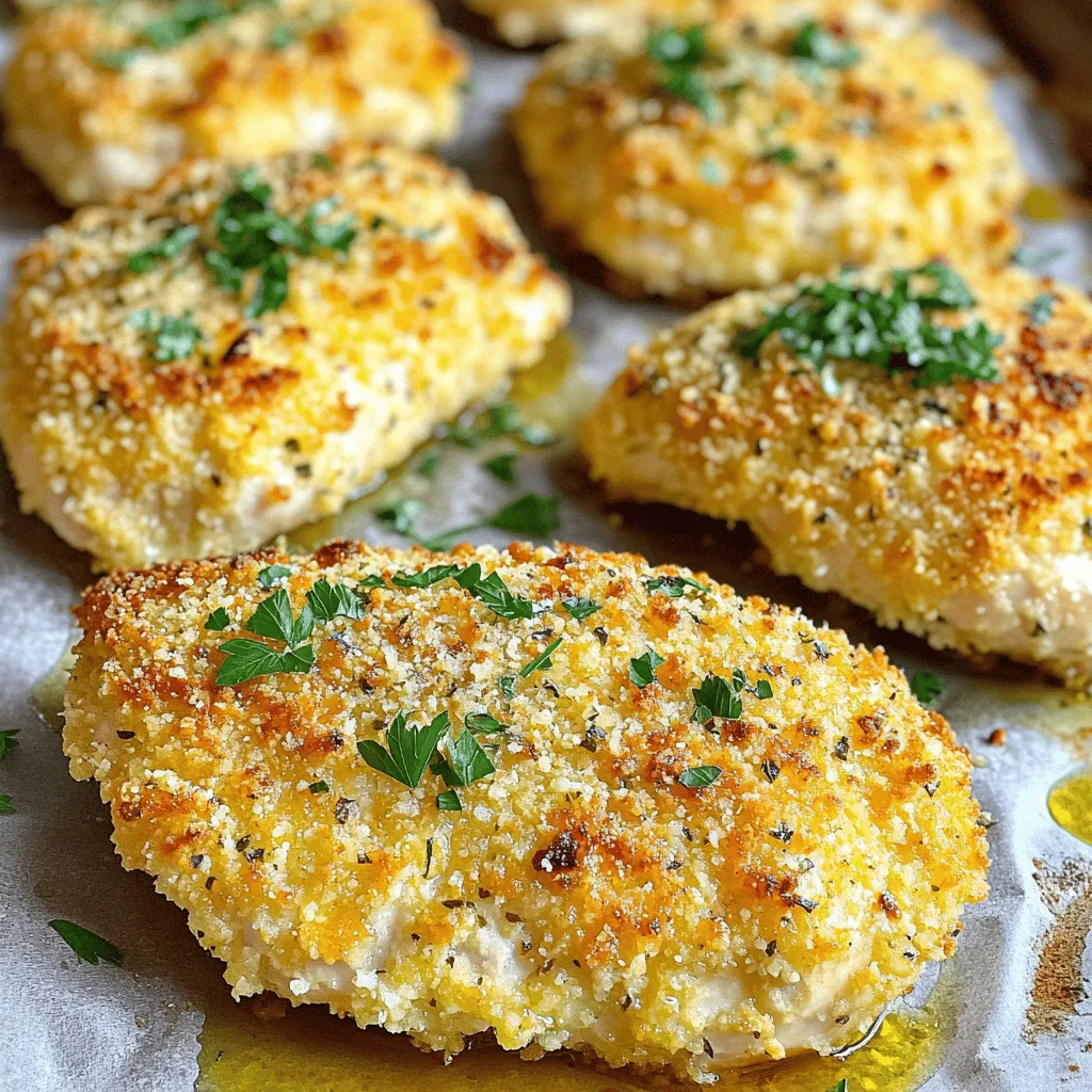 - 4 boneless, skinless chicken breasts - 1 cup grated Parmesan cheese - 1 cup breadcrumbs (preferably panko) - 1 teaspoon garlic powder - 1 teaspoon onion powder - 1 teaspoon Italian seasoning - 2 tablespoons olive oil - 1 large egg, beaten - Salt and pepper, to taste - Optional garnish: 2 tablespoons fresh parsley, chopped These ingredients create a tasty and simple dish. The chicken breasts serve as a lean protein source. The Parmesan cheese adds a rich flavor. Panko breadcrumbs give a crunchy texture. Garlic powder, onion powder, and Italian seasoning enhance the taste. Olive oil helps the coating stick and adds moisture. The beaten egg acts as glue for the crumbs. I like to use fresh parsley as a garnish. It adds a nice touch of color and freshness. This meal is not just good; it looks great too. Each ingredient plays a role in making this chicken dish delicious and fun to cook. - Preheat oven to 400°F (200°C). - Prepare a baking sheet lined with parchment paper. Starting with a hot oven helps the chicken cook evenly. Lining the baking sheet with parchment paper makes cleaning easy. You can focus on your chicken without worrying about a messy pan. - Mix Parmesan, breadcrumbs, and spices in one bowl. - Beat egg and mix with olive oil in another bowl. In the first bowl, combine the grated Parmesan cheese, breadcrumbs, garlic powder, onion powder, Italian seasoning, salt, and pepper. This mix gives the chicken its tasty crust. In the second bowl, beat the egg and add the olive oil. This mixture helps the breadcrumbs stick to the chicken. - Dip chicken in egg mixture then coat with breadcrumb mixture. - Bake for 25-30 minutes until golden and cooked through. Take each chicken breast and dip it into the egg mixture. Let any extra drip off. Then, coat the chicken in the breadcrumb mix. Make sure it's covered on all sides. Place the coated chicken on the prepared baking sheet. Bake it for 25 to 30 minutes. The chicken should be golden, crispy, and reach an internal temperature of 165°F (75°C). To get that perfect crunch, I always use panko breadcrumbs. They add a nice texture. It’s key to coat your chicken evenly. Make sure every side is covered in the breadcrumb mix. This helps create a golden crust as it bakes. The best internal temperature for this chicken is 165°F (75°C). Use a meat thermometer to check. This ensures your chicken is safe to eat and cooked well. Once cooked, let the chicken rest for a few minutes. This step keeps it juicy and tender. If you slice it too soon, you lose that moisture. For a complete meal, pair your chicken with side dishes. Roasted vegetables or a fresh salad work great. You can also try sauces or dips like marinara or a garlic aioli. These add extra flavor and make the meal fun. {{image_2}} You can boost the flavor of your Baked Parmesan Crusted Chicken easily. Try adding lemon zest to the breadcrumb mix. This gives a fresh, zesty taste that brightens the dish. You can also add fresh herbs like parsley or thyme. They add a nice touch of flavor. Another fun option is to experiment with different cheese types. Cheddar can give a sharp, bold flavor. Romano cheese adds a unique nutty taste. Mix and match to find your favorite combo! If you want to cook your chicken differently, try using an air fryer. It cooks the chicken quickly and gives it a nice crispy crust. Just follow the same coating steps. Set the air fryer to 375°F (190°C) and cook for about 15-20 minutes. You can also cook the chicken in a skillet. Heat a little olive oil over medium heat. Cook the chicken for about 5-7 minutes on each side until it gets golden brown. This method keeps it juicy and adds depth to the flavor. For those with dietary needs, there are great options. You can make this dish gluten-free by using almond flour or gluten-free breadcrumbs. Both work well while keeping that tasty crunch. If you are following a low-carb diet, you can also use crushed pork rinds instead of breadcrumbs. This keeps the crispy texture while lowering the carbs. Enjoy your meal without worrying about your diet! After enjoying your Baked Parmesan Crusted Chicken, let the leftovers cool down. This step helps keep the chicken juicy. Once cooled, place the chicken in airtight containers. Glass or plastic containers work well. Make sure to store them in the fridge. They will stay fresh for up to three days. To reheat your chicken, the oven is the best choice. Preheat your oven to 350°F (175°C). Place the chicken on a baking sheet and cover it with foil. This method keeps the crust crisp. It usually takes about 15-20 minutes to heat through. The microwave is quicker but might not keep the crust crispy. If you use the microwave, heat it on medium power for 1-2 minutes at a time. Check often to avoid drying it out. If you want to save your chicken for later, freezing is a great option. Wrap each piece tightly in plastic wrap. Then place them in a freezer-safe bag or container. Make sure to remove as much air as possible. This helps prevent freezer burn. When you’re ready to enjoy it, thaw the chicken in the fridge overnight. After thawing, you can reheat it in the oven for the best results. If you need it fast, you can use the microwave, but the oven is better for taste and texture. Yes, you can prepare this dish in advance. For best results, follow these steps: - Prep the Chicken: Coat the chicken breasts with the egg and breadcrumb mixture. - Chill: Place the coated chicken on a baking sheet and cover it. Refrigerate for up to 24 hours. - Bake When Ready: Bake straight from the fridge. Just add a few extra minutes to the cooking time. Prepping ahead makes dinner easy. You can enjoy the meal without the rush. Using a meat thermometer is the best way to check doneness. Here’s how: - Insert Thermometer: Place the thermometer in the thickest part of the chicken. - Check Temperature: The chicken should reach 165°F (75°C) to be safe to eat. This method avoids guesswork. Proper cooking ensures juicy, safe chicken. Baked Parmesan Crusted Chicken pairs nicely with many sides. Here are some popular options: - Steamed Vegetables: Broccoli, green beans, or carrots add color and nutrition. - Rice or Quinoa: These grains soak up flavors and complement the chicken well. - Salad: A fresh green salad adds crunch and balance to the meal. - Mashed Potatoes: Creamy potatoes provide comfort and richness. Feel free to mix and match these sides to create a tasty plate. This blog post covered how to make Baked Parmesan Crusted Chicken. We looked at key ingredients like chicken, Parmesan, and spices. You learned step-by-step instructions for prep, coating, and baking. Tips showed how to get a crispy crust and maintain juiciness. Try the variations to suit your taste or diet. Store leftovers properly and reheat well to enjoy later. This dish is simple, tasty, and sure to impress anyone at your table. Enjoy your cooking adventure!