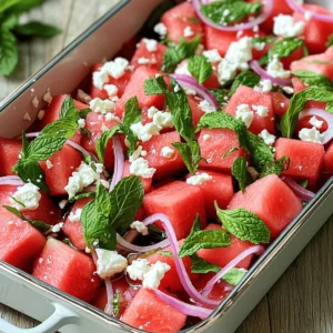 - Watermelon: Use ripe, juicy watermelon for the best taste. Look for deep green skin and a uniform shape. The best types are seedless and have a sweet aroma. - Fresh mint: Choose bright green leaves without brown spots. To prepare, gently wash and tear the leaves. This fresh mint adds a burst of flavor to your salad. - Feta cheese: Opt for creamy, crumbly feta. Look for cheese made from sheep's milk for a richer taste. If you prefer, you can also use goat cheese for a tangy twist. - Olive oil and balsamic vinegar: Use high-quality olive oil for a smooth finish. A good balsamic vinegar adds depth. You can also try flavored oils like lemon or herb-infused oils for a fun twist. - Salt and pepper: These simple seasonings enhance flavor. Use flaky sea salt for a bit of crunch. Freshly cracked black pepper adds a nice touch, but you can skip it if you prefer milder tastes. First, pick a ripe watermelon. Look for a uniform shape and a yellow spot on its skin. This spot shows it ripened on the ground. To cube the watermelon, place it on a cutting board. Cut off both ends. Then, slice it in half lengthwise. Cut each half into long strips, about half an inch wide. Now, turn the strips and slice them again into cubes. This method is quick and keeps the cubes even. Place your watermelon cubes in a large salad bowl. Next, it's time to layer the ingredients. Start by crumbling the feta cheese over the watermelon. This adds a creamy touch and salty flavor. Then, add the torn mint leaves. These fresh herbs bring a bright taste. After that, scatter the thinly sliced red onion. This gives a nice crunch and a bit of bite. Layering helps each ingredient shine through in every bite. Now, let’s create the dressing. In a small bowl, whisk together the olive oil and balsamic vinegar. This mix adds a rich flavor that ties everything together. Once the dressing is ready, drizzle it over the salad. Then, gently toss the salad. Use a large spoon or spatula. Be careful not to mash the watermelon or feta. You want to keep the pieces intact. Finally, season with salt and pepper to taste. For the best flavor, let the salad sit for about 10 minutes before serving. This allows the flavors to blend beautifully. To make the best watermelon feta mint salad, choose ripe watermelon. Look for these signs: - The watermelon should feel heavy for its size. - The skin should have a uniform shape without dents. - Look for a creamy yellow spot where it rested on the ground. For fresh mint, choose bright green leaves. They should smell strong and sweet. Avoid wilting or yellowing leaves, as they are not fresh. Serve your salad in a large, shallow dish. This helps with both beauty and ease of serving. Garnish with whole mint leaves for a pop of color. You can also sprinkle extra crumbled feta on top for a nice touch. A drizzle of olive oil can add shine and flavor. Let the salad sit for about 10 minutes before serving. This time helps the flavors meld together. The salt and olive oil draw out juices from the watermelon. This makes every bite delicious and refreshing. If you want to boost the flavor even more, try adding a pinch of chili flakes or a squeeze of lime juice. {{image_2}} You can add fun elements to your Watermelon Feta Mint Salad. Nuts or seeds give a nice crunch. Try adding: - Sliced almonds - Chopped walnuts - Pumpkin seeds These ingredients not only add texture but also boost nutrition. You can also mix in other fruits. Juicy berries or tropical fruits work well. Add: - Strawberries for sweetness - Blueberries for a pop of color - Kiwi for a tangy twist These fruits keep the salad fresh and exciting. The dressing can change the salad's vibe completely. If you want to switch it up, try these options: - Honey and lime juice for a sweeter touch - Greek yogurt for creaminess - A splash of citrus vinaigrette for brightness Experiment with these dressings to find your favorite flavor combination. Making this salad fit your diet is easy. To make it vegan, skip the feta cheese. Use avocado instead. It adds creaminess without dairy. To make it gluten-free, you’re in luck! This salad is already gluten-free. Just ensure your dressings are free from gluten too. These adjustments let you enjoy the salad no matter your dietary needs. To keep your salad fresh, use a tight container. Glass or plastic containers work well. Store it in the fridge. Aim for a temperature below 40°F. This keeps the flavors bright and the ingredients crisp. The salad lasts about three days in the fridge. After that, the watermelon can get mushy. The feta might lose its texture too. Always check for any off smells before eating. If you have leftover salad, use it in other dishes. Add it to a wrap or sandwich for a tasty twist. You can mix it into a grain bowl or top grilled chicken with it. The flavors blend well and make meals exciting! To keep your salad fresh and crisp, you can follow a few simple tips: - Use a melon that is not overripe. Choose a watermelon that is firm and heavy for its size. Overripe watermelon has more water and can make the salad soggy. - Cut just before serving. Cube your watermelon right before you plan to eat the salad. This helps reduce moisture loss. - Pat the watermelon dry. After cutting, gently pat the cubes with a paper towel. This removes excess water. - Add dressing last. Wait to drizzle the olive oil and balsamic vinegar on the salad until you are ready to serve. This keeps the ingredients from soaking in moisture. Yes, but there are best practices to ensure it stays fresh: - Prep ingredients separately. Cut the watermelon, mint, and onion ahead of time. Store them in different containers to keep them fresh. - Mix just before serving. Combine all the ingredients right before serving. This keeps the flavors bright and prevents sogginess. - Dressing on the side. Keep the dressing separate until you are ready to serve. This way, your salad stays crisp. This salad pairs well with many dishes: - Grilled chicken or fish. The salad’s light flavors complement the richness of grilled meats. - Sandwiches or wraps. Serve it alongside your favorite sandwich for a tasty lunch. - Quinoa or couscous. These grain salads work great as a side, adding more texture and flavor. - Cheese platter. Pair this salad with a mix of cheeses for a fun appetizer or lunch. Enjoy your fresh and tasty delight! This blog post explored how to create a delicious Watermelon Feta Mint Salad using fresh ingredients. We discussed selecting the best produce and dairy, along with tips for preparation. You can enhance flavors and presentation with simple tricks. Remember to store leftovers correctly for the best taste. Enjoy experimenting with different variations to keep things fresh and exciting. By following these guidelines, you will impress your friends and family with a flavorful, vibrant salad that they will love. Happy cooking!