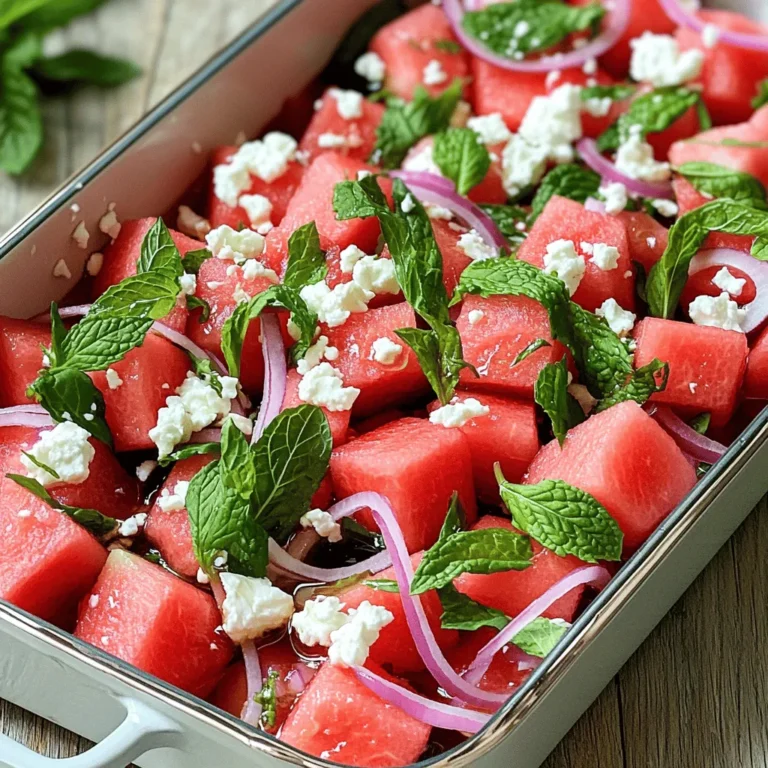 - Watermelon: Use ripe, juicy watermelon for the best taste. Look for deep green skin and a uniform shape. The best types are seedless and have a sweet aroma. - Fresh mint: Choose bright green leaves without brown spots. To prepare, gently wash and tear the leaves. This fresh mint adds a burst of flavor to your salad. - Feta cheese: Opt for creamy, crumbly feta. Look for cheese made from sheep's milk for a richer taste. If you prefer, you can also use goat cheese for a tangy twist. - Olive oil and balsamic vinegar: Use high-quality olive oil for a smooth finish. A good balsamic vinegar adds depth. You can also try flavored oils like lemon or herb-infused oils for a fun twist. - Salt and pepper: These simple seasonings enhance flavor. Use flaky sea salt for a bit of crunch. Freshly cracked black pepper adds a nice touch, but you can skip it if you prefer milder tastes. First, pick a ripe watermelon. Look for a uniform shape and a yellow spot on its skin. This spot shows it ripened on the ground. To cube the watermelon, place it on a cutting board. Cut off both ends. Then, slice it in half lengthwise. Cut each half into long strips, about half an inch wide. Now, turn the strips and slice them again into cubes. This method is quick and keeps the cubes even. Place your watermelon cubes in a large salad bowl. Next, it's time to layer the ingredients. Start by crumbling the feta cheese over the watermelon. This adds a creamy touch and salty flavor. Then, add the torn mint leaves. These fresh herbs bring a bright taste. After that, scatter the thinly sliced red onion. This gives a nice crunch and a bit of bite. Layering helps each ingredient shine through in every bite. Now, let’s create the dressing. In a small bowl, whisk together the olive oil and balsamic vinegar. This mix adds a rich flavor that ties everything together. Once the dressing is ready, drizzle it over the salad. Then, gently toss the salad. Use a large spoon or spatula. Be careful not to mash the watermelon or feta. You want to keep the pieces intact. Finally, season with salt and pepper to taste. For the best flavor, let the salad sit for about 10 minutes before serving. This allows the flavors to blend beautifully. To make the best watermelon feta mint salad, choose ripe watermelon. Look for these signs: - The watermelon should feel heavy for its size. - The skin should have a uniform shape without dents. - Look for a creamy yellow spot where it rested on the ground. For fresh mint, choose bright green leaves. They should smell strong and sweet. Avoid wilting or yellowing leaves, as they are not fresh. Serve your salad in a large, shallow dish. This helps with both beauty and ease of serving. Garnish with whole mint leaves for a pop of color. You can also sprinkle extra crumbled feta on top for a nice touch. A drizzle of olive oil can add shine and flavor. Let the salad sit for about 10 minutes before serving. This time helps the flavors meld together. The salt and olive oil draw out juices from the watermelon. This makes every bite delicious and refreshing. If you want to boost the flavor even more, try adding a pinch of chili flakes or a squeeze of lime juice. {{image_2}} You can add fun elements to your Watermelon Feta Mint Salad. Nuts or seeds give a nice crunch. Try adding: - Sliced almonds - Chopped walnuts - Pumpkin seeds These ingredients not only add texture but also boost nutrition. You can also mix in other fruits. Juicy berries or tropical fruits work well. Add: - Strawberries for sweetness - Blueberries for a pop of color - Kiwi for a tangy twist These fruits keep the salad fresh and exciting. The dressing can change the salad's vibe completely. If you want to switch it up, try these options: - Honey and lime juice for a sweeter touch - Greek yogurt for creaminess - A splash of citrus vinaigrette for brightness Experiment with these dressings to find your favorite flavor combination. Making this salad fit your diet is easy. To make it vegan, skip the feta cheese. Use avocado instead. It adds creaminess without dairy. To make it gluten-free, you’re in luck! This salad is already gluten-free. Just ensure your dressings are free from gluten too. These adjustments let you enjoy the salad no matter your dietary needs. To keep your salad fresh, use a tight container. Glass or plastic containers work well. Store it in the fridge. Aim for a temperature below 40°F. This keeps the flavors bright and the ingredients crisp. The salad lasts about three days in the fridge. After that, the watermelon can get mushy. The feta might lose its texture too. Always check for any off smells before eating. If you have leftover salad, use it in other dishes. Add it to a wrap or sandwich for a tasty twist. You can mix it into a grain bowl or top grilled chicken with it. The flavors blend well and make meals exciting! To keep your salad fresh and crisp, you can follow a few simple tips: - Use a melon that is not overripe. Choose a watermelon that is firm and heavy for its size. Overripe watermelon has more water and can make the salad soggy. - Cut just before serving. Cube your watermelon right before you plan to eat the salad. This helps reduce moisture loss. - Pat the watermelon dry. After cutting, gently pat the cubes with a paper towel. This removes excess water. - Add dressing last. Wait to drizzle the olive oil and balsamic vinegar on the salad until you are ready to serve. This keeps the ingredients from soaking in moisture. Yes, but there are best practices to ensure it stays fresh: - Prep ingredients separately. Cut the watermelon, mint, and onion ahead of time. Store them in different containers to keep them fresh. - Mix just before serving. Combine all the ingredients right before serving. This keeps the flavors bright and prevents sogginess. - Dressing on the side. Keep the dressing separate until you are ready to serve. This way, your salad stays crisp. This salad pairs well with many dishes: - Grilled chicken or fish. The salad’s light flavors complement the richness of grilled meats. - Sandwiches or wraps. Serve it alongside your favorite sandwich for a tasty lunch. - Quinoa or couscous. These grain salads work great as a side, adding more texture and flavor. - Cheese platter. Pair this salad with a mix of cheeses for a fun appetizer or lunch. Enjoy your fresh and tasty delight! This blog post explored how to create a delicious Watermelon Feta Mint Salad using fresh ingredients. We discussed selecting the best produce and dairy, along with tips for preparation. You can enhance flavors and presentation with simple tricks. Remember to store leftovers correctly for the best taste. Enjoy experimenting with different variations to keep things fresh and exciting. By following these guidelines, you will impress your friends and family with a flavorful, vibrant salad that they will love. Happy cooking!