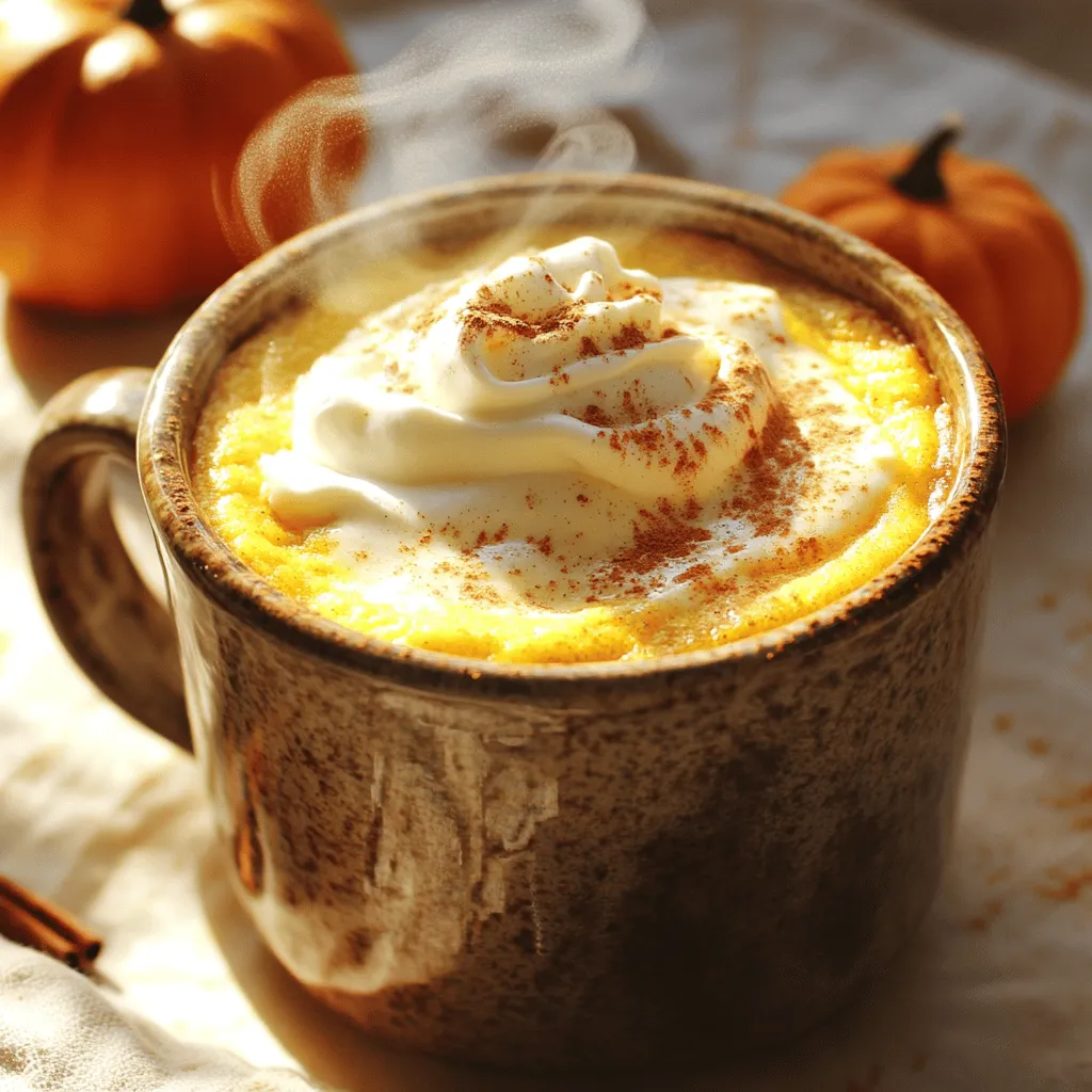 To make the perfect pumpkin spice mug cake, you need the following items: - 4 tablespoons all-purpose flour - 2 tablespoons brown sugar - 1/4 teaspoon baking powder - 1/4 teaspoon pumpkin spice (or a mix of cinnamon, nutmeg, and ginger) - 1/8 teaspoon salt - 2 tablespoons pumpkin puree - 2 tablespoons milk (or a non-dairy option) - 1 tablespoon vegetable oil - 1/2 teaspoon vanilla extract - Optional: Whipped cream or cream cheese frosting for topping These ingredients come together to create a warm and comforting treat. Each one plays a role in the flavor and texture of the cake. You can make this mug cake your own with some easy swaps: - Use whole wheat flour instead of all-purpose flour for more fiber. - Swap brown sugar with coconut sugar for a lower glycemic index. - Use baking soda if you don’t have baking powder; just add a dash of vinegar. - Substitute pumpkin spice with cinnamon and a pinch of cloves. - Almond milk or oat milk can replace regular milk easily. - For a dairy-free version, use coconut oil instead of vegetable oil. These substitutions allow you to create a mug cake that fits your needs. Toppings can elevate your mug cake to a new level. Here are some great options: - A dollop of whipped cream for extra creaminess. - Cream cheese frosting for a rich and tangy taste. - A sprinkle of cinnamon or nutmeg for extra spice. - Chopped nuts like pecans or walnuts for crunch. - Dark chocolate chips for a sweet surprise. Try different toppings to find your favorite flavor combo! Start by picking a microwave-safe mug. Make sure it is big enough to hold the cake. Gather your ingredients: - 4 tablespoons all-purpose flour - 2 tablespoons brown sugar - 1/4 teaspoon baking powder - 1/4 teaspoon pumpkin spice - 1/8 teaspoon salt - 2 tablespoons pumpkin puree - 2 tablespoons milk - 1 tablespoon vegetable oil - 1/2 teaspoon vanilla extract Measuring is key. Use a spoon to scoop and level the flour. This helps avoid a dense mug cake. In your mug, add the flour, brown sugar, baking powder, pumpkin spice, and salt. Mix these well. Make sure there are no clumps. A fork works great for this task. It helps blend the dry ingredients evenly. Now, it’s time for the wet ingredients. Add the pumpkin puree, milk, vegetable oil, and vanilla extract to the dry mix. Stir until smooth. Scrape the sides of the mug as you mix. This helps all the ingredients come together for a perfect batter. Place your mug in the microwave. Cook on high for 1 minute and 30 seconds. Watch it closely. Cooking times can change based on the microwave. The cake should rise and look firm in the center. Let it cool for a minute before digging in. For extra fun, top it with whipped cream or cream cheese frosting. Enjoy your tasty treat! To get a soft and fluffy mug cake, mix the dry and wet ingredients well. If you leave clumps, the cake may bake unevenly. Use a fork to break up any lumps. Also, don’t overcook it! Keep an eye on the time to avoid a dry texture. Microwaving is quick and easy. It takes just about 90 seconds. The oven can also work but takes longer. If you use an oven, set it to 350°F and bake for around 15 to 20 minutes. A mug cake in the oven can be more even in texture but less fun for a quick treat. One big mistake is using too much flour. Stick to the 4 tablespoons listed. Another mistake is not stirring well. This can lead to a lumpy cake. Finally, don’t skip the toppings! A dollop of whipped cream or cream cheese frosting makes it special. Enjoy this treat! {{image_2}} To make a gluten-free version, swap regular flour with a gluten-free blend. I recommend using a 1:1 gluten-free flour mix. This mix often includes ingredients like rice flour and tapioca starch. These blends work well for baking and give a nice texture. Just follow the same steps in the recipe. You will enjoy a soft and tasty mug cake that fits your diet. For a vegan option, you can easily replace a few ingredients. Use almond milk or oat milk instead of regular milk. Instead of vegetable oil, use melted coconut oil or unsweetened applesauce. This keeps the cake moist and fluffy. Make sure your pumpkin puree is pure and does not have added sugars or dairy. Your vegan mug cake will still be rich and yummy! You can customize your mug cake with fun flavors. Try adding chocolate chips for a sweet twist. Nuts like walnuts or pecans add a nice crunch. You can also mix in a spoonful of peanut butter for a creamy texture. For a spice boost, add more cinnamon or some allspice. These additions make each mug cake unique and exciting. Remember to adjust your baking time slightly if you add more ingredients. Enjoy your creative spin on this fall treat! You might not have any leftovers, but if you do, store your mug cake in an airtight container. This keeps it fresh for up to two days. If you want to keep it longer, wrap it tightly in plastic wrap and place it in the fridge. The cold air will slow down spoilage. To reheat your mug cake, simply place it in the microwave. Heat it for about 10 to 15 seconds. Check it to see if it’s warm enough. You want it warm, not hot. If it still feels cold, heat it in small bursts. This way, you avoid drying it out. If you want to prepare your mug cake ahead, you can mix the dry ingredients and store them. Just keep them in a sealed bag or container. When you're ready to eat, add the wet ingredients. This method saves time and keeps the cake fresh. Enjoy your fall treat without the wait! You can easily make more than one mug cake. Just multiply the ingredients by the number of servings you want. For example, if you want two servings, double all the ingredients. Use a larger bowl instead of a mug to mix. Then, divide the batter into two mugs. Cook them one at a time in the microwave. This keeps the cakes fluffy and moist. Yes, you can mix it up with different spices. If you want a twist, try adding cardamom or allspice. You can even use plain cinnamon if you prefer. Just remember that pumpkin spice is a mix of cinnamon, nutmeg, and ginger. Use what you love for a personal touch. It’s all about making it your own. If your mug cake starts to overflow, don't panic. First, check if your mug is big enough. A larger mug gives the cake room to rise. If it overflows, stop the microwave and let it settle. You can also reduce the cooking time by a few seconds. This will help it cook without spilling over. This blog post showed how to make a tasty mug cake. We covered the needed ingredients, tips for great texture, and fun variations. You learned how to prep your mug, mix the batter, and cook it perfectly. Remember to avoid common mistakes for the best outcome. Whether you prefer gluten-free or vegan options, there’s a recipe for everyone. Enjoy your mug cake stored properly for later! I hope you feel confident in your mug cake-making skills. Get ready to impress yourself and others with this quick treat!