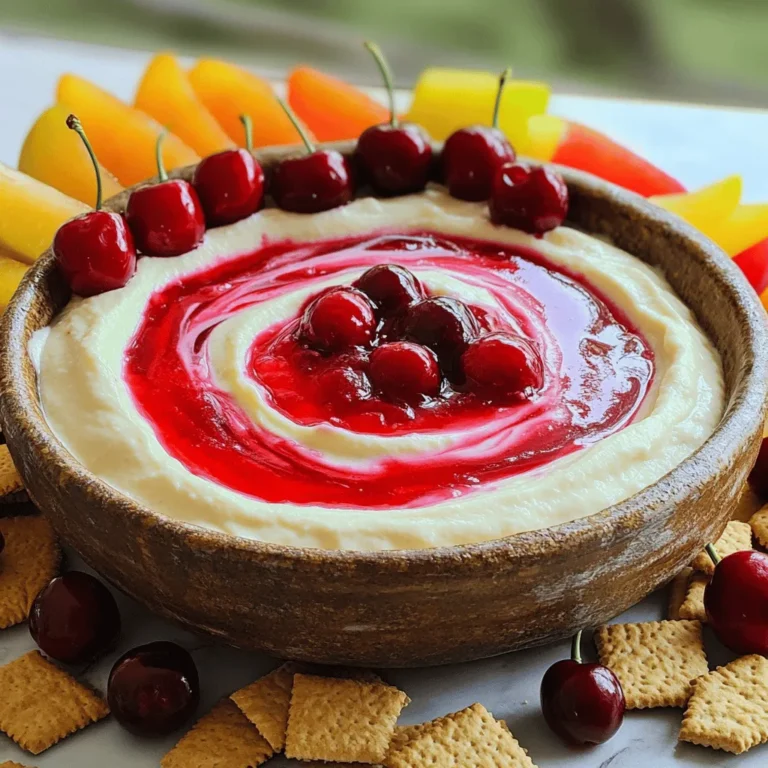 - 8 oz cream cheese - 1/2 cup powdered sugar - 1 cup whipped topping To make this dip, you need three key ingredients. First, use 8 ounces of softened cream cheese. This makes the base rich and creamy. Next, add 1/2 cup of powdered sugar to sweeten the mix. It helps balance the tang from the cream cheese. Finally, fold in 1 cup of whipped topping. This lightens the dip and gives it a fluffy texture. - 1/2 cup cherry pie filling - 1/4 teaspoon almond extract For that classic cheesecake flavor, you can stir in 1/2 cup of cherry pie filling. This adds sweetness and a lovely color. You might also want to add 1/4 teaspoon of almond extract. It gives a nice depth of flavor and pairs well with cherries. - Graham crackers or fruit slices for dipping - Additional toppings for garnishing When it's time to serve, think about what to use for dipping. Graham crackers work great. Their crunch complements the creamy dip. You can also use fresh fruit slices for a healthier option. To make it look even better, consider garnishing with whole cherries on top. This adds a pop of color and makes your dip even more inviting. To start, you need to mix the cream cheese. Take 8 oz of softened cream cheese and put it in a mixing bowl. Use a hand mixer or stand mixer. Beat it until it is smooth and creamy. This step is key for a great texture. Next, you will incorporate sugar and vanilla extract. Gradually add in 1/2 cup of powdered sugar and 1/2 teaspoon of vanilla extract. Mix until everything is well blended and there are no lumps. This sweetness is what makes the dip so good! Now it’s time to fold in the whipped topping. Take 1 cup of whipped topping, like Cool Whip, and gently fold it into the cream cheese mixture. Make sure it stays light and fluffy. This adds a great texture to your dip. Then, stir in the cherry pie filling. Carefully add in 1/2 cup of cherry pie filling along with 1/4 teaspoon of almond extract. Stir gently to make sure the cherries are spread throughout the dip. This gives it a lovely cherry flavor. After mixing, transfer the dip to a serving bowl. Smooth the top with a spatula. If you like, you can swirl some extra cherry pie filling on top for a pop of color. Now, refrigerate the dip for about 30 minutes. This helps the flavors set and chill. When you are ready to serve, pair it with graham crackers or fruit slices for dipping. Enjoy this easy, tasty treat! To avoid lumps in the cream cheese, make sure it is softened well. Cold cream cheese is hard to mix. I leave it out for about 30 minutes before starting. If it’s soft, it blends easily. Use a hand mixer or stand mixer for the best results. Mix until it is smooth and creamy. When you add the whipped topping, fold it in gently. This keeps the mixture light and fluffy. Use a spatula to lift and turn the dip. Don’t stir too hard, or you’ll lose air. You want a nice, creamy dip that is easy to scoop. You can add different extracts or spices for a fun twist. Try adding extra vanilla or a dash of cinnamon. Almond extract adds a nice depth of flavor. Just remember to keep the amounts small. You don’t want one flavor to overpower the dip. For toppings, think beyond cherry pie filling. Fresh fruit like strawberries or blueberries adds a fresh taste. You could also sprinkle crushed graham crackers on top for a nice crunch. These small changes can make a big difference. To make your party stress-free, consider making this dip ahead of time. You can prepare it a day before. Just keep it in the fridge until you’re ready to serve. This gives the flavors time to blend together. When serving, use a colorful bowl to catch the eye. Surround it with graham crackers and fresh fruit slices. This not only looks good but also offers variety. You can even add whole cherries on top for a pop of color. This dip always draws a crowd! {{image_2}} You can easily switch up the fruit in this dip. Try using strawberry or blueberry pie filling instead of cherry. Each fruit brings its own flavor and makes the dip unique. Fresh fruit is another fun choice. Slices of bananas or strawberries add color and taste. You can even mix different fruits for a fun twist. If you need gluten-free options for dipping, use rice cakes or gluten-free crackers. These work well and keep the dip tasty. For a vegan option, substitute cream cheese with a vegan cream cheese. Use a coconut-based whipped topping instead of regular whipped cream. These changes keep the dip delicious and suitable for everyone. Want to add some exciting flavors? Mix in a dash of cinnamon or a hint of cocoa powder. These little twists can make the dip even more special. You could also try adding crushed nuts for a crunchy texture. Think about folding in some crushed cookies for a fun surprise. Each idea can take your dip to a new level! To keep your cherry cheesecake dip fresh, use an airtight container. Glass or plastic containers work well. Make sure to seal it tightly. This step keeps out air and prevents drying. If you have leftovers, scoop them into the container right after serving. Don’t let it sit out too long. This dip lasts about 3 to 5 days in the fridge. If you want to enjoy it longer, consider freezing it. However, freezing may change its texture. Check for signs of spoilage before eating. If you see mold or smell something sour, it’s best to throw it away. Trust your senses—they won't steer you wrong! You don't need to heat this dip, but you can refresh it. If it thickens in the fridge, add a splash of milk or extra whipped topping. Mix it well until smooth. This tip brings back the creamy texture. Serve it chilled for the best taste. Yes, you can use low-fat cream cheese. It reduces calories and fat. However, it may alter the dip's taste and texture. Low-fat options can be less creamy. If you prefer a light dip, it's a good choice. Just mix it well to avoid lumps. You can make this dip a day ahead. It tastes even better after chilling. Store it in the fridge until you're ready to serve. This helps all the flavors mix well. Don’t forget to cover it tightly. Yes! Use gluten-free graham crackers or rice cakes. Fresh fruit slices work great too. Strawberries, apples, or bananas are tasty choices. They add color and nutrition. Choose what you enjoy most for a fun dip experience. This dip is easy to make and tasty for events. You only need a few ingredients, like cream cheese and whipped topping. It’s fun to add your favorite fruits or flavors for a twist. Remember to chill it well for the best taste. Store any leftovers in a good container. Try different fruits to keep it fresh and exciting. You have many ways to enjoy this dip, so explore your options! Enjoy making and sharing this creamy delight with friends and family.