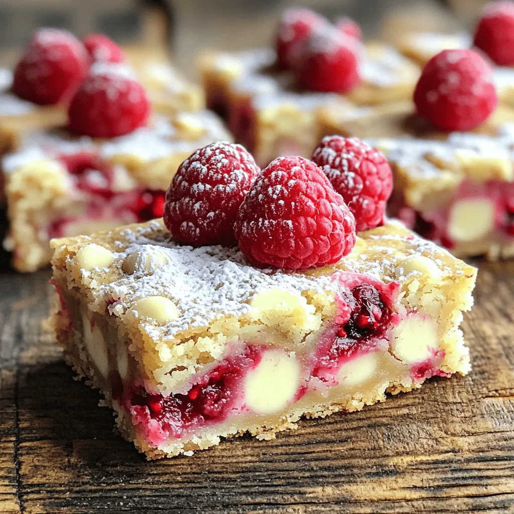 To make these delicious Raspberry White Chocolate Blondies, you will need: - 1 cup unsalted butter, melted - 1 cup brown sugar - 1/2 cup granulated sugar - 2 large eggs - 2 teaspoons vanilla extract - 2 cups all-purpose flour - 1/2 teaspoon baking powder - 1/4 teaspoon salt - 1 cup white chocolate chips - 1 cup fresh raspberries (or frozen, thawed and drained) When you gather these ingredients, you set yourself up for success. The melted butter brings richness, while brown sugar gives a nice caramel flavor. The eggs and vanilla add moisture and warmth. If you need to swap some ingredients, here are some great ideas: - Alternative sweeteners: You can try honey or maple syrup instead of sugar. Just adjust the liquid in your mix. - Gluten-free flour options: For a gluten-free version, use almond flour or a gluten-free all-purpose mix. Be sure to check the ratios. - Egg replacements: If you want to skip eggs, use 1/4 cup of applesauce or a mashed banana per egg. This keeps your blondies moist and yummy. These substitutions make your recipe flexible. You can enjoy the blondies no matter your dietary needs! Start by preheating your oven to 350°F (175°C). This step is key for even baking. Next, grease or line an 8x8 inch baking pan with parchment paper. This makes it easy to remove the blondies later. In a large mixing bowl, combine the melted butter, brown sugar, and granulated sugar. Stir until this mixture is smooth and well mixed. Then, add in the eggs and vanilla extract. Mix until everything is fully combined and has a slightly pale color. For the dry ingredients, take a separate bowl. Whisk together the flour, baking powder, and salt. This helps to evenly distribute the ingredients. Gradually add this dry mix to your wet mix. Stir gently until just combined. Don’t overmix, or the blondies can become tough! Now, gently fold in the white chocolate chips and raspberries. Be careful not to crush the raspberries too much; we want them whole for bursts of flavor. Pour the batter into the prepared baking pan. Spread it evenly with a spatula. Bake in the preheated oven for 25-30 minutes. You know they are done when the edges are golden. A toothpick inserted in the center should come out clean. Once baked, remove the pan from the oven. Let it cool for about 10 minutes in the pan. Then, transfer the blondies to a wire rack to cool completely. Cut into squares and serve! To get the right texture, don’t overmix the batter. Overmixing can make your blondies tough. Mix just until combined. This helps keep them soft and chewy. Measuring flour correctly is also key. Too much flour can lead to dry blondies. Use a spoon to scoop flour into your measuring cup. Then level it off with a knife. This gives you the right amount every time. You can enhance the flavor by adding nuts or spices. Chopped walnuts or pecans give a nice crunch. A pinch of cinnamon can add warmth. Using high-quality white chocolate is crucial. Better chocolate melts smoothly and tastes rich. Look for brands with real cocoa butter for the best flavor. To present blondies well, dust them with powdered sugar. This adds a lovely touch. You can also garnish with fresh raspberries. Pairing blondies with ice cream or whipped cream is fantastic. The creaminess contrasts nicely with the sweet blondies. Try drizzling chocolate sauce on top for extra indulgence. {{image_2}} You can add nuts to your blondies for extra crunch. Walnuts or pecans work well. Just chop them coarsely and fold them in with the chocolate chips and raspberries. If you want to switch up the fruit, try using blueberries or chopped strawberries instead of raspberries. These fruits will give a fresh twist to your blondies. To make a vegan version, you can replace the eggs with flaxseed meal or applesauce. Use a plant-based butter for the melted butter. For sweetness, try different sugars or sweeteners. You can use coconut sugar or even maple syrup to adjust the flavor to your liking. Seasonal berries can change the taste for each season. In summer, fresh strawberries or blackberries are great. In autumn, consider adding warm spices like cinnamon or nutmeg for a cozy vibe. You can even make them festive for the holidays by adding a pinch of ginger or a hint of nutmeg. These small changes make your blondies unique and fun for any occasion. To keep your Raspberry White Chocolate Blondies fresh, store them in an airtight container. This helps prevent them from drying out. You can keep them at room temperature for up to three days. If you live in a hot area, consider storing them in the fridge. The colder air will help them stay tasty. Just remember to bring them back to room temperature before serving. This will enhance the flavor and texture. Freezing blondies is a great way to enjoy them later. To freeze, first, let the blondies cool completely. Then, cut them into squares. Wrap each piece tightly in plastic wrap. Place them in a freezer-safe bag or container. This keeps them fresh and avoids freezer burn. To thaw, take them out of the freezer and leave them at room temperature for about an hour. If you want them warm, pop them in the microwave for a few seconds. This way, you can enjoy that soft, gooey texture again. Can I use frozen raspberries? Yes, you can use frozen raspberries. Just make sure to thaw and drain them first. This prevents excess moisture in your blondies. Frozen raspberries work well and still provide great flavor. How do I know when they are done baking? Check for golden edges and a toothpick test. Insert a toothpick into the center. If it comes out clean, your blondies are done. They may look a bit soft in the middle, but they will firm up as they cool. Can I replace white chocolate with dark chocolate? Absolutely! Dark chocolate is a great swap. It offers a rich flavor and pairs well with raspberries. Just remember that it will change the sweetness of your blondies. What can I use instead of eggs for binding? You can use flaxseed meal or applesauce. For one egg, mix 1 tablespoon of flaxseed with 2.5 tablespoons of water. Let it sit to thicken. Applesauce can replace an egg with 1/4 cup. Can I double the recipe? Yes, you can double the recipe. Just use a larger pan, like a 9x13 inch one. Keep an eye on the baking time, as it may take longer. How to prevent blondies from becoming too dense? Avoid overmixing the batter. Stir just until combined. Also, make sure to measure your flour correctly. Too much flour can lead to dense blondies. In this blog post, we explored the delightful world of raspberry white chocolate blondies. We covered essential ingredients, step-by-step instructions, and tips for the perfect texture. I shared ways to modify the recipe for personal tastes and seasonal flavors. Remember, with the right tips, these blondies can shine in your kitchen. Enjoy baking, and have fun experimenting with your unique twists!
