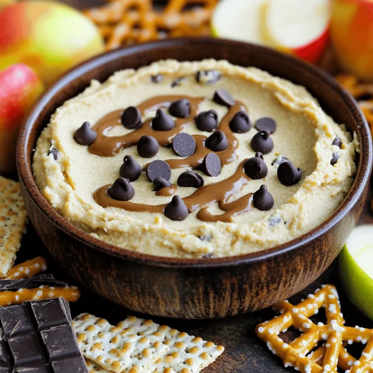 - 1 cup chickpeas, rinsed and drained - 1/4 cup natural peanut butter (or almond butter) - 1/4 cup honey or maple syrup Chickpeas serve as the base for this dip. They add protein and fiber. Natural peanut butter or almond butter gives a rich taste and healthy fats. Honey or maple syrup provides sweetness without refined sugar. - 1/4 cup rolled oats - 2 tablespoons milk of choice - 1/4 cup chocolate chips Rolled oats can add texture to the dip. Use milk to adjust the dip's creaminess. Chocolate chips are a must for that cookie dough feel. You can choose dark or semi-sweet chips. - Apple slices - Graham crackers - Pretzels For dipping, apple slices add a fresh crunch. Graham crackers offer sweetness and texture. Pretzels bring a salty twist, balancing the sweet dip. Enjoy trying different combos! How to Combine Ingredients To start, gather your ingredients. You need chickpeas, peanut butter, honey, vanilla, baking soda, and salt. Place them all in a food processor. Blend until it is smooth. Scrape the sides as you blend. This helps mix everything well. If the mix feels too thick, add milk. Do this a little at a time. Blend until you reach the creaminess you like. Tips for Blending to the Right Consistency Patience is key here. Keep blending until you see a smooth mix. If it looks dry or clumpy, add more milk. This helps to achieve the perfect dip. You want it creamy but not runny. Folding in Chocolate Chips and Oats Once your base is smooth, it’s time to add the fun stuff! Gently fold in the chocolate chips. If you like, you can add rolled oats for texture. Use a spatula to mix it well without breaking the chips. Chilling for Optimal Flavor Next, transfer your dip to a bowl. Smooth the top with your spatula. Cover it and place it in the fridge. Chilling for at least 30 minutes lets the flavors mix. It also makes the dip a bit firmer, which is great for dipping. Presenting the Dip When you're ready to serve, take the dip out of the fridge. You can drizzle some extra chocolate chips or melted chocolate on top. This makes it look extra tasty. Pair with Colorful Dippers Now for the fun part! Serve your dip with colorful dippers. Think apple slices, graham crackers, or pretzels. These add a nice crunch and balance the sweet dip. Enjoy your high-protein delight! - Alternatives to Peanut Butter If you want to change the flavor, use almond butter. Sunflower seed butter also works well if you need a nut-free option. Each brings a unique taste while keeping the dip creamy. - Sweetener Options Honey and maple syrup are great, but you can try agave syrup or stevia. These substitutes let you adjust the dip's sweetness based on your taste or dietary needs. - Achieving Desired Smoothness To get a smooth dip, blend your chickpeas really well. Scrape down the sides of the food processor often. If it’s too thick, add a bit more milk to help it blend. - Tips for Adding Texture with Oats If you want a little crunch, mix in rolled oats. They give a nice texture that contrasts with the smoothness of the dip. Just fold them in gently after blending. - Additional Flavorings to Consider Add a pinch of cinnamon or cocoa powder to give your dip an extra kick. These flavors pair nicely with chocolate chips and enrich the overall taste. - Adjusting Sweetness to Taste Always taste your dip before serving. If you want it sweeter, stir in a bit more honey or syrup. It’s easy to adjust for your perfect flavor! {{image_2}} You can change the flavor of your dip easily. Here are two fun ideas: - Chocolate Chip Mint Dip: Add a few drops of mint extract. This gives your dip a cool twist. Use dark chocolate chips for extra richness. - Spiced Cookie Dough Dip: Mix in a teaspoon of cinnamon or a pinch of nutmeg. This adds warmth and spice to the mix. Want to make your dip even more filling? Try these options: - Adding Protein Powder: Mix in a scoop of your favorite protein powder. This adds protein without changing the taste much. Vanilla or chocolate flavors work best. - Mixing in Nuts or Seeds: Add chopped nuts or seeds for a nice crunch. Almonds, walnuts, or sunflower seeds are great choices. This also boosts the protein content. You can make your dip healthier with a few swaps: - Lower Sugar Alternatives: Use agave syrup or stevia instead of honey. This cuts down on sugar while keeping it sweet. - Gluten-Free Options: Make sure to use certified gluten-free oats. This way, everyone can enjoy your dip without worry. These variations help you customize your dip to fit your taste and diet! To keep your high-protein chocolate chip cookie dough dip fresh, use airtight containers. Glass containers are great, but plastic ones work too. Make sure to seal them tightly to protect against air and moisture. For best results, store the dip in the fridge. This helps maintain its taste and texture. In the refrigerator, this dip lasts for about one week. Keep an eye on it, especially if it has been out for a while. If you want to store it longer, you can freeze it. Just remember to use a freezer-safe container. It can stay good in the freezer for up to three months. When you are ready to enjoy your frozen dip, thaw it in the fridge overnight. This slow thawing keeps the dip creamy. If it feels a little thick after thawing, stir in a bit of milk to bring back its smoothness. This helps keep the taste just right. Yes, you can make this dip vegan. To do this, simply swap honey for maple syrup. This change makes the dip fully plant-based. You can also choose almond butter instead of peanut butter, if you prefer. Both options taste great! Yes, you can reduce calories in this dip. Here are some tips: - Use less nut butter or choose a lower-calorie option. - Use a sugar substitute, like stevia, instead of honey or maple syrup. - Reduce the amount of chocolate chips. You can even skip them for a lighter dip. Chickpeas are a great source of protein. One cup has about 15 grams of protein. They also offer fiber, vitamins, and minerals. Eating chickpeas can help with digestion and keep you full longer. Plus, they are low in fat, making them a healthy choice. Yes, you can prepare this dip ahead of time. Make it a day or two before your event. Store it in an airtight container in the fridge. Just remember to let it chill for at least 30 minutes after making it. This helps all the flavors mix well. High-protein chocolate chip cookie dough dip is simple and tasty. We covered key ingredients like chickpeas, peanut butter, and sweeteners. I also shared optional additions and fun dippers like apple slices and pretzels. You learned to blend ingredients for the best texture. We discussed variations and how to store it well. Whether you want a healthy treat or a fun snack, this dip is great. Enjoy making it your own!