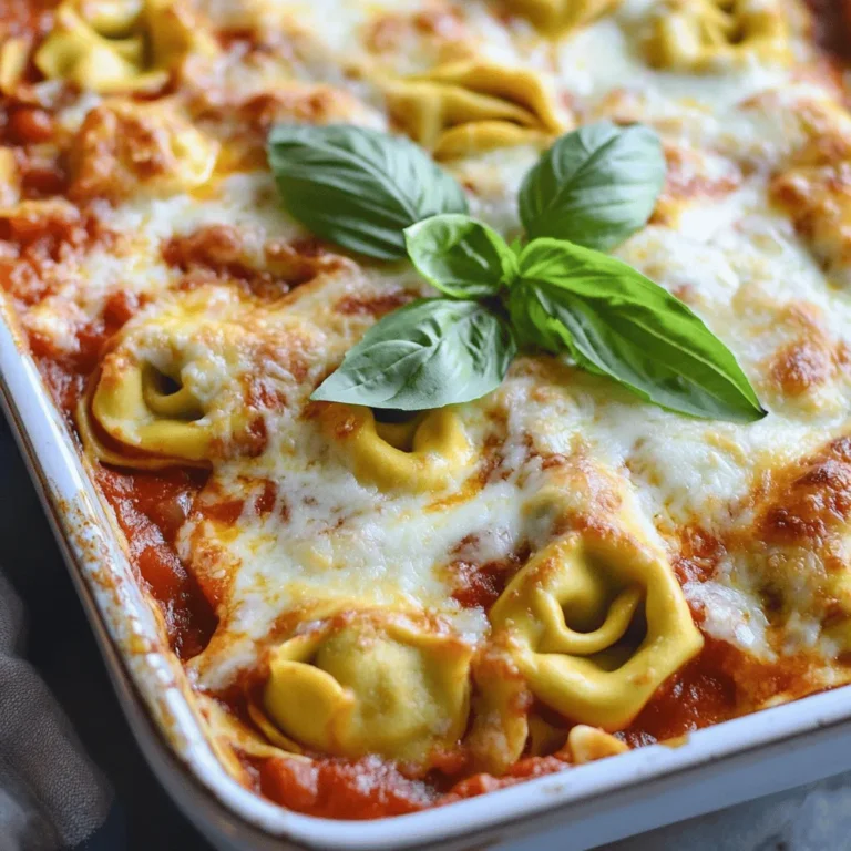 - 12 oz cheese tortellini (fresh or frozen) - 2 cups marinara sauce - 1 cup ricotta cheese - 1 cup shredded mozzarella cheese - ½ cup grated Parmesan cheese - 1 teaspoon Italian seasoning - 1 teaspoon garlic powder - ½ teaspoon red pepper flakes (optional) - Fresh basil leaves for garnish (optional) For this cheesy baked tortellini casserole, you need simple yet flavorful ingredients. The cheese tortellini forms the heart of this dish. Choose fresh or frozen tortellini based on what you have. Marinara sauce brings a rich tomato flavor. I like to use a good quality jarred sauce. It saves time and adds great taste. Ricotta cheese adds creaminess and richness. The shredded mozzarella melts beautifully on top, giving that gooey texture we all love. Grated Parmesan adds a salty finish. Don't forget the seasonings! Italian seasoning and garlic powder enhance the flavors. If you like a bit of heat, add red pepper flakes for a kick. You can also garnish with fresh basil leaves for a pop of color and freshness. - Recommended tortellini brands: Buitoni, Rana, or your local brand. - Best marinara sauce options: Rao's, Classico, or Prego. - Cheese alternatives: Try goat cheese or vegan cheese for different flavors. When picking tortellini, I recommend Buitoni or Rana for their quality and taste. For marinara, Rao's is my top choice because it tastes homemade. If you want to mix things up, consider using goat cheese instead of ricotta for a tangy twist. 1. Preheat your oven to 375°F (190°C). This helps cook the casserole evenly. 2. If you have frozen tortellini, cook it first. Follow package instructions until tender. Drain it well. If you have fresh tortellini, you can skip this step. 1. In a big bowl, combine the cooked tortellini with marinara sauce. 2. Add ricotta cheese, Italian seasoning, garlic powder, and red pepper flakes. 3. Stir gently to coat the tortellini well. Make sure every piece is covered. 1. Transfer the tortellini mixture to a greased 9x13-inch casserole dish. Spread it evenly. 2. Sprinkle shredded mozzarella and grated Parmesan cheese on top. 3. Cover the dish with aluminum foil. Bake for 25 minutes. 4. Remove the foil and bake for another 10-15 minutes. Look for melted cheese that is lightly brown. 5. Once done, let it sit for about 5 minutes before serving. This helps the flavors settle. To get the best cheese texture, use a mix of cheeses. I love combining mozzarella and Parmesan. Mozzarella melts smoothly, while Parmesan adds a nice bite. Avoiding overcooked tortellini is key. Cook your tortellini just until it’s al dente. This means it should be firm when bitten. If you cook it too long, it will get mushy in the casserole. Adding veggies or proteins can make this dish even better. Try spinach, bell peppers, or even cooked chicken. They all add great taste and nutrition. For spices, I recommend Italian seasoning and garlic powder. You can also sprinkle in red pepper flakes for a bit of heat. Experiment with your favorite herbs like basil or oregano for more flavor. {{image_2}} Gluten-free options You can make this dish gluten-free easily. Choose gluten-free tortellini instead of regular. Many brands offer tasty options made from rice or corn. Swap out your marinara sauce for a gluten-free one too. Always check labels to be sure. Vegan substitutes For a vegan version, use plant-based tortellini. There are many choices available now. Replace ricotta with vegan cheese or blended tofu. Use dairy-free mozzarella for topping. Both options will give you good flavor without animal products. Spicy tortellini casserole To add some heat, include red pepper flakes in your mix. You can also use spicy marinara sauce for an extra kick. If you love heat, try adding jalapeños or diced green chilies. This will take your casserole to the next level. Italian sausage addition Want to make it heartier? Add cooked Italian sausage to the mix. It adds great flavor and protein. You can use spicy or sweet sausage based on your taste. Just crumble it up and stir it in with the tortellini and sauce. This makes a filling meal for everyone. To keep your Cheesy Baked Tortellini Casserole fresh, use an airtight container. Make sure the casserole cools completely before sealing it. This helps prevent moisture loss and keeps the texture nice. Store it in the fridge for up to three days. If you want to save it longer, consider freezing it. Just make sure to use a freezer-safe container. This will keep it good for up to three months. When you're ready to eat the leftovers, preheat your oven to 350°F (175°C). Transfer the casserole to an oven-safe dish if it's not already. Cover it with foil to keep it moist. Heat for about 20-25 minutes, or until it's hot all the way through. If you like a crispy top, remove the foil in the last five minutes. You can also use the microwave for a quick option. Heat it in 30-second intervals, stirring in between, until it's warm. Enjoy your delicious leftovers! Can I freeze Cheesy Baked Tortellini Casserole? Yes, you can freeze this casserole. After baking, let it cool. Then, wrap it tightly in plastic wrap and foil. It will last for up to three months in the freezer. When you’re ready to eat, thaw it overnight in the fridge and reheat in the oven. How long does it take to bake? Baking takes about 35 to 40 minutes. First, cover it with foil and bake for 25 minutes. Then, remove the foil and bake for another 10 to 15 minutes. This helps the cheese get bubbly and golden. What can I serve with this dish? You can serve garlic bread or a fresh salad. Both pair well with the cheesy flavors. A simple green salad adds a nice crunch and balance to the meal. Can I make this dish ahead of time? Absolutely! You can prepare it a day in advance. Just mix all the ingredients and store them in the fridge. When ready, bake it according to the instructions. What type of cheese is best for topping? Shredded mozzarella is a great choice. It melts well and gives a nice stretch. You can also use provolone or a mix of both for extra flavor. Parmesan adds a nice salty touch on top. This blog post covered how to make a Cheesy Baked Tortellini Casserole. We explored the key ingredients, including tortellini, marinara, and various cheeses. I shared preparation steps and baking tips to enhance texture and flavor. You learned about variations for dietary needs and how to store leftovers. In short, this dish is easy to make and flexible. It’s a crowd-pleaser perfect for any table. Enjoy creating your own version of this comforting meal!