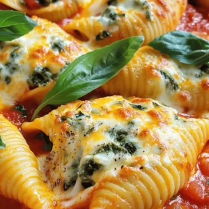 To make delicious spinach ricotta stuffed shells, you will need: - 20 large conchiglie (stuffed pasta shells) - 1 cup ricotta cheese - 2 cups fresh spinach, chopped - 1 cup mozzarella cheese, shredded (plus more for topping) - 1/2 cup grated Parmesan cheese - 1 egg, beaten - 2 teaspoons garlic powder - 1 teaspoon dried Italian herbs (oregano, basil, thyme) - 2 cups marinara sauce - Salt and pepper to taste - Fresh basil leaves for garnish You can enhance the flavor with these options: - A pinch of red pepper flakes for heat - A splash of lemon juice for brightness - Chopped sun-dried tomatoes for a tangy twist - Fresh herbs like parsley or thyme for freshness If you have dietary needs, try these substitutions: - For gluten-free, use gluten-free pasta shells. - For a vegetarian option, ensure all cheeses are vegetarian. - For dairy-free, swap ricotta and mozzarella with plant-based cheese. - For egg-free, use a flaxseed mixture instead of egg for binding. These options keep the dish tasty while meeting your needs. First, set your oven to 375°F (190°C). This helps the shells cook evenly. While the oven heats, get a pot of water boiling. Add a pinch of salt to the water. Cook 20 large conchiglie (stuffed pasta shells) according to the package until they are al dente. This means they should be firm but not hard. Once done, drain the shells and set them aside. Make sure they don’t stick together. Next, grab a large mixing bowl. Add 1 cup of ricotta cheese and 2 cups of chopped fresh spinach. Stir in 1 cup of shredded mozzarella cheese and 1/2 cup of grated Parmesan cheese. Then, beat 1 egg and add it to the mixture. This helps bind everything together. Season with 2 teaspoons of garlic powder, 1 teaspoon of dried Italian herbs, salt, and pepper. Mix until the filling looks smooth and creamy. Now it’s time to fill the shells. Take a baking dish and spread 1 cup of marinara sauce on the bottom. This keeps the shells moist while baking. Use a spoon or your fingers to gently fill each cooked shell with the spinach and ricotta mixture. Place the filled shells in the baking dish, one by one. Once all shells are filled, pour the remaining marinara sauce over them. Sprinkle extra mozzarella cheese on top for added flavor. Cover the baking dish with aluminum foil. Bake in the preheated oven for 25 minutes. After 25 minutes, remove the foil. Bake for another 10 to 15 minutes. You want the cheese to be bubbly and golden. Once done, take the dish out of the oven. Let it cool for a few minutes. Garnish with fresh basil leaves. Now your spinach ricotta stuffed shells are ready to enjoy! To make the best stuffed shells, cook the pasta just right. Follow the package instructions. Aim for al dente. This means the pasta should be firm to the bite. Overcooked pasta can break easily when you stuff it. Use a large pot with plenty of boiling water. Add a pinch of salt for flavor. After cooking, drain the shells gently and toss them with a bit of olive oil. This keeps them from sticking together. For the best cheese melt, choose high-quality mozzarella. Fresh mozzarella can melt beautifully. Mix it with shredded mozzarella for a great blend. When baking, cover the dish with aluminum foil for the first part. This helps the cheese melt evenly. Remove the foil near the end to brown the cheese. The cheese should bubble and turn golden. This adds a crispy layer on top, making the dish even more appealing. You can prepare stuffed shells ahead of time. Make the filling and stuff the shells a day in advance. Store them in the fridge until you are ready to bake. If you want to freeze them, do so before baking. Place the filled shells in a baking dish, cover with sauce, and wrap tightly. When you are ready to cook, thaw them in the fridge overnight. Bake as directed, adding a few extra minutes to ensure they heat through. This makes busy nights easier while still serving a delicious meal. {{image_2}} For those who crave meat, add cooked sausage or ground beef to the filling. Use about one cup of cooked meat per batch. Mix it with the ricotta, spinach, and cheeses. This gives the dish a hearty boost. You can also use shredded chicken or diced ham for variety. The meaty flavor pairs well with the creamy ricotta. To make this dish vegan, swap out the cheeses for plant-based options. Use vegan ricotta made from nuts or tofu. Substitute the egg with flaxseed meal mixed with water. It binds the filling well. For the sauce, choose a marinara without added dairy. This ensures a creamy yet dairy-free experience. For a gluten-free meal, select gluten-free pasta shells. Many brands offer this choice now. Ensure that your marinara sauce is also gluten-free. You can enjoy the same great flavors without the gluten. Always check labels to be sure. This way, everyone can join the family feast. After you enjoy your spinach ricotta stuffed shells, store leftovers in an airtight container. Place the dish in the fridge. They will stay fresh for about three to four days. Make sure to let them cool down first. This keeps the shells from getting soggy. To reheat, preheat your oven to 350°F (175°C). Place the stuffed shells in a baking dish. Add a splash of marinara sauce to keep them moist. Cover with foil to prevent drying out. Heat for about 20 minutes or until warm. You can also microwave individual servings for about two to three minutes. For long-term storage, freeze the stuffed shells. Place them in a freezer-safe dish, separating layers with parchment paper. They can last for up to three months. To thaw, move them from the freezer to the fridge for a few hours or overnight. Then, reheat as mentioned above. This method keeps the flavors fresh and delicious. You can pair stuffed shells with a fresh salad. A simple green salad works well. Garlic bread is another great side. Try a warm, crunchy loaf for dipping. You can also serve it with roasted veggies. They add color and flavor to your meal. Cooking stuffed shells takes about 35 to 40 minutes in total. This includes 25 minutes covered with foil and an extra 10 to 15 minutes uncovered. You want the cheese to bubble and brown nicely. Remember to check the shells to ensure they are hot all the way through. Yes, you can prepare stuffed shells ahead of time. Just assemble them in the baking dish without baking. Cover and store them in the fridge for up to two days. When you’re ready, bake them straight from the fridge. You may need to add a few extra minutes to the cooking time. Absolutely! You can switch up the cheeses based on your taste. Try using feta for a tangy flavor. Cheddar can add a sharp taste. You can even mix in some cream cheese for creaminess. Feel free to experiment and find your favorite cheese combo. The best way to reheat stuffed shells is in the oven. Preheat the oven to 350°F (175°C). Place the shells in a baking dish and cover with foil. Heat for about 20-25 minutes until warmed throughout. This method keeps the shells from drying out and maintains their cheesy goodness. In this blog post, we covered all you need to make delicious Spinach Ricotta Stuffed Shells. We shared key ingredients and options for taste, along with easy steps for preparation and baking. You learned tips for perfect pasta and how to store leftovers. Finally, we explored tasty variations for dietary needs. With these insights, you can create a delightful meal that suits everyone. Happy cooking and enjoy your stuffed shells!