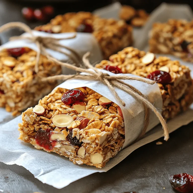 To make Cherry Almond Granola Bars, you need fresh and simple ingredients. Here’s what you will use: - 2 cups rolled oats - 1/2 cup almond butter - 1/2 cup honey or maple syrup - 1 cup dried cherries, chopped - 1/2 cup sliced almonds - 1/4 cup chia seeds - 1/4 teaspoon sea salt - 1 teaspoon vanilla extract These ingredients work together to create a chewy and tasty snack. The rolled oats form the base, giving good texture and fiber. Almond butter adds creaminess and healthy fats. Honey or maple syrup sweetens the bars perfectly. Dried cherries bring a burst of flavor, while sliced almonds give a nice crunch. Chia seeds add nutrition and help bind the bars. Sea salt enhances all the flavors, and vanilla extract adds a warm aroma. You can find these ingredients at any grocery store. Using fresh and high-quality items makes a big difference. Now, you’re ready to gather these ingredients and start your fun cooking adventure! 1. Preheat your oven to 350°F (175°C). This heat helps the bars cook evenly. 2. Line an 8x8 inch baking dish with parchment paper. Leave some paper hanging over the edges. This makes removal easy. 1. In a large bowl, combine 2 cups of rolled oats, 1/2 cup of sliced almonds, 1/4 cup of chia seeds, and 1/4 teaspoon of sea salt. 2. Mix these dry ingredients well. You want them evenly distributed for great flavor and texture. 1. In a small saucepan, heat 1/2 cup of almond butter, 1/2 cup of honey or maple syrup, and 1 teaspoon of vanilla extract over low heat. 2. Stir gently until the mix is smooth. This step helps blend the flavors together. 1. Pour the warm almond butter mixture over the dry ingredients. 2. Add 1 cup of chopped dried cherries. Mix everything until all the ingredients are coated and sticky. 1. Transfer the granola mixture into the prepared baking dish. 2. Press down firmly to create an even layer. Compacting it tightly gives the bars their shape. 3. Bake in the preheated oven for 20-25 minutes. Look for a golden brown color around the edges. 1. Remove the dish from the oven and let it cool completely in the pan for about 30 minutes. 2. Once cooled, lift the granola out using the parchment paper. 3. Cut it into bars of your desired size. Enjoy your tasty snack! When making Cherry Almond Granola Bars, you can choose between honey and maple syrup. Both work well. I prefer honey for its rich taste. It also helps hold the bars together. Maple syrup adds a nice flavor, too. If you want a vegan option, go for maple syrup. It gives a sweet touch and is plant-based. Pressing the granola mixture is key to getting the right bar texture. After mixing the ingredients, transfer them to your baking dish. Use a spatula or your hands to press it down firmly. This step helps the bars stay together when you cut them. If you skip this, your bars may crumble apart. To prevent burning the edges, keep an eye on your granola bars. Bake them until they turn golden brown around the edges. This usually takes 20-25 minutes. If you notice they are browning too fast, lower the oven temperature. You want a nice, even color. Remember, a golden color means they are ready! {{image_2}} You can easily change the nuts in this recipe. If you want a twist, try walnuts or pecans. These nuts add nice crunch and flavor. You can even use peanuts for a different taste. If you have nut allergies, sunflower seeds work great too. They give that same crunch without the nuts. Spices can change the whole vibe of your granola bars. A sprinkle of cinnamon adds warmth. You could add nutmeg for a hint of spice. Coconut flakes also give a tropical touch. Mix these in with the dry ingredients for a burst of flavor. Dried fruits can change the taste too. If you don’t have dried cherries, use cranberries instead. Raisins are a great option too. They sweeten the bars nicely. You can even mix two or more dried fruits for a fun twist. This keeps your snacks exciting and fresh. Store your Cherry Almond Granola Bars in airtight containers. This keeps them fresh. You can use glass jars or plastic containers. Just make sure they seal tight. This helps to prevent moisture and keeps the bars crisp. These granola bars can last for up to two weeks at room temperature. If you keep them in the fridge, they can last a bit longer. Just remember to check for any signs of spoilage before eating. You can freeze these bars for later use. Wrap each bar tightly in plastic wrap. This helps to keep them from getting freezer burn. Place the wrapped bars in a freezer bag or container. When you're ready to eat one, let it thaw at room temperature. Enjoy your tasty snack anytime! Yes, you can easily make these granola bars gluten-free. Use certified gluten-free oats. Many brands offer oats processed in gluten-free facilities. This helps avoid cross-contamination. Check the package to ensure they meet gluten-free standards. You can enjoy these bars without worry. If you have an allergy to almonds, try sunflower seed butter. It works well and is nut-free. Peanut butter is another option if you like the flavor. Each alternative brings a unique taste but keeps the bar's texture. Choose based on your taste and any dietary needs. Yes, these granola bars are healthy! They contain whole ingredients that offer many benefits. Rolled oats provide fiber, which helps digestion. Chia seeds are packed with omega-3 fatty acids. Dried cherries add antioxidants and natural sweetness. Almonds give protein and healthy fats. Together, they create a tasty and nutritious snack. You now have a simple way to make homemade granola bars. We covered the right ingredients and step-by-step instructions. You can customize your bars with different nuts and fruits. Remember to press down for great texture and store them well. These bars are not just tasty—they’re also healthy. Enjoy making them for snacks or breakfast. You’ll love the fresh flavors and the fun of creating something delicious on your own.