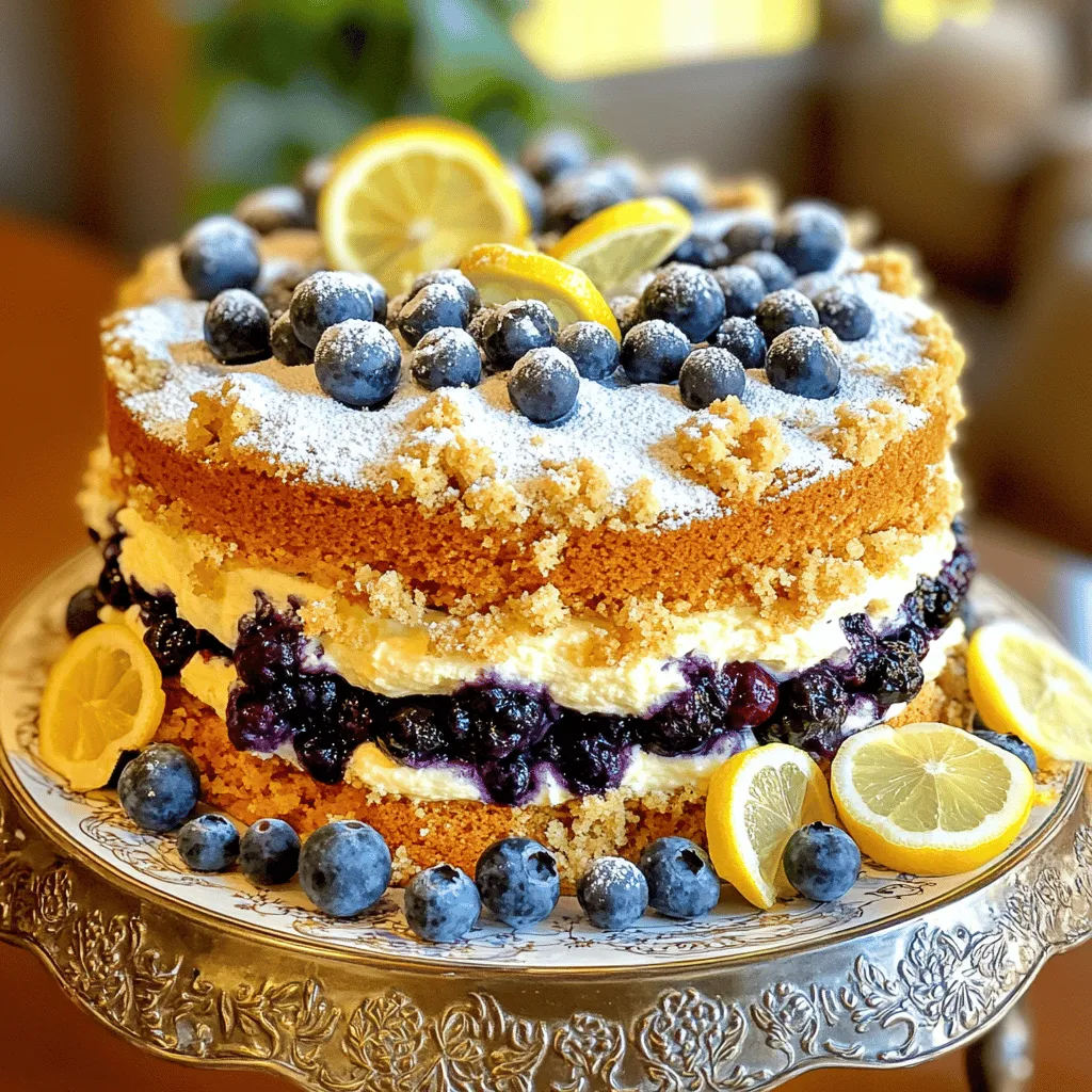 - 2 cups all-purpose flour - 1 teaspoon baking powder - 1/2 teaspoon baking soda - 1/4 teaspoon salt - 1/2 cup unsalted butter, softened - 1 cup granulated sugar - 2 large eggs - 1 tablespoon lemon zest - 1/4 cup fresh lemon juice - 1 teaspoon vanilla extract - 1/2 cup buttermilk - 1 cup fresh blueberries For this cake, I use basic yet important ingredients. The all-purpose flour gives the cake structure. Baking powder and baking soda help it rise. Butter adds a rich flavor, while sugar sweetens it. Eggs bind everything together and add moisture. Fresh lemons give a bright, zesty taste. Blueberries burst with flavor and add a nice color. Buttermilk keeps the cake moist and tender. - 1/2 cup all-purpose flour - 1/4 cup brown sugar - 1/2 teaspoon cinnamon - 1/4 cup unsalted butter, melted The crumb topping adds a sweet crunch. It uses flour and brown sugar for flavor. Cinnamon adds warmth. Melting the butter helps mix everything well, creating a nice crumbly texture. - Lemon zest and vanilla extract - Other berry variations For extra flavor, I suggest lemon zest and a splash of vanilla. You can also switch up the blueberries for other berries like raspberries or strawberries. This keeps the recipe fresh and exciting! First, preheat your oven to 350°F (175°C). This step is key for even baking. Next, grab a 9-inch springform pan. Grease it with butter and dust it with flour. If you prefer, line the bottom with parchment paper. This will help the cake come out easily. In a large bowl, whisk together the flour, baking powder, baking soda, and salt. You want to mix these well. This helps the cake rise and gives it the right texture. Set this bowl aside for now. In another bowl, use an electric mixer to cream the softened butter and granulated sugar. Beat them together until the mixture is light and fluffy. This step is important because it adds air to the batter. It helps make your cake soft and tender. Now, it’s time to add the eggs. Do this one at a time, mixing well after each. Next, stir in the lemon zest, fresh lemon juice, and vanilla extract. Mix until everything is well combined. The lemon zest and juice bring bright flavor to the cake. Gradually add the dry mix to the butter mixture. Alternate this with the buttermilk. Mix until just combined. Be careful not to over-mix; this keeps the cake light. Once combined, gently fold in the blueberries. This helps keep them whole and prevents them from breaking. In a small bowl, mix the flour, brown sugar, and cinnamon for the crumb topping. Pour in the melted butter and mix until you see a crumbly texture. This topping adds a sweet crunch. Sprinkle it evenly over the batter before baking. Pour the batter into the prepared pan and spread it evenly. Bake for 40 to 45 minutes. Check if it's done by inserting a toothpick into the center. If it comes out clean, the cake is ready. If the top browns too quickly, cover it with aluminum foil. Let the cake cool in the pan for about 10 minutes. Carefully remove the sides of the springform pan. Allow the cake to cool completely on a wire rack. For serving, slice it and place it on a nice plate. You can dust it with powdered sugar and add extra blueberries for a lovely look. To ensure your cake rises perfectly, follow these key steps: - Use fresh baking powder and baking soda. This helps your cake rise well. - Make sure your butter is softened. Cold butter can lead to a dense cake. - Don’t over-mix your batter. Mix until just combined to keep the cake light. These tips will help you achieve a fluffy and delicious cake. Serving your lemon blueberry crumb cake can be fun! Here are some ideas: - Use a decorative plate for a nice touch. - Dust the top with powdered sugar for a beautiful finish. - Add extra blueberries and lemon slices around the cake. This adds color and freshness. These simple touches make your cake look even more inviting. Want to play with flavors? Here are some options: - Try adding a splash of almond extract for a nutty twist. - Mix in some chopped nuts for a crunchy texture. - Swap out blueberries for raspberries or strawberries for a different taste. These ideas can bring new life to your cake and keep things exciting! {{image_2}} You can switch up the blueberries for other fruits. Try raspberries, strawberries, or blackberries. Each fruit brings its own unique flavor. For a tropical twist, add diced pineapple or mango. The key is to keep the amount similar to blueberries, about one cup. Making this cake gluten-free is easy. Replace all-purpose flour with a gluten-free blend. Look for a blend that includes xanthan gum to help with texture. You can also use almond flour or coconut flour, but adjust the liquid in the recipe. Start with a little less buttermilk and add more if needed. To make a vegan lemon blueberry crumb cake, swap eggs for flax eggs. Mix one tablespoon of flaxseed meal with three tablespoons of water. Let it sit for five minutes to thicken. Use plant-based butter instead of regular butter. Replace buttermilk with a mix of almond milk and lemon juice. This will still give you that tangy flavor you love! To keep your Lemon Blueberry Crumb Cake fresh, store it in an airtight container. This helps to lock in moisture and flavor. If you do not have a container, wrap the cake tightly in plastic wrap. Place it in a cool, dry spot, away from sunlight. Avoid storing the cake in humid areas, as this can make it soggy. If you want to freeze the cake, first let it cool completely. Once cool, slice the cake into pieces. Wrap each slice in plastic wrap, then place them in a freezer-safe bag. Label the bag with the date. When you are ready to eat, remove a slice from the freezer. Let it thaw in the fridge overnight or at room temperature for a few hours. At room temperature, the cake stays good for about 2 to 3 days. If you keep it in the fridge, it can last up to a week. Make sure to check for any signs of mold or off smells before eating. If you store it properly, you can enjoy this delightful cake for days! Yes, you can make this cake ahead of time. To do this, bake the cake and let it cool completely. Wrap it tightly in plastic wrap. Store it in the fridge for up to three days. You can also freeze the cake. Just wrap it well in foil or use an airtight container. It can last up to three months in the freezer. When ready to eat, let it thaw in the fridge overnight. If you don't have buttermilk, don't worry! You can use regular milk mixed with lemon juice or vinegar. Just add one tablespoon of lemon juice or vinegar to a cup of milk. Let it sit for about five minutes. This will give you a similar flavor and texture. You can also use plain yogurt or sour cream, thinned with a little water or milk. To check if the cake is done, insert a toothpick into the center. If it comes out clean or with a few crumbs, the cake is ready. You can also gently press the top of the cake. It should spring back slightly. If it leaves an indent, it needs more time. Yes, you can use frozen blueberries! They work well in this recipe. Just make sure to use them straight from the freezer. Don’t thaw them first, as this can make the batter too wet. Frozen blueberries may sink a bit more in the cake, but they taste just as great! You now have everything you need to create a delicious lemon blueberry cake. We covered essential ingredients, step-by-step instructions, and helpful tips. Remember that accommodating different diets and preferences is easy with variations. Proper storage extends the cake's life, while creative presentation ideas can elevate your dessert. Enjoy the process of baking and experimenting with flavors to make it truly your own. Happy baking!
