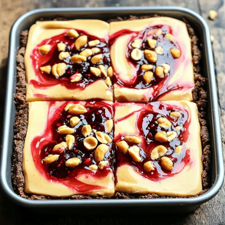 To make these no-bake peanut butter jelly cheesecake bars, you need some simple ingredients. Each one brings a special taste that makes this dessert a hit. Here’s what you will need: - 1 cup graham cracker crumbs - 1/2 cup unsweetened cocoa powder - 1/3 cup melted coconut oil - 2 cups cream cheese, softened - 1 cup creamy peanut butter - 1/2 cup powdered sugar - 1 teaspoon vanilla extract - 1 cup mixed berry jam (raspberry or strawberry works great) - 1/4 cup crushed peanuts (for garnish) These ingredients work together to create a rich, creamy, and flavorful dessert. The graham cracker crumbs and cocoa powder form a tasty crust. The cream cheese and peanut butter make the filling smooth and indulgent. Finally, the mixed berry jam adds a fruity twist. It’s a perfect balance of flavors, making every bite delightful! 1. In a bowl, combine 1 cup graham cracker crumbs and 1/2 cup unsweetened cocoa powder. 2. Add 1/3 cup melted coconut oil. 3. Mix until it looks like wet sand. 4. Press this mix into the bottom of a greased 8x8 inch pan. 5. Use the back of a measuring cup to smooth it out. 1. In a mixing bowl, beat together 2 cups softened cream cheese and 1 cup creamy peanut butter. 2. Add 1/2 cup powdered sugar and 1 teaspoon vanilla extract. 3. Mix until the filling is smooth and creamy. 1. Spread the cheesecake mix evenly over the crust. 2. Dollop 1 cup mixed berry jam on top. 3. Use a knife or toothpick to swirl the jam into the cheesecake. 4. Refrigerate the bars for at least 4 hours to set. 5. Cut them into squares or rectangles when firm. 6. For a nice touch, sprinkle 1/4 cup crushed peanuts on top. To make a great crust, you can adjust the graham cracker crumbs and cocoa ratio. If you want a stronger chocolate flavor, add more cocoa powder. For a sweeter crust, increase the sugar slightly. Use a flat-bottomed measuring cup to press the crust. This tool helps create a firm base. You want to press it down evenly for the best texture. For a creamy filling, use softened cream cheese. It blends easier and gives a smooth texture. Let it sit at room temperature for about 30 minutes before mixing. When mixing, beat the cream cheese and peanut butter together slowly. Gradually increase the speed for a fluffy filling. This method helps avoid lumps and ensures a perfect blend. Garnish your cheesecake bars with crushed peanuts. They add a nice crunch and look great too. You can also drizzle extra jam on top for color. Pair these bars with a glass of milk or coffee. The creamy filling and sweet jam balance well with these drinks. Feel free to experiment with your favorite beverages! {{image_2}} You can switch up the nut butter in this recipe. Almond butter or cashew butter works great too. Each nut butter gives a unique taste. You can also try sunflower seed butter for a nut-free option. For jam, mixed berry is amazing, but strawberry or grape jam also works well. You can even use homemade jam for a personal touch. If you want gluten-free bars, use gluten-free graham cracker crumbs. They taste just as good and keep the texture nice. For a vegan version, swap the cream cheese for a dairy-free cream cheese. Use maple syrup instead of powdered sugar for sweetness. These swaps keep the bars tasty and friendly for everyone. Serving these bars in individual squares looks nice and is easy to serve. You can use cupcake liners for a fun touch. For a creative plate, drizzle extra jam on the plate before adding a bar. Top each piece with crushed peanuts to make it pop. These simple ideas make your dessert stand out. Keep these bars in the fridge. Use an airtight container to seal them well. This helps keep them fresh. If you want to save them longer, freeze them. Wrap each bar in plastic wrap and place them in a freezer bag. In the fridge, these cheesecake bars last about a week. Look for signs of spoilage. If they smell off or have a strange texture, it’s best to toss them. The bars might also become dry or lose flavor over time. You don’t need to thaw these before serving. They taste great cold! If you want them soft, let them sit at room temperature for a few minutes. Avoid using the microwave, as it can change the texture. Enjoy your delicious no-bake bars! Yes, you can use crunchy peanut butter. It will add a nice texture. The bars will still taste great. Just remember, the crunch may change the smoothness of the cheesecake layer. If you love the extra bite, go for it! These cheesecake bars can last about 5 days in the fridge. Store them in an airtight container. This will help keep them fresh and tasty. After a few days, the texture may change slightly, but they will still be delicious! Absolutely! You can make these bars a day or two ahead. This gives the flavors time to meld and the bars to set nicely. Just be sure to cover them well before refrigerating. It makes for a perfect make-ahead dessert! These cheesecake bars combine tasty ingredients like graham crackers and creamy peanut butter. The steps are simple: prepare the crust, make the filling, and chill to set. I shared tips for the perfect texture and different ways to customize your bars. Remember, you can adjust ingredients for special diets or to suit your taste. Enjoy your delicious creation and feel free to share it. Make it your own with fun flavors and garnishes. Happy baking!
