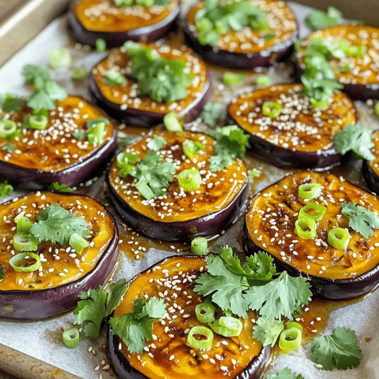 - 2 medium-sized eggplants, sliced into 1-inch thick rounds - 3 tablespoons white miso paste - 2 tablespoons fresh ginger, grated - 1 tablespoon maple syrup - 2 tablespoons soy sauce - 1 tablespoon sesame oil - 2 green onions, finely sliced - 1 tablespoon sesame seeds (for garnish) - Fresh cilantro leaves (for garnish) You can swap eggplant for zucchini or bell peppers if you prefer. White miso adds a sweet flavor. If you can't find it, try yellow miso instead. Fresh ginger gives the dish a nice zing. You can use ground ginger if fresh is not available. Maple syrup gives sweetness, but honey works too. For a gluten-free option, use tamari instead of soy sauce. Fresh ingredients make a big difference in flavor. Fresh eggplant should feel firm and plump. Look for bright, smooth skin with no blemishes. Fresh ginger should smell strong and spicy. This ensures your dish tastes its best. Using fresh herbs like cilantro adds brightness and color. Always try to use the freshest ingredients you can find. It elevates your meal from good to great! Start by washing the eggplants. Look for two medium-sized ones for this dish. Slice them into 1-inch thick rounds. This size helps them cook evenly. Place the slices on a clean kitchen towel. Let them sit for about 10 minutes. This step removes excess moisture. It also helps the eggplant soak up flavors better. In a mixing bowl, combine the white miso paste, grated ginger, maple syrup, soy sauce, and sesame oil. Whisk these ingredients together until smooth. This glaze gives the eggplant a rich, savory flavor. The ginger adds a nice kick, while the maple syrup balances the saltiness. Make sure everything is well mixed. Preheat your oven to 400°F (200°C). Line a baking sheet with parchment paper. Lay the eggplant slices flat on the sheet. Brush both sides of each slice with the miso glaze. Make sure they are fully coated. Bake for 20-25 minutes. Flip them halfway through to ensure even cooking. The eggplant should become tender and slightly caramelized. Once done, drizzle any leftover glaze over the top. Finally, garnish with sliced green onions, sesame seeds, and cilantro leaves. Enjoy this flavorful dish warm! For the best flavor, use fresh ginger. Grate it right before cooking. Fresh ginger has a strong, bright taste that makes the glaze pop. Remember to whisk the miso paste well. This ensures it mixes smoothly with ginger, maple syrup, soy sauce, and sesame oil. Brush the glaze on both sides of the eggplant. This helps the flavors soak into the eggplant. One common mistake is not slicing the eggplant evenly. Aim for 1-inch thick rounds. This helps the eggplant cook evenly. Another mistake is not flipping the eggplant halfway through baking. Flipping ensures both sides caramelize nicely. Also, be careful not to overbake. The eggplant should be tender, not mushy. You will need a few simple tools for this dish. A sharp knife is key for slicing the eggplant. A mixing bowl helps combine the glaze. A whisk makes mixing easy and smooth. Use a baking sheet lined with parchment paper to avoid sticking. Finally, a brush helps spread the glaze evenly on the eggplant. These tools will make your cooking process quick and enjoyable! {{image_2}} You can customize this dish by adding extra veggies. Try adding bell peppers, zucchini, or mushrooms. These vegetables add color and nutrition. Slice them into similar sizes as the eggplant. Toss them in the miso glaze too. This adds more flavor and makes the dish even more exciting. Miso comes in many types. Each type has a unique taste. White miso, used in this recipe, is mild and sweet. You can also use red miso for a stronger flavor. Mixing miso types can create a new taste. Experiment to find your favorite combination. Each type will change the dish slightly, so have fun with it! While rice is a classic choice, you can serve this dish in different ways. Try it over quinoa or farro for a nutty flavor. You can also enjoy it in a salad with fresh greens. Another option is to serve it as a filling in wraps or tacos. These ideas keep your meals fresh and exciting! To store leftover Miso Ginger Glazed Eggplant, let it cool first. Place it in an airtight container. Keep it in the fridge for up to three days. Make sure to separate the eggplant from any sauce. This helps it stay fresh longer. To reheat, you can use the oven or a microwave. If using the oven, preheat it to 350°F (175°C). Place the eggplant on a baking sheet and heat for about 10 minutes. If using a microwave, cover the dish with a lid. Heat in short bursts of 30 seconds. Check often to avoid overcooking. You can freeze Miso Ginger Glazed Eggplant, but it may change texture. Let the eggplant cool completely. Wrap each piece in plastic wrap. Place them in a freezer bag and remove as much air as you can. It’s best to use them within three months. Thaw in the fridge overnight before reheating. Yes, you can. Try zucchini, bell peppers, or mushrooms. These veggies will soak up the miso glaze well. Each option brings a unique taste and texture. Just adjust your baking time based on thickness so they cook evenly. Serve it warm, either as a side dish or main course. Place it over rice for a filling meal. You can also pair it with quinoa or noodles. Add a sprinkle of green onions and sesame seeds on top for flair. Fresh cilantro adds a nice touch too. Yes, it is perfect for meal prep! Cook a batch and store it in the fridge. It keeps well for up to five days. You can reheat it in the oven or microwave. This makes it easy to enjoy a healthy meal throughout the week. This article covers everything you need for Miso Ginger Glazed Eggplant. We focused on ingredients, offering tips for fresh choices and substitutions. The step-by-step guide makes prep simple, from eggplant to perfect glaze. I shared ways to enhance flavor and avoid mistakes. You can try variations with other veggies or miso types and explore serving ideas. In conclusion, this dish is tasty and easy to make. Use my tips for the best results. Enjoy creating a meal that impresses your taste buds!