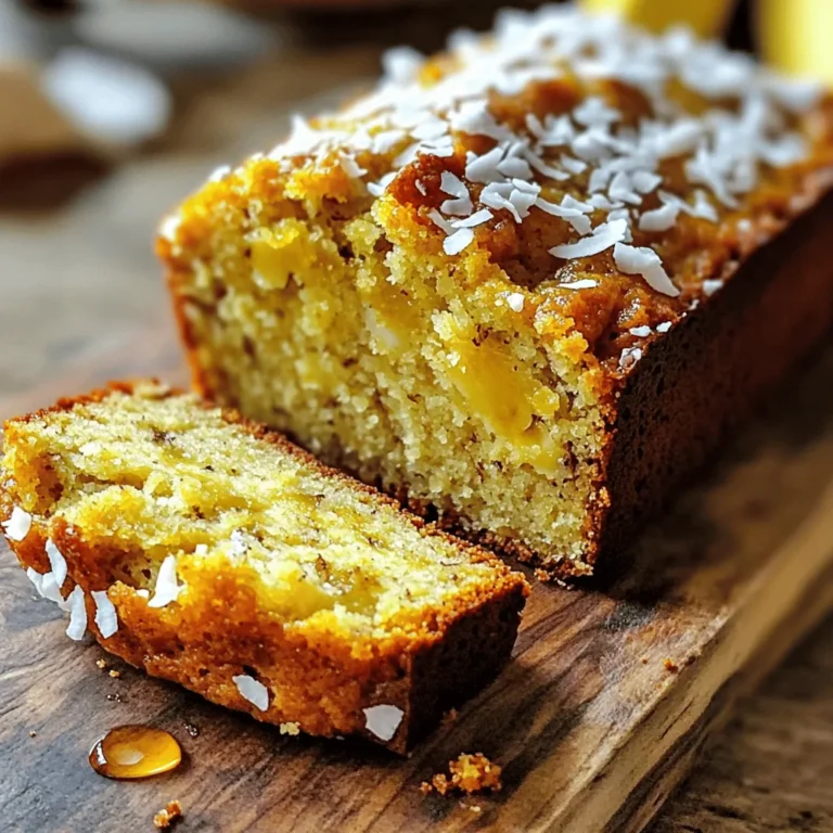 To make the perfect Coconut Banana Bread, you need these key ingredients: - 3 ripe bananas - 1/2 cup coconut oil - 1/2 cup brown sugar - 1/4 cup granulated sugar - 2 large eggs - 1 teaspoon vanilla extract - 1 teaspoon baking soda - 1/2 teaspoon salt - 1 1/2 cups all-purpose flour - 1/2 cup shredded coconut - Optional: 1/2 cup walnuts or pecans These ingredients work together to create a moist and flavorful bread. The ripe bananas add sweetness, while the coconut oil gives it a rich taste. Using both brown and granulated sugar adds depth to the flavor. If you like nuts, adding walnuts or pecans gives it an extra crunch. Choose ripe bananas; they should have brown spots for the best flavor. You can also mix in some chocolate chips for a sweet twist! 1. Preheat your oven to 350°F (175°C). This helps the bread bake evenly. 2. Grease a 9x5-inch loaf pan with cooking spray. You can also line it with parchment paper. This makes it easy to remove the bread later. 1. In a large bowl, mash the ripe bananas until smooth. 2. Add the melted coconut oil to the bananas and stir until mixed well. 3. Now, add brown sugar and granulated sugar. Mix until everything is blended. 4. Beat in the eggs one at a time. Add vanilla extract and mix again. 1. In another bowl, whisk together baking soda, salt, and flour. 2. Gradually add the dry mix to the wet ingredients. Stir gently until just combined. Be careful not to over-mix. 1. Gently fold in shredded coconut and chopped nuts, if you like. This adds great texture. 2. Pour the batter into your prepared loaf pan. Smooth the top with a spatula for even baking. 1. Place the loaf pan in the oven and bake for 55-60 minutes. 2. Check if it’s done by inserting a toothpick into the center. If it comes out clean, it’s ready! To make great coconut banana bread, you need ripe bananas. Look for bananas with lots of brown spots. These bananas are sweeter and mash easily. Avoid over-mixing your batter. Mix just until the dry and wet parts come together. This keeps your bread soft and fluffy. Serve your banana bread warm. It tastes best this way. You can sprinkle some extra shredded coconut on top. A drizzle of honey makes it even better! Pair your bread with fresh fruit. Slices of strawberries or blueberries add a nice touch. They bring out the flavors and make your dish look pretty. Baking at the wrong temperature can ruin your bread. Always preheat your oven to 350°F (175°C) before you bake. Watch your ingredient amounts. If you add too much flour or sugar, it can change the taste. Stick to the recipe for the best results. {{image_2}} To make nut-free coconut banana bread, simply skip the nuts. You can keep the rest of the recipe the same. The bread will still be moist and tasty. The bananas and coconut provide great flavor and texture. If you miss the crunch, try adding seeds, like sunflower or pumpkin seeds. They add a nice bite without any nuts. For a sweeter twist, add chocolate chips to your batter. About 1/2 cup works well. Stir them in after folding in the coconut. The chocolate melts during baking and creates a rich flavor. This variation is perfect for dessert lovers. The mix of banana, coconut, and chocolate makes every bite a delight. You can also use dark, milk, or white chocolate chips based on your taste. If you need a gluten-free option, swap the all-purpose flour for a gluten-free blend. Look for a mix that includes xanthan gum. This helps the bread rise and hold together. Follow the same steps in the recipe. You can enjoy the same great taste without gluten. Just make sure all your other ingredients are also gluten-free. To keep your coconut banana bread fresh, store it correctly. You can keep it at room temperature for a few days. Just make sure it is in an airtight container. This prevents it from drying out. If you live in a warm area, refrigeration may help. However, cold can change the texture. Always check for any signs of spoilage, like mold or off smells. Freezing is a great option for longer storage. To freeze, wrap the bread tightly in plastic wrap. Then place it in a freezer bag. This helps keep out air and moisture. When you want to eat it, thaw the bread in the fridge overnight. For a quick thaw, place it in the microwave for a few seconds. Enjoy your coconut banana bread warm for the best flavor. To maintain freshness, only slice what you need. This way, the rest stays moist and delicious. Coconut banana bread stays fresh for about 3 days at room temperature. It lasts longer in the fridge, up to a week. Store it in an airtight container. This keeps it moist and tasty. If you want to save it longer, consider freezing it. Yes, you can use frozen bananas! Just let them thaw before mashing. Drain any excess liquid to avoid a soggy batter. Frozen bananas add great flavor and sweetness to your bread. They are perfect for baking since they are already soft. You can use vegetable oil or melted butter instead of coconut oil. Both options work well in this recipe. Olive oil can also be a good choice for a unique flavor. Just keep in mind that each oil has its own taste. Yes, you can make coconut banana bread vegan! Replace the eggs with flax eggs or applesauce. Use plant-based milk instead of regular milk if you choose to add it. This way, you can enjoy a delicious vegan treat! Coconut banana bread blends ripe bananas with coconut for a tasty treat. Remember to use fresh ingredients for the best flavor. Avoid over-mixing for a perfect texture. Try adding nuts or chocolate for a fun twist. Store it properly to keep it fresh. With these tips, you can bake a delicious loaf that everyone will enjoy. Enjoy your baking, and share this joy with friends and family!