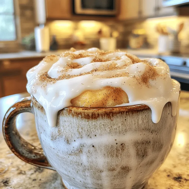 To make a tasty cinnamon roll mug cake, you need a few simple items. Here’s what you will need: - 4 tablespoons all-purpose flour - 1 tablespoon granulated sugar - 1/4 tablespoon baking powder - A pinch of salt - 3 tablespoons milk - 1 tablespoon vegetable oil - 1/2 teaspoon vanilla extract - 1 tablespoon brown sugar - 1/2 teaspoon ground cinnamon These ingredients work together to create a soft and sweet cake. The flour gives it structure, while the sugar adds sweetness. You can make your mug cake even better with some fun extras. Here are a few ideas: - Cream cheese frosting for a rich topping - Icing sugar for a light drizzle - Chopped nuts for crunch - Raisins or chocolate chips for added flavor These toppings add a lovely finish to your cake. You can mix and match based on your taste. If you have special diet needs, you can swap some ingredients. Here are some good options: - Use almond flour or coconut flour for a gluten-free version. - Swap the milk for almond milk or oat milk if you are dairy-free. - Replace sugar with a sugar substitute like stevia if you want it lower in calories. These substitutes help you enjoy this treat while meeting your dietary needs. Always check the ingredient labels to ensure they fit your criteria. Start by taking a microwave-safe mug. In the mug, combine these dry ingredients: - 4 tablespoons all-purpose flour - 1 tablespoon granulated sugar - 1/4 tablespoon baking powder - A pinch of salt Mix them well. This step ensures a smooth cake without lumps. Now, add the wet ingredients to the mug: - 3 tablespoons milk - 1 tablespoon vegetable oil - 1/2 teaspoon vanilla extract Stir until the batter looks smooth. Make sure there are no dry spots left. In a small bowl, mix together: - 1 tablespoon brown sugar - 1/2 teaspoon ground cinnamon This mix creates the sweet cinnamon layer. It adds a nice flavor to your cake. Pour half of the batter into the mug. Then, sprinkle half of the cinnamon sugar mixture on top. Add the rest of the batter and finish with the remaining cinnamon sugar. Microwave the mug on high for about 1 minute and 30 seconds. Check after 1 minute. Every microwave is different. The cake should rise and look set in the middle. Be careful! The mug will be hot. You can eat it straight from the mug or move it to a plate. If you like, drizzle with cream cheese frosting or sprinkle icing sugar on top before enjoying. For the best texture, use fresh ingredients. Old baking powder can ruin your cake. Mix your dry ingredients well to avoid lumps. Make sure to stir the wet mixture until smooth. Pour the batter gently into the mug. This helps keep air in the cake. Microwave power varies. Start with 1 minute and 30 seconds, then check. Your cake should rise and feel firm. If it’s not set, add 10-15 seconds until it is. Use a microwave-safe mug to avoid burns. Let it cool for a minute before eating. Enjoy your mug cake straight from the mug. For a fancier look, transfer it to a plate. Top it with cream cheese frosting for extra flavor. A sprinkle of icing sugar adds sweetness. Fresh fruit or whipped cream can also enhance your treat. {{image_2}} You can change up your cinnamon roll mug cake for different seasons. In fall, add some pumpkin spice. Mix in a teaspoon of pumpkin puree along with the wet ingredients. This gives your cake a warm, cozy flavor. In winter, try adding peppermint extract for a festive twist. Just half a teaspoon will do. You can also sprinkle crushed candy canes on top after cooking. If you need a gluten-free option, swap the all-purpose flour for almond flour or gluten-free flour. Use the same amount as the recipe calls for. This will keep the texture smooth. Make sure your baking powder is also gluten-free. This way, you can enjoy a light and fluffy treat without the gluten. To make a vegan cinnamon roll mug cake, replace the milk with almond milk or oat milk. You can also use a plant-based oil instead of vegetable oil. For the egg, you can skip it altogether since this recipe does not use eggs. You can also sweeten with maple syrup instead of granulated sugar for a richer flavor. Enjoy this dairy-free treat that everyone can love! If you have leftover cinnamon roll mug cake, cover it with plastic wrap or a lid. You can keep it in the fridge for up to two days. This helps keep it fresh and moist. If you want to eat it later, don’t add the frosting yet. It tastes best when fresh. To reheat your mug cake, place it in the microwave. Heat it for about 15 to 20 seconds. Check if it’s warm enough. If not, add a few more seconds. Be careful not to overheat it. This can make the cake dry and tough. You can freeze this mug cake if you want to store it longer. Let it cool completely first. Wrap it tightly in plastic wrap, then put it in a freezer bag. It will stay good for up to one month. When you are ready to eat it, thaw it in the fridge overnight. After that, warm it in the microwave before enjoying. You can prepare the dry ingredients ahead of time. Mix the flour, sugar, baking powder, and salt in a bowl. Store this mix in an airtight container. When you’re ready to enjoy your mug cake, just add the wet ingredients and cook. This saves time and makes it easy to whip up a treat! If your mug cake is undercooked, it’s easy to fix! Simply put it back in the microwave for 15-30 seconds. Keep an eye on it to avoid overcooking. The mug cake should rise and look set in the middle when it’s ready. To boost the cinnamon flavor, add a bit more ground cinnamon to the batter. You can also mix some cinnamon into the cream cheese frosting or icing sugar. A sprinkle on top right before serving adds a nice touch too! No, it is not safe to use metal mugs in the microwave. Metal can spark and cause a fire. Always stick to ceramic or microwave-safe glass mugs for your mug cake. This keeps your kitchen safe and your cake delicious. Cinnamon roll mug cakes are easy and fun to make. We covered key ingredients, step-by-step instructions, and helpful tips for the best texture. Plus, you learned how to add fun flavors and adapt recipes for dietary needs. Store any leftovers well and reheat them easily. Enjoy trying this quick treat. With a few simple tweaks, you can make this cake your own. Happy baking!
