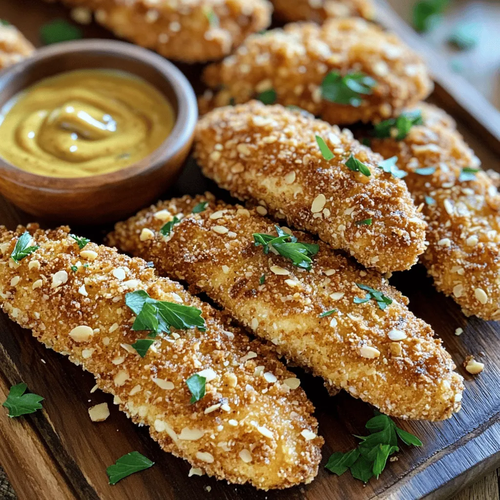 - 1 lb chicken tenderloins - 1 cup almond flour - 1/2 cup grated Parmesan cheese - 1 teaspoon garlic powder - 1 teaspoon onion powder - 1/2 teaspoon smoked paprika - 1/2 teaspoon salt - 1/4 teaspoon black pepper The chicken tenderloins are the star of this dish. They are juicy and cook quickly. Almond flour gives a nice crunch. Mixing it with Parmesan adds flavor and richness. The spices like garlic powder and onion powder enhance the taste. Smoked paprika gives a hint of warmth. Salt and pepper add balance. - Optional dipping sauces (e.g., honey mustard, yogurt-based dip) - Suggested side dishes (e.g., steamed vegetables, salad) Dipping sauces make this meal fun. Honey mustard adds sweetness, while a yogurt dip is cool and creamy. For sides, steamed vegetables add color and nutrition. A fresh salad keeps it light and crunchy. Together, they make a well-rounded meal. - Preheat your oven to 400°F (200°C). - Line a baking sheet with parchment paper. - Lightly grease the sheet with olive oil spray. - In a mixing bowl, combine: - 1 cup almond flour - 1/2 cup grated Parmesan cheese - 1 teaspoon garlic powder - 1 teaspoon onion powder - 1/2 teaspoon smoked paprika - 1/2 teaspoon salt - 1/4 teaspoon black pepper - Mix these dry ingredients well. - In another bowl, whisk together: - 2 large eggs - 2 tablespoons water - Make sure it's blended well. - Take each chicken tenderloin and dip it into the egg mixture. - Let any extra egg drip off. - Next, dredge the chicken in the almond flour mix. - Ensure the chicken is evenly coated. - Place the coated tenders on the prepared baking sheet. - If you want, lightly spray the tops with cooking oil for extra crispiness. - Bake the chicken tenders for 15-20 minutes. - Flip them halfway through baking. - Check if they are done when the coating is golden brown. - The chicken should be cooked through. - Let the tenders rest for a couple of minutes before serving. To get an even coat on your chicken tenders, follow these steps: - Use dry hands: Moisture can make the breading clump. - Press firmly: When coating, press the almond mix onto the chicken. This helps it stick. - Double dip: For a thicker crust, dip in egg, then in the almond mix again. To keep the coating crispy, consider these tips: - Bake on parchment: This prevents sticking and helps air circulate. - Spray lightly: A quick spray of oil on top before baking adds crispiness. - Avoid overcrowding: Space the tenders apart on the sheet for even cooking. For a delicious meal, pair your chicken tenders with tasty sides. Recommended condiments include: - Honey mustard - Yogurt-based dip - Barbecue sauce For sides, try: - Steamed vegetables - A fresh salad - Sweet potato fries For presentation, arrange the tenders on a platter. Garnish with fresh parsley for a bright touch. To prevent sogginess in the crust, always: - Ensure chicken is dry: Pat the tenders with a paper towel before breading. - Don’t skip the egg wash: This helps the coating adhere and stay crispy. For timing and temperature, keep these in mind: - Cook at 400°F (200°C) for best results. - Flip halfway: This ensures both sides get golden brown. - Check for doneness: Chicken should reach 165°F (75°C) inside. {{image_2}} To spice up your almond crusted chicken tenders, consider adding herbs or spices to the almond flour mix. Try dried oregano, thyme, or even cayenne pepper for a kick. These additions can change the taste and make it exciting. You can also swap the Parmesan cheese for other types. Grated cheddar or even a dairy-free cheese can add new flavors to your dish. Experiment to find your favorite combo! You have options for cooking these chicken tenders. Air frying gives a nice crisp without much oil. Set your air fryer to 400°F and cook for about 10-12 minutes. Flip halfway for even cooking. If you prefer a smoky flavor, grilling is great. Simply marinate the chicken tenders before grilling. This method adds a delicious char and depth to the flavor. For gluten-free options, you can replace almond flour with a gluten-free blend. This keeps the dish safe for those with gluten allergies. If you're looking for vegan options, substitute the chicken with tofu or tempeh. Use the same almond flour mix to coat. For the egg wash, mix ground flaxseed with water as a binder. This way, everyone can enjoy a tasty meal! To keep your almond crusted chicken tenders fresh, use airtight containers. Glass or plastic containers work well. Make sure the chicken tenders cool to room temperature before sealing. This helps avoid moisture buildup, which can make them soggy. You can store leftovers in the fridge for up to three days. If you want to keep them longer, freezing is a great option. Wrap each tender in plastic wrap, then place them in a freezer-safe bag. They can last up to three months in the freezer. Reheating chicken tenders without losing their crunch is key. Here are some methods to try: - Oven Method: Preheat your oven to 375°F (190°C). Place the tenders on a baking sheet. Heat for about 10-15 minutes. This helps restore their crispiness. - Microwave Method: If you're short on time, you can use the microwave. Place the tenders on a microwave-safe plate. Heat for 1-2 minutes, but be aware they may lose some crunch. - Air Fryer Method: This is my favorite way to reheat! Set your air fryer to 350°F (175°C). Heat the tenders for about 5-7 minutes. They will come out hot and crispy! No matter your choice, be sure to check the internal temperature. They should reach 165°F (74°C) before serving. Enjoy your delicious meal! Almond crusted chicken tenders stay fresh in the fridge for 3 to 4 days. Store them in an airtight container. This keeps them tasting great and safe to eat. If you want to keep them longer, consider freezing. Yes, you can prepare almond crusted chicken tenders ahead of time. To do this, coat the chicken and place it on the baking sheet. Cover the sheet with plastic wrap and store it in the fridge. When you are ready to bake, take them out and cook as usual. This recipe contains several common allergens. These include chicken, almonds, and eggs. Almond flour can be a problem for those with nut allergies. Parmesan cheese may cause reactions in some people who are lactose intolerant. Always check for allergies before serving. This blog post covered how to make delicious almond crusted chicken tenders. You learned about key ingredients, step-by-step instructions, and helpful tips. I also shared fun ways to customize this dish and how to store leftovers. This dish is tasty and easy to prep, making it great for meals. Enjoy experimenting with flavors and cooking methods to find your favorite. You'll love serving these chicken tenders to family or friends, and they’ll be asking for more.