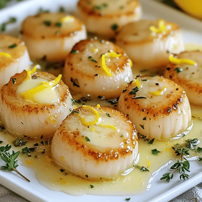 To make buttery lemon garlic scallops, you'll need these key ingredients: - 1 pound sea scallops, patted dry - 4 tablespoons unsalted butter - 3 cloves garlic, minced - Zest of 1 lemon - 2 tablespoons fresh lemon juice - 1 teaspoon fresh thyme leaves (or ½ teaspoon dried thyme) - Salt and pepper to taste - Fresh parsley, chopped (for garnish) These ingredients create a bright and rich dish. The scallops are the star. Drying them well helps achieve a nice sear. You might want to try these optional ingredients to enhance your dish: - A splash of white wine for depth - Red pepper flakes for heat - A pinch of smoked paprika for a hint of smokiness Adding these can change the flavor profile. Feel free to experiment! To cook your scallops effectively, gather these tools: - A large skillet, preferably non-stick - A spatula for flipping - Paper towels for drying scallops - A zester for the lemon - A sharp knife for mincing garlic Using the right tools makes cooking easier. It ensures you get the best results. Happy cooking! Start by drying the scallops. Use paper towels to pat them dry. This step helps create a nice sear. Ensure they are dry all over. Next, sprinkle a little salt and pepper on each scallop. This will boost the flavor. Heat a large skillet over medium-high heat. Add 2 tablespoons of butter. Let it melt until it foams and turns slightly brown. This gives the scallops a rich taste. Place the scallops in the pan. Arrange them in a single layer, leaving space between each. Sear them for about 2-3 minutes. Look for a golden crust. After that, flip the scallops carefully. Add the minced garlic, lemon zest, and the remaining butter. Cook for another 2 minutes. Baste the scallops with the melted butter and garlic. This infuses them with flavor. Remove the scallops from the pan. Place them on a serving plate. Squeeze fresh lemon juice over the top. This adds brightness and zest. Sprinkle fresh thyme leaves for an aromatic touch. Finally, garnish with chopped parsley. This gives a nice pop of color. Enjoy your beautifully cooked scallops! To get a nice sear on your scallops, start by drying them well. Use paper towels to remove moisture. Moisture prevents a good crust. Season them lightly with salt and pepper. A hot pan is key. Heat a skillet over medium-high heat. Add butter and wait until it foams and turns slightly brown. This step adds flavor. Place the scallops in a single layer. Make sure they don’t touch. This helps them cook evenly. Scallops cook fast. Watch them closely. Sear for 2-3 minutes on one side. Look for a golden crust. When you flip them, add minced garlic and lemon zest. Cook for another 2 minutes. When they are opaque, they’re ready. Remove them quickly. Overcooked scallops become rubbery. Keep an eye on the time. Enhance the flavor by adding herbs. Fresh thyme works well. You can also use a squeeze of lemon juice. This brightens the dish. For sides, consider a fresh salad or buttery mashed potatoes. These pair nicely. You could add a splash of white wine to the pan. It adds depth and richness. A sprinkle of chopped parsley gives color and freshness. Enjoy your meal! {{image_2}} You can change the flavor of your buttery lemon garlic scallops with different seasonings. Try adding a pinch of red pepper flakes for some heat. Fresh dill or basil can offer a fresh twist, too. For a smoky touch, use smoked paprika. You can also add a splash of white wine while cooking. This adds depth and a hint of acidity that pairs well with scallops. Buttery lemon garlic scallops shine when served with light sides. A fresh garden salad with a lemon vinaigrette complements the scallops nicely. For a heartier option, buttery mashed potatoes are a great choice. You could also serve them with steamed asparagus or sautéed spinach. These sides provide balance and enhance the meal's flavors. Experimenting with sauces can elevate your scallops. A creamy garlic sauce adds richness. To make it, simply mix heavy cream with garlic and a squeeze of lemon. A tangy mango salsa can brighten up your dish, adding sweetness and acidity. For a classic touch, serve the scallops with a beurre blanc sauce, which is rich and buttery. Each sauce brings a unique flair to the dish. To keep your leftover scallops fresh, place them in an airtight container. Make sure to store them in the fridge. They will stay good for up to two days. If you notice any strange smell or change in color, do not eat them. Always trust your senses. Reheating scallops can be tricky. You want to keep them tender and juicy. The best way is to use a skillet. Heat a little butter over medium heat. Add the scallops and cook for about one minute on each side. This will help them regain some of their flavor. Avoid using a microwave, as it can make them rubbery. Freezing scallops is an option if you want to save them for later. First, make sure they are completely dry. Then, place them in a freezer bag. Remove as much air as possible before sealing. You can freeze them for up to three months. When you're ready to use them, let them thaw in the fridge overnight. This keeps the texture nice. You can serve Buttery Lemon Garlic Scallops with a few tasty sides. Fresh salad pairs well, adding a crisp touch. Buttery mashed potatoes create a rich, creamy contrast. You might also enjoy serving them with garlic bread to soak up the yummy sauce. For a light option, steamed asparagus or green beans add color and flavor. Feel free to mix and match these sides based on your taste. Scallops cook quickly. They are done when they turn golden brown on the outside. The inside should be opaque and firm, not rubbery. A good rule is to cook them for 2-3 minutes on each side. If you see a nice crust, it’s time to flip them. Trust your eyes and your nose; they should smell divine when ready! Yes, you can use frozen scallops. However, you should thaw them first. Place them in the fridge overnight or run them under cold water for quicker thawing. After thawing, pat them dry to get a good sear. Frozen scallops may not have the same fresh taste, but they can still be delicious if cooked properly. This blog post explored how to make Buttery Lemon Garlic Scallops. We discussed essential ingredients and helpful kitchen tools. You learned step-by-step instructions to prepare and cook scallops just right. I shared tips to avoid overcooking and enhance flavors. Variations and storage tips help you keep leftovers fresh. Overall, these scallops are simple yet tasty. With practice, you’ll impress anyone at dinner. Enjoy your cooking journey!