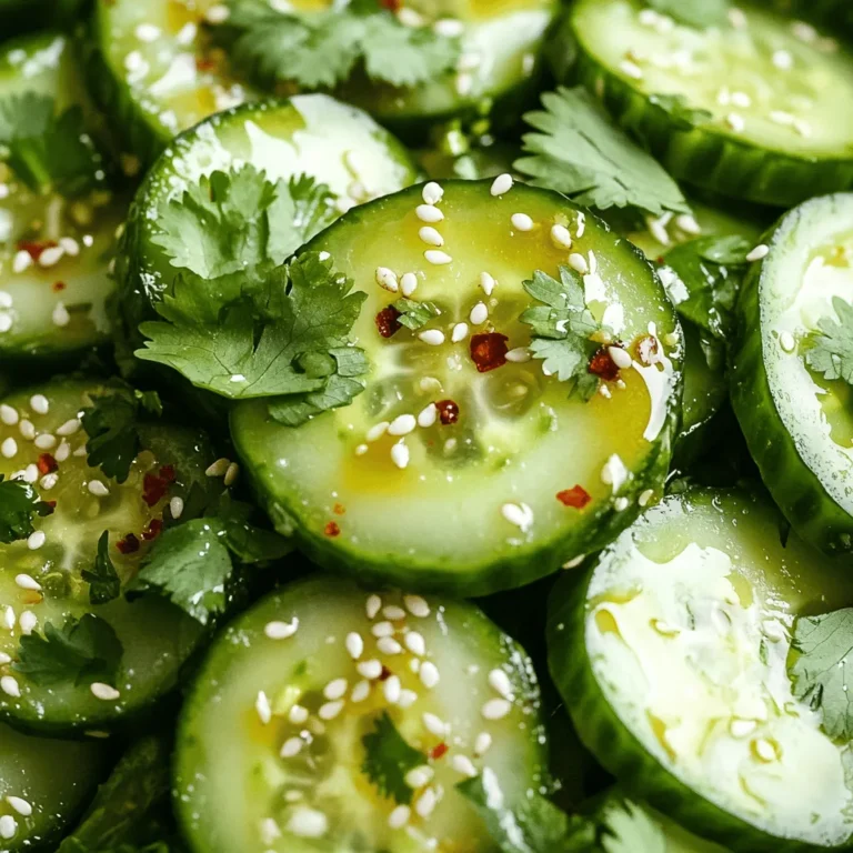 - Cucumbers: 3 medium cucumbers - Dressing Components: - 1 tablespoon sesame oil - 1 tablespoon rice vinegar - 1 tablespoon soy sauce - 1 teaspoon chili paste (adjust to taste) - 1 teaspoon sugar - Garnishes: - 2 tablespoons sesame seeds - 1 tablespoon chopped fresh cilantro - 1 teaspoon crushed red pepper flakes (optional for extra heat) You start with three medium cucumbers. I love using fresh, crunchy cucumbers for their crisp texture. Next, gather the dressing components. You need sesame oil, rice vinegar, soy sauce, chili paste, and sugar. These ingredients make a rich, zesty sauce. For garnishes, I suggest sesame seeds and fresh cilantro. They add a nice touch. If you like heat, add crushed red pepper flakes. This salad brings a balance of flavors and textures that you will enjoy. 1. Start by washing the cucumbers. Rinse them under cold water. 2. Cut off both ends of the cucumbers. Slice them into thin rounds or half-moons. Choose whichever you like best. 3. Place the cucumber slices in a colander. Sprinkle with 1 teaspoon of salt. Let them sit for about 15 minutes. This step helps draw out excess water. 4. After 15 minutes, rinse the cucumbers with cold water. Pat them dry with paper towels. 5. In a bowl, whisk together: - 1 tablespoon sesame oil - 1 tablespoon rice vinegar - 1 tablespoon soy sauce - 1 teaspoon chili paste - 1 teaspoon sugar Mix until the sugar dissolves and everything combines well. 1. Now, add the dry cucumber slices to the bowl with the dressing. 2. Toss gently to coat the cucumbers evenly in the sauce. Make sure each slice gets some flavor. 3. Next, sprinkle 2 tablespoons of sesame seeds over the cucumbers. If you like heat, add 1 teaspoon of crushed red pepper flakes. Toss lightly once more to mix. 1. Allow the salad to sit for at least 10 minutes. This step lets the flavors meld together. 2. Finally, transfer the salad to a serving dish. Garnish with 1 tablespoon of chopped fresh cilantro. Enjoy your fresh and zesty delight! To make your cucumbers nice and crisp, slicing is key. Use a sharp knife to cut them into thin rounds or half-moons. Thin pieces soak up the dressing well and give a great crunch. Salting cucumbers is crucial. After slicing, sprinkle them with salt and let them sit in a colander for about 15 minutes. This draws out extra water, making them crunchier. After 15 minutes, rinse and pat them dry to remove excess salt and moisture. You can control the heat in your salad by adjusting the chili paste. Start with one teaspoon, then taste. If you like it spicier, add more chili paste a little at a time. For a milder flavor, replace chili paste with a small amount of sweet chili sauce. This keeps some sweetness while lowering heat. You can also skip the crushed red pepper flakes if you prefer no heat at all. To boost flavors, consider adding extra ingredients. Thinly sliced bell peppers or shredded carrots add color and crunch. Chopped green onions also bring a fresh taste. Herbs and spices can elevate the dish. Fresh mint or basil gives a nice twist. You can also sprinkle in some garlic powder for an aromatic kick. Each addition can make your salad unique and exciting! {{image_2}} For a fun twist, try adding more than just cucumbers. You can include: - Carrots: Shredded for a crunch. - Bell Peppers: Thinly sliced for sweetness. - Radishes: For a peppery bite. You can also mix up the dressing. Instead of soy sauce, use: - Tamari: Great for gluten-free diets. - Apple Cider Vinegar: For a fruity note. Experimenting with these ingredients keeps your salad exciting! If you need gluten-free options, swap soy sauce for tamari. This keeps the flavor while making it safe for those with gluten issues. For a vegan version, ensure your chili paste is vegan-friendly. Most brands are, but it’s good to check. This salad pairs well with proteins. Try it alongside: - Grilled Chicken: A classic choice. - Tofu: For a plant-based meal. - Shrimp: Adds a nice touch of seafood. To create a full meal, serve it with sides like: - Steamed Rice: Balances the spice. - Quinoa: For a healthy grain option. - Edamame: A fun finger food. These ideas let you enjoy the salad in different ways! To keep your spicy sesame cucumber salad fresh, store it in an airtight container. This helps prevent moisture loss and keeps the flavors intact. I recommend using glass containers. They do not absorb smells and are easy to clean. If you use plastic, make sure it is BPA-free. For the best taste, eat the salad within a day or two. However, if you have leftovers, you can still enjoy them. Just make sure to keep the dressing separate until you are ready to serve. This way, the cucumbers stay crisp and crunchy. The salad lasts about 2 to 3 days in the fridge. After that, the cucumbers become soggy and lose their crunch. Always check for signs of spoilage. If you see any mold or the salad smells off, it’s best to toss it out. If the cucumbers look wilted or mushy, do not eat them. Can I make this salad in advance? Yes, you can make this salad ahead of time. Just store it in the fridge. The cucumbers will stay crisp if you keep the dressing separate until serving. Is this salad suitable for meal prep? Absolutely! This salad is perfect for meal prep. You can pack it in containers for lunch or snacks. Just remember to add the dressing later to keep the cucumbers fresh. What can I serve with Spicy Sesame Cucumber Salad? This salad pairs well with grilled chicken, fish, or tofu. You can also serve it with rice or noodles for a complete meal. Is it possible to use other kinds of vinegar? Yes, you can use other vinegars. Apple cider vinegar or white wine vinegar can work well. Each will add a different flavor to your salad. Overview of calories and macros This salad is light and healthy. Each serving has about 100 calories. It has low fat and carbs, making it a great choice for a snack or side. Health benefits of key ingredients Cucumbers are hydrating and low in calories. Sesame oil provides healthy fats. Rice vinegar may help with digestion. Together, they create a nutritious salad. What to do if my salad is too salty? If your salad is too salty, try adding more cucumbers. You can also add a bit of sugar or more vinegar to balance the flavor. How to fix a dressing that’s too thick or too thin? If the dressing is too thick, whisk in a little water or more vinegar. If it's too thin, add a bit more sesame oil or sugar for thickness. This blog post walks you through making Spicy Sesame Cucumber Salad. We covered ingredients, preparation, and combining them to create a delicious dish. I shared tips for crispy cucumbers and flavor enhancements. You can also explore variations and storage tips for freshness. Remember, experimenting with ingredients can lead to new flavors. Enjoy making this salad and let it shine alongside your favorite meals. Simple, tasty, and fun—that’s what this salad is all about!