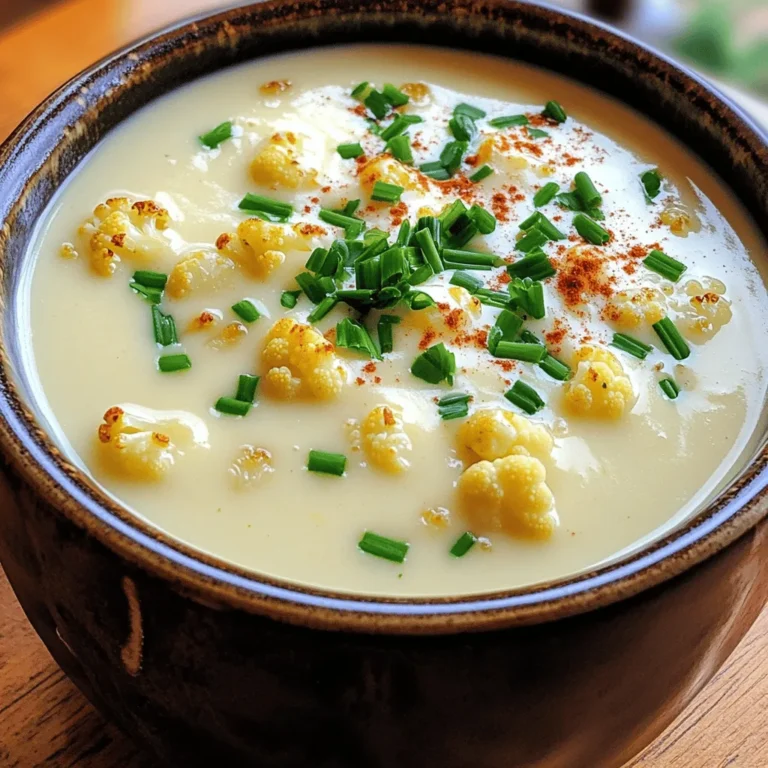 To make creamy roasted cauliflower soup, you need a few key items. Here are the must-haves: - 1 large head of cauliflower, chopped into florets - 1 medium onion, diced - 3 cloves of garlic, minced - 4 cups vegetable broth - 1 cup coconut milk - 2 tablespoons olive oil - 1 teaspoon ground cumin - 1 teaspoon smoked paprika - Salt and pepper to taste - Fresh chives or parsley for garnish These ingredients create a rich and creamy base. The cauliflower gives the soup its smooth texture. The coconut milk adds a lovely creaminess. Garlic and onion boost the flavor profile, making it truly delicious. If you want to spice things up, consider adding these optional ingredients: - A squeeze of lemon juice for brightness - A pinch of red pepper flakes for heat - Toasted nuts for crunch These extras enhance the soup's taste. A splash of lemon juice can brighten the dish. Red pepper flakes bring a nice kick. Nuts add a fun texture contrast. This recipe is quite flexible for various diets. For a vegan option, confirm the broth is plant-based. If you prefer a low-carb version, you can use vegetable stock instead of broth. If coconut is not your thing, you can swap coconut milk for almond milk or any dairy-free cream. Always check labels if you have allergies. These adaptations help everyone enjoy this tasty soup. Start by preheating your oven to 425°F (220°C). This helps the cauliflower roast evenly. Next, take a large head of cauliflower and chop it into florets. This size allows for even cooking and a great texture. On a baking sheet, toss the chopped florets with 1 tablespoon of olive oil, salt, and pepper. Make sure to coat all the pieces well. Spread them out evenly on the sheet. Roast the cauliflower in the oven for 25 to 30 minutes. Turn the florets halfway through to ensure they brown nicely. While the cauliflower roasts, you can prepare the aromatics. In a large pot, heat the remaining tablespoon of olive oil over medium heat. Add the diced onion and let it cook for about 5 to 7 minutes. You want the onion to become translucent. Then, stir in the minced garlic, ground cumin, and smoked paprika. Cook these for 2 more minutes until the aroma fills your kitchen. Once the cauliflower is done, add it to the pot along with 4 cups of vegetable broth. Bring the mixture to a simmer and let it cook for 10 minutes. This step allows all the flavors to blend together. After that, use an immersion blender to blend the soup until it is smooth. If you do not have one, you can carefully transfer the mixture to a blender in batches. Once your soup is creamy and smooth, stir in 1 cup of coconut milk. This gives the soup a rich texture and adds flavor. Season the soup with salt and pepper to taste. If you want, you can heat it over low heat until warmed through. For serving, ladle the soup into bowls and garnish with fresh chives or parsley. This adds a pop of color and a hint of freshness. Enjoy your creamy roasted cauliflower soup hot! Roasting cauliflower gives it a great flavor. Start by cutting the cauliflower into even florets. This helps them cook at the same rate. Toss the florets with olive oil, salt, and pepper. Spread them out on your baking sheet. Make sure they are not crowded; this helps them roast evenly. Roast at 425°F for 25-30 minutes. Turn them halfway for even browning. Look for a golden brown color. This adds a nice depth to your soup. Blending is key to getting a creamy texture. I suggest using an immersion blender for ease. Just place it directly in the pot and blend until smooth. If you use a regular blender, let the soup cool slightly first. Blend in small batches to avoid spills. Add the coconut milk after blending for extra creaminess. This will help create a rich and velvety soup. Garnishing adds color and flavor to your soup. Fresh chives or parsley work well. They add a nice pop of green. You can also drizzle some olive oil on top for richness. For a spicy kick, sprinkle some red pepper flakes. Croutons add a nice crunch. You can even add a squeeze of lemon juice for brightness. Get creative! {{image_2}} To make this soup vegan, simply use coconut milk. It adds creaminess without dairy. You can also swap vegetable broth for water if needed. This keeps the soup light and fresh. You can boost the soup's nutrition by adding more veggies. Consider carrots, celery, or spinach. They blend well and add more flavor. Just roast them with the cauliflower. This way, you keep the taste rich and healthy. You can change the soup's flavor with different herbs and spices. Try fresh thyme or rosemary for a herbal touch. A pinch of chili flakes adds a nice kick. Each adds a unique twist to your soup. Experiment and find your favorite mix! To store leftover creamy roasted cauliflower soup, let it cool first. Pour the soup into an airtight container. Make sure to leave some space at the top. This allows for expansion when freezing. Store the container in the fridge for up to three days. If you want to keep it longer, freezing is a great option. To freeze this soup, follow these steps. First, cool the soup completely. Then, use freezer-safe containers or bags. Label the containers with the date. You can freeze the soup for up to three months. When you're ready to eat it, just thaw it in the fridge overnight. When reheating the soup, do it slowly. Pour it into a pot over low heat. Stir often to help it warm evenly. If the soup seems too thick, add a splash of vegetable broth or water. This will help bring back its creamy texture. Enjoy your soup warm and delicious! To keep your leftover soup fresh, place it in an airtight container. Make sure to cool it first before sealing. This keeps the soup tasty and safe. Store it in the fridge for up to five days. You can also freeze it for longer storage. Yes, you can use whole milk in place of coconut milk. This swap will change the flavor a bit. Coconut milk gives a creamy texture and a hint of sweetness. Whole milk will make the soup rich too but without the coconut taste. Creamy roasted cauliflower soup lasts about five days in the fridge. Ensure it is in a sealed container. Always check for any signs of spoilage before eating. If it smells off or shows mold, it's best to toss it. This soup pairs well with many sides. Try a fresh salad for crunch. Crusty bread is a great choice for dipping. You can also serve it with a grilled cheese sandwich for a cozy meal. Yes, you can make this soup ahead of time. It tastes even better after resting. Just cool it down, store it in the fridge, and reheat before serving. It’s a great option for meal prep on busy days. This article explored how to make creamy roasted cauliflower soup. We discussed the key ingredients, cooking steps, and tips to enhance flavor. You learned about dietary options, variations, and how to store leftovers properly. Whether you prefer it vegan or with added veggies, there's a version for everyone. Enjoy this warm, comforting soup as a delightful meal or snack. Each bowl offers rich taste and nutrition, making it a great choice for any day. Dive in and let your cooking shine!
