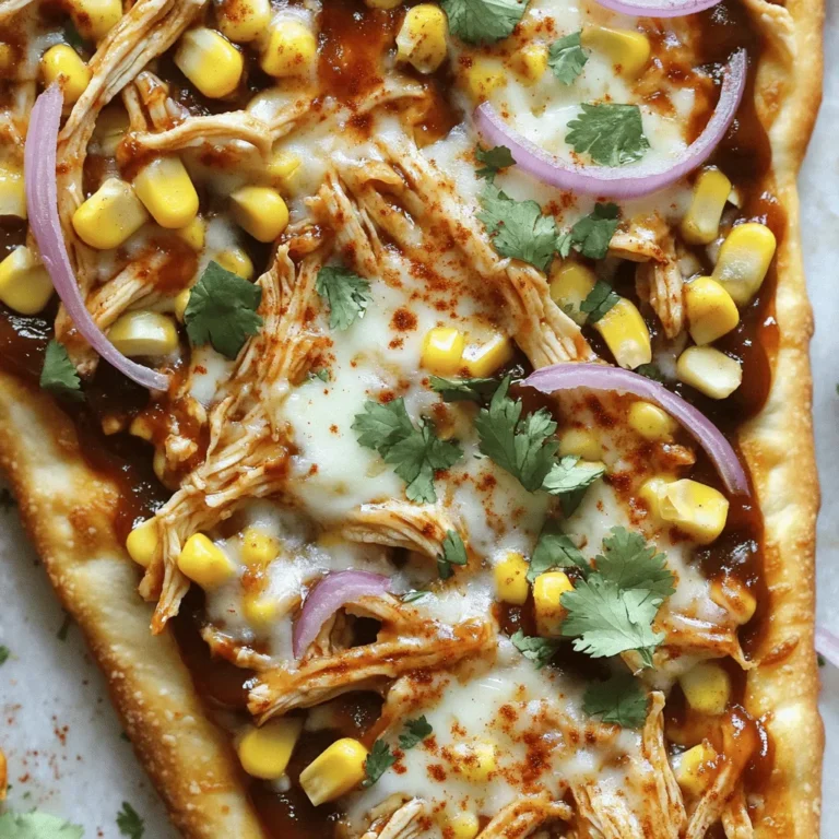- Flatbreads and Chicken - 2 flatbreads (store-bought or homemade) - 1 cup cooked chicken, shredded - BBQ Sauce and Cheese - 1/2 cup BBQ sauce (your favorite brand) - 1 cup shredded mozzarella cheese - Vegetables and Seasonings - 1/2 cup red onion, thinly sliced - 1/2 cup corn kernels (canned or frozen) - 1/4 cup fresh cilantro, chopped - 1/4 teaspoon smoked paprika - Olive oil for brushing - Salt and pepper to taste When I make BBQ chicken flatbread pizza, I love the mix of flavors. The flatbread acts as a perfect base. You can use store-bought or homemade flatbread. I like to keep it simple and quick. The chicken should be cooked and shredded. I often use leftovers from a roast chicken. It saves time and adds flavor. The BBQ sauce brings a sweet and tangy taste. Choose your favorite brand for the best results. For cheese, mozzarella melts beautifully. It gives that gooey texture we all love. I usually add a good cup of shredded mozzarella to cover the chicken. The veggies add crunch and color. Thin slices of red onion give a sweet bite. Corn kernels add a nice pop of sweetness. I often use canned corn, but frozen works too. Lastly, seasonings bring everything together. Smoked paprika adds a hint of smoke. Salt and pepper enhance all the flavors. I love to brush the flatbreads with olive oil. It helps them crisp up nicely in the oven. Gather all these ingredients, and you’re ready to make a tasty BBQ chicken flatbread pizza! Start by preheating your oven to 425°F (220°C). This step is key to getting that crispy crust. While the oven heats, gather your ingredients. You need two flatbreads, cooked chicken, BBQ sauce, and cheese. I use shredded mozzarella for the best melt. Don't forget the red onion and corn for crunch. Grab some fresh cilantro for a bright finish. Finally, have smoked paprika, salt, and pepper on hand for extra flavor. Now, let’s put it all together. Place the flatbreads on a baking sheet lined with parchment paper. This helps with clean-up later. Brush a light layer of olive oil on each flatbread. This step makes the edges nice and crispy. In a bowl, mix the shredded chicken with your BBQ sauce until it’s well coated. Spread this BBQ chicken mix evenly over the flatbreads. Then, sprinkle your shredded mozzarella cheese on top. Next, add the sliced red onion and corn. Finally, season with smoked paprika, salt, and pepper for extra taste. Time to bake! Place the baking sheet in your preheated oven. Let the flatbreads bake for about 12-15 minutes. Watch for the cheese to melt and bubble. The edges should turn a lovely golden brown. Once they look perfect, take them out and let them cool for a couple of minutes. Before you slice, garnish with chopped fresh cilantro. This adds a fresh touch and makes it look great! To get that perfect texture, start with your flatbreads. I recommend using store-bought flatbreads for ease and quick prep. Brush them lightly with olive oil. This helps them crisp up nicely in the oven. Bake at 425°F (220°C) until the edges turn golden brown. This step is key for a great bite. Enhance the flavor by mixing smoked paprika into your BBQ chicken. It adds a subtle smokiness that pairs well with the sauce. Don't forget to season with salt and pepper! A little goes a long way. Top with fresh cilantro after baking for a bright finish. This adds color and a fresh taste that really pops. Feel free to customize this pizza! Add more veggies like bell peppers or jalapeños for extra crunch and heat. You can swap out the chicken for pulled pork or even tofu for a vegetarian option. Use different cheeses too, like cheddar or pepper jack, for a unique twist. Make it your own and have fun experimenting! {{image_2}} You can swap the chicken for other proteins. Try using pulled pork for a smoky twist. Shredded beef also works well. If you enjoy seafood, use shrimp tossed in BBQ sauce. Each option adds a unique taste to your flatbread pizza. For a vegetarian version, skip the meat entirely. Use marinated tofu or tempeh for protein. Roasted vegetables like bell peppers and zucchini add great flavor. You can also add black beans for a hearty touch. These swaps keep your pizza tasty and filling. Not all BBQ sauces are the same. You can change the sauce to match your taste. Try a sweet sauce for a hint of caramel. For a kick, use a spicy sauce with jalapeños. You can even mix sauces, like BBQ and hot sauce, for a new flavor. Experimenting with sauces helps you find your favorite taste. To keep your BBQ chicken flatbread pizza fresh, wrap it well. Use plastic wrap or aluminum foil. You can also place it in an airtight container. Store it in the fridge for up to three days. This way, you can enjoy it later without losing flavor. If you want to save your pizza for longer, freezing works great. First, let the pizza cool completely. Then, wrap it in plastic wrap tightly. Follow with aluminum foil for extra protection. Label it with the date. Store it in the freezer for up to two months. When ready to eat, you can thaw it overnight in the fridge. Reheating your BBQ chicken flatbread pizza is easy. Preheat your oven to 350°F (175°C). Place the pizza on a baking sheet. Heat it for about 10-15 minutes. This makes the crust crispy again and warms the toppings. If you're in a hurry, you can microwave it for 1-2 minutes, but the crust won't be as crispy. Enjoy your tasty pizza! For BBQ Chicken Flatbread Pizza, I like using thin, crispy flatbreads. You can use store-bought options like naan or pita. Homemade flatbreads are great too, but make sure they are thin. Thicker flatbreads may not crisp up well in the oven, which can change the texture. Yes, you can prepare BBQ Chicken Flatbread Pizza ahead of time. Mix the chicken and BBQ sauce and store them in the fridge. Assemble the flatbreads just before baking. This helps keep the flatbread from getting soggy. You can also bake them fully and reheat later, but they may lose some crispiness. I love serving BBQ Chicken Flatbread Pizza with a fresh side salad. A simple green salad with ranch dressing pairs well. You can also try coleslaw for a crunchy contrast. Veggie sticks with dip make a fun side too. If you want something warm, baked sweet potato fries are a hit! This blog post covered how to make BBQ Chicken Flatbread Pizza. We explored the key ingredients, like flatbreads, chicken, and BBQ sauce. I shared step-by-step instructions for baking and tips to get the best taste. You learned about variations and how to store leftovers. Try this easy recipe and enjoy flavorful meals. Don’t hesitate to adapt it to fit your taste. Cooking can be fun and rewarding, so get started today!