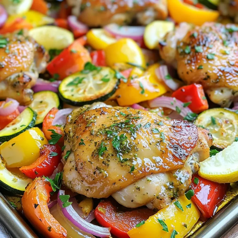 - 4 boneless, skinless chicken thighs - 2 lemons (zested and juiced) - 3 tablespoons olive oil - 4 cloves garlic, minced - 1 teaspoon dried oregano - 1 teaspoon dried thyme - Salt and pepper to taste - 1 red bell pepper, chopped - 1 yellow bell pepper, chopped - 1 zucchini, sliced - 1 red onion, sliced - Fresh parsley for garnish Using fresh herbs and spices makes a big difference. They add bright flavors and aromas to the dish. Fresh ingredients also help to enhance the taste of the chicken and veggies. I always choose organic vegetables when I can. They tend to be more flavorful and healthier. If you want to change the chicken, you can use breasts or drumsticks. Both work well in this recipe. For veggies, feel free to swap in carrots or broccoli. They roast nicely and add different tastes. First, preheat your oven to 425°F (220°C). This step warms up the oven for even cooking. Next, grab a large bowl. Combine the lemon juice, lemon zest, olive oil, minced garlic, oregano, thyme, salt, and pepper. Whisk it all together until it blends well. Now, add the chicken thighs to the bowl. Make sure they are well-coated in the marinade. Let them sit for at least 15 minutes. If you have time, marinate for up to 2 hours for deeper flavor. While the chicken marinates, prepare the veggies. In another bowl, toss the chopped bell peppers, zucchini, and red onion. Drizzle with olive oil, salt, and pepper. Mix them well to coat. Now, take a large sheet pan. Arrange the marinated chicken thighs in the center. Spread the veggies around the chicken evenly. This setup ensures all ingredients cook together. Place the sheet pan in the preheated oven. Bake for 25 to 30 minutes. The chicken should reach an internal temperature of 165°F (75°C). You can check this with a meat thermometer. The veggies should be tender and slightly caramelized. Once cooked, take the sheet pan out of the oven. Let it rest for a few minutes before serving. This helps the juices settle in the chicken, keeping it juicy and tasty. For the best flavor, marinate the chicken for 15 minutes at least. If you have time, let it sit for up to 2 hours. This extra time helps the chicken soak up the lemon and herbs. If you're short on time, use a fork to poke holes in the chicken. This allows the marinade to get deeper into the meat quickly. To avoid overcooking the veggies, cut them into similar sizes. This ensures they cook evenly. Also, remember that bell peppers and zucchini cook faster than chicken. Keep an eye on them. To ensure the chicken remains juicy, bake it until it reaches 165°F (75°C). Use a meat thermometer to check. Let the chicken rest for a few minutes after baking. This keeps the juices inside. Serve the dish directly from the sheet pan for a rustic look. It makes for an easy cleanup and fun presentation. For extra color, garnish with fresh parsley and lemon wedges. This adds a pop of brightness and makes your meal look beautiful. Enjoy this vibrant dish with friends or family! {{image_2}} You can change the flavor of your dish easily. Try adding fresh herbs like basil or rosemary. They add a nice twist. You can also use spices like paprika or cumin for warmth. For a citrus twist, swap lemons for limes or oranges. Each option gives you a new taste to enjoy. Seasonal veggies can brighten up your meal. Think about using asparagus, carrots, or sweet potatoes. They roast well and taste great. You can mix and match your favorite veggies too. Just cut them into similar sizes for even cooking. This way, you get a colorful and tasty mix. You can also grill your chicken and veggies for a smoky flavor. Just marinate them as usual, then place them on a hot grill. Cook until the chicken is done and the veggies are charred. If you prefer a slow cooker, add everything in the pot. Cook on low for 6-8 hours or high for 3-4 hours. You'll have tender chicken and soft veggies with less fuss. To store leftovers, place the chicken and veggies in an airtight container. This keeps them fresh. You can store cooked chicken and veggies for up to three days in the fridge. Make sure they cool down before placing them inside. The best way to reheat this dish is in the oven. Preheat your oven to 350°F (175°C) and place the food on a baking sheet. Cover it with foil to keep it moist. You can also use the microwave, but it may dry out the chicken. Use glass or microwave-safe containers for reheating. You can freeze both cooked and uncooked versions of this dish. For cooked chicken and veggies, let them cool completely. Then, place them in freezer bags, removing as much air as possible. For uncooked chicken, freeze it in the marinade for extra flavor. To thaw, place in the fridge overnight before cooking or reheating. To ensure your chicken is cooked through, check its internal temperature. The chicken must reach 165°F (75°C). This temperature kills harmful bacteria. Look for clear juices running from the chicken. No pink meat should be visible. If you see any pink, cook it a bit longer. Yes, you can use frozen chicken, but it needs thawing first. Thaw it in the fridge overnight for best results. You can also use cold water for quicker thawing. If you cook from frozen, add about 50% more time. Always check that it reaches 165°F (75°C). You can add many tasty vegetables. Here are some great options: - Carrots - Broccoli - Asparagus - Sweet potatoes - Brussels sprouts Each vegetable has its own cooking time. Soft veggies like zucchini cook fast. Harder ones like carrots will take longer. Adjust the cooking times as needed to keep them tender. To get crispy skin, dry the chicken well before cooking. You can rub olive oil on the skin. Season it well with salt. For extra crispiness, switch your oven to broil for the last few minutes. Keep a close eye to avoid burning. You can find the full recipe for Sheet Pan Lemon Herb Chicken and Veggies above. It includes all the steps and tips to make this dish a success. Enjoy cooking! This blog post covered a delicious chicken dish made with fresh ingredients. We discussed the necessary ingredients, their quality, and some handy substitutions. You learned step-by-step instructions for preparation and cooking, along with tips for marinating and presentation. We explored variations to customize flavors and cooking methods. Lastly, I shared storage tips and answers to common questions. Embrace these ideas and recipes to create meals that wow. Enjoy the cooking journey!