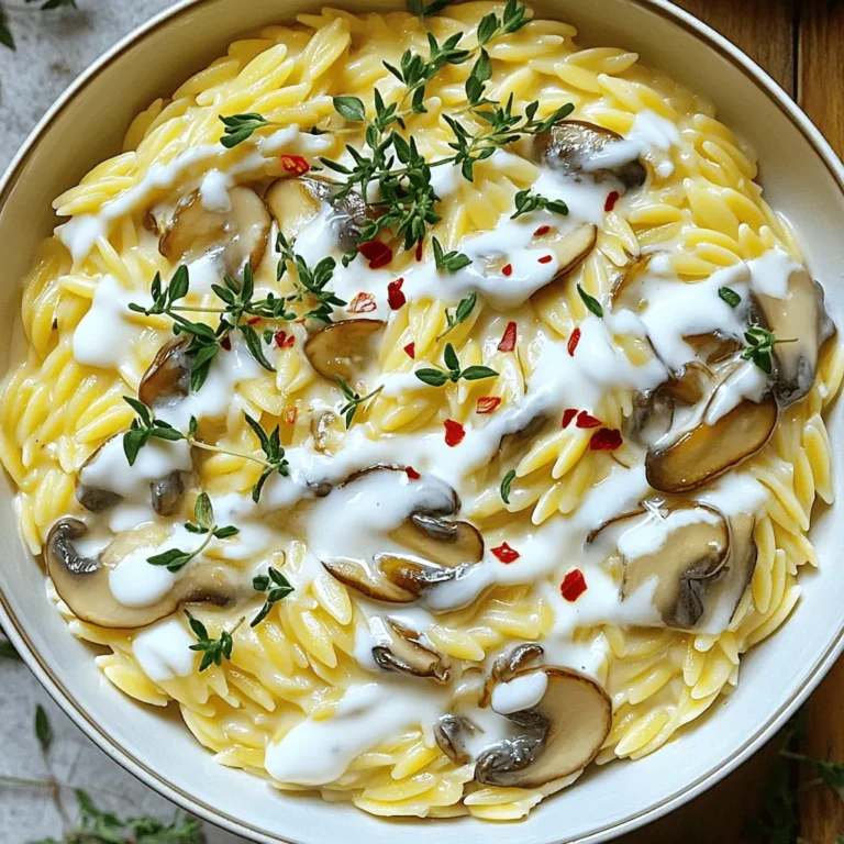 To make creamy garlic mushroom orzo, gather these ingredients: - 1 cup orzo pasta - 2 tablespoons olive oil - 3 cloves garlic, minced - 8 ounces mushrooms, sliced (use a mix of cremini and shiitake for unique flavor) - 1 cup vegetable broth - 1 cup heavy cream (or coconut cream for a dairy-free option) - 1/2 cup grated Parmesan cheese (or nutritional yeast for a vegan option) - 1 tablespoon fresh thyme leaves - Salt and pepper to taste - Fresh parsley, chopped (for garnish) You can switch some ingredients to fit your taste or diet. - For orzo, use any small pasta like ditalini or couscous. - Olive oil can be replaced with butter for a richer flavor. - Any mushrooms work well, like button mushrooms or portobello. - If you want a lighter option, use half-and-half instead of heavy cream. - You can swap Parmesan cheese with nutritional yeast for a vegan dish. - Fresh thyme can be replaced with dried thyme, but use less. This dish serves four. Each serving has roughly: - Calories: 400 - Protein: 12 grams - Carbohydrates: 45 grams - Fat: 20 grams - Fiber: 2 grams These numbers can change based on the substitutions you choose. Start by boiling salted water in a large pot. Add 1 cup of orzo pasta. Cook it until it's al dente, which means it should be firm yet tender. This takes about 8 to 10 minutes. Once cooked, drain the orzo in a colander and set it aside. This step is important for the final dish. In the same pot, heat 2 tablespoons of olive oil over medium heat. Add 3 cloves of minced garlic. Sauté for about 1 minute. You want the garlic to be fragrant, not burned. Next, add 8 ounces of sliced mushrooms. A mix of cremini and shiitake mushrooms works best. Cook these for about 5 to 7 minutes. They should become soft and brown. This process builds a great flavor base for your sauce. Pour in 1 cup of vegetable broth. Let it simmer for about 2 minutes. This reduces the broth slightly, enhancing the flavor. Now, stir in 1 cup of heavy cream. Bring this mixture to a gentle simmer. Fold in the drained orzo along with 1/2 cup of grated Parmesan cheese. Mix everything well. Add in 1 tablespoon of fresh thyme leaves. Season with salt and pepper to taste. Cook for an additional 2 to 3 minutes, stirring occasionally. This lets the flavors meld together, creating a creamy texture. Finally, remove from heat and garnish with chopped fresh parsley. This adds a nice touch before serving. To get that rich, creamy texture, use heavy cream. This adds depth and richness. If you prefer a lighter option, try coconut cream. It gives a nice flavor without dairy. Stir the cream in gently. This helps keep it smooth and luscious. Boost the taste with fresh herbs. Thyme adds a lovely aroma. You can also use rosemary or basil for a twist. Want a little kick? Add red chili flakes when serving. For a cheesy flavor without dairy, use nutritional yeast. It blends well and tastes great! Serve the orzo in shallow bowls for a beautiful look. Drizzle extra cream sauce on top for a touch of elegance. Sprinkle extra thyme and parsley for color and freshness. For a spicy twist, add a few red chili flakes on top. This makes your dish pop! {{image_2}} You can easily make this dish vegan. Swap the heavy cream for coconut cream. It gives a rich flavor and texture. Replace Parmesan cheese with nutritional yeast for a cheesy taste without dairy. This keeps the dish creamy and delicious. Want to make it heartier? Add some protein. Grilled chicken or shrimp complements the orzo well. For a plant-based option, try chickpeas or lentils. These choices boost protein and add great flavor. Just mix them in when you combine the orzo and sauce. Fresh veggies can change the dish's vibe. In spring, use asparagus or peas for a bright taste. In the fall, add roasted butternut squash or spinach. These veggies not only taste great but also make your meal colorful and nutritious. Feel free to experiment with your favorites! Let your creamy garlic mushroom orzo cool before storing. Use an airtight container to keep it fresh. Place the leftovers in the fridge. They will stay good for about 3 days. To reheat, add the orzo to a pot over low heat. Stir in a splash of broth or cream for moisture. Heat until warm, stirring often. You can also microwave it in a bowl. Cover it with a damp paper towel to keep it moist. Heat in 30-second bursts, stirring in between. You can freeze creamy garlic mushroom orzo for up to 3 months. Use a freezer-safe container, leaving space for expansion. Thaw it in the fridge overnight before reheating. Remember, the texture may change slightly after freezing, but it will still taste delicious. Yes, you can use other pasta types. Small shapes like ditalini or acini di pepe work well. Just be sure to adjust the cooking time as needed. Each pasta type offers a different texture, which can change the dish's feel. To make creamy garlic mushroom orzo gluten-free, swap orzo with gluten-free pasta. Look for options made from rice or quinoa. Ensure all other ingredients, like the broth and cream, are also gluten-free. This way, you can enjoy the same great taste without gluten. Creamy garlic mushroom orzo pairs well with many sides. Try serving it with a fresh salad or steamed vegetables. Grilled chicken or fish adds protein, making the meal more filling. You can also serve warm bread for a cozy touch. This blog post covered everything you need to make creamy garlic mushroom orzo. We looked at ingredients, cooking steps, and clever tips. I shared variations for diets and storage hacks. Remember, you can switch ingredients and make this dish your own. Your taste and creativity shine through in the kitchen. Enjoy your cooking, and don't hesitate to explore new flavors!